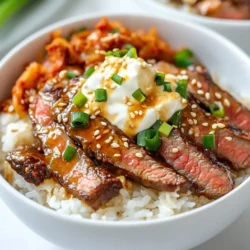 - 1 lb flank steak, thinly sliced - 1 cup jasmine rice - 1 cup kimchi, chopped - 1/4 cup green onions, sliced - 2 tablespoons soy sauce - 1 tablespoon sesame oil - 2 tablespoons brown sugar - 2 cloves garlic, minced - 1 tablespoon ginger, grated - 1 tablespoon gochujang (Korean chili paste) - 1/2 cup sour cream - 1 tablespoon sriracha - Salt and pepper to taste The key to making delicious Korean BBQ steak rice bowls lies in the ingredients. Let's break down each group. The main ingredients include flank steak, jasmine rice, kimchi, and green onions. Flank steak is tender and rich in flavor. Jasmine rice adds a nice touch of sweetness and texture. Kimchi brings spice and tang, while green onions add fresh crunch. For the marinade, we need soy sauce, sesame oil, brown sugar, minced garlic, grated ginger, and gochujang. This mix creates a sweet and savory flavor. It enhances the steak's taste and adds depth to the dish. The spicy cream sauce uses sour cream, sriracha, and salt and pepper. This sauce gives a creamy and spicy kick. Adjust the sriracha to suit your taste. More sriracha makes it hotter. These ingredients come together to create a simple yet satisfying dish that is sure to impress. {{ingredient_image_1}} To marinate the steak, gather the marinade ingredients. You will need soy sauce, sesame oil, brown sugar, minced garlic, grated ginger, and gochujang. Mix all these ingredients in a bowl. Make sure they blend well. Then, add the thinly sliced flank steak into the marinade. Cover the bowl and let it sit for at least 30 minutes. For more flavor, you can marinate it for up to 2 hours in the fridge. Start by washing the jasmine rice. Rinse it under cold water until the water runs clear. This step helps remove excess starch. After rinsing, combine the rice with 2 cups of water in a pot. Add a pinch of salt for taste. Bring the water to a boil. Once boiling, reduce the heat to low. Cover the pot and let it simmer for 15 minutes. After that, remove it from heat and let it sit for 5 minutes. Fluff the rice with a fork to make it light and airy. For the spicy cream, take a small bowl. Combine sour cream with sriracha to your liking. Start with one tablespoon of sriracha and mix it in. Taste it and adjust the spice level based on your preference. If you like it spicier, add more sriracha. Set this aside for later. Heat a large skillet or grill pan over high heat. Once hot, add the marinated steak to the pan. Discard any excess marinade. Cook the steak for about 3 to 4 minutes on each side. You want it to be nicely browned and cooked through. Use a meat thermometer if you want to check the doneness. For medium-rare, aim for 135°F. Now it’s time to assemble your bowls. Divide the cooked rice evenly among four bowls. On top of each bowl, layer the cooked steak. Next, add a generous scoop of kimchi. Finally, drizzle the spicy cream over everything. For a nice touch, sprinkle sliced green onions and sesame seeds on top. This adds flavor and makes your dish look beautiful. For the best flavor, marinate your flank steak for at least 30 minutes. If you have time, let it sit for up to 2 hours. This longer time allows the flavors to soak in. You can add a splash of lime juice or a bit of honey for extra taste. Both ingredients add a nice twist to the marinade. I recommend using a grill pan or a skillet for cooking flank steak. Heat your pan on high. A good sear locks in juices and gives great flavor. Cook the steak for about 3-4 minutes on each side. This timing helps ensure it is tender yet cooked through. To elevate your meal, serve the rice bowls with a side of pickled radishes or a fresh salad. They add a nice crunch. For drinks, try pairing with a light beer or a sweet tea. Both complement the spicy flavors perfectly. Pro Tips Marination Time: The longer you marinate the steak, the more flavorful it will be. Aim for at least 2 hours in the fridge for the best results. Rice Rinsing: Rinse the jasmine rice thoroughly to remove excess starch, resulting in fluffier rice that won't clump together. Customize Spice Level: Adjust the amount of sriracha in the spicy cream to suit your heat preference; you can also add more gochujang for an extra kick. Garnish Variety: Feel free to add additional garnishes such as sliced cucumbers or avocado for extra freshness and texture in your rice bowls. {{image_2}} You can switch the flank steak for other meats. Try using ribeye or sirloin for a different taste. Chicken thighs or pork belly also work well. For a vegetarian option, use marinated tofu or tempeh. These can soak up flavors just like meat. If you want to change the rice, try using brown rice or quinoa. Both add extra nutrients and a nice texture. For a low-carb option, use cauliflower rice. Just pulse cauliflower in a food processor until it resembles rice. Sauté it briefly to keep it tender. You can customize the spicy cream to suit your taste. Try adding lime juice or cilantro for a fresh kick. For different flavors, use a sweet chili sauce or peanut sauce instead. These sauces can bring a new twist to your bowls. Store your Korean BBQ steak rice bowls in an airtight container. Keep the steak and rice separate to maintain texture. Refrigerate within two hours of cooking. Your leftovers will stay fresh for about three days. Reheat the rice and steak in the microwave. Use medium heat for even warming. Cover the bowl to keep moisture in. Stir halfway through to avoid hot spots. Aim for just enough heat without overcooking. Yes, you can freeze these bowls! It’s best to freeze the rice and steak separately. Use freezer-safe containers or bags. Label them with the date. To defrost, move them to the fridge overnight. Reheat thoroughly before serving. For Korean BBQ, I love using flank steak. It is thin and tender. Flank steak absorbs flavors well from the marinade. You can also use ribeye or sirloin. Both have great taste but can be fattier. Flank steak is my go-to for a balanced bite. Yes! You can prep the steak and rice in advance. Marinate the steak and store it in the fridge for up to two hours. Cook the rice and keep it in an airtight container. This dish stays fresh for about three days in the fridge. This dish pairs well with many sides. I suggest serving it with steamed broccoli or pickled vegetables. You can also add a light salad for some crunch. For drinks, try iced tea or a light beer. They complement the flavors nicely. Absolutely! Just swap soy sauce for a gluten-free version. You can use tamari or coconut aminos. Make sure your sriracha is gluten-free as well. With these easy swaps, you can enjoy this dish without gluten. Yes, you can! If you want less heat, use less gochujang. For more spice, add more sriracha to the cream. You can also mix in some chopped chili peppers. Taste as you go to find your perfect level of spice. Korean BBQ steak rice bowls are a simple yet flavorful dish. You learned about the key ingredients, like flank steak and jasmine rice. We explored how to marinate, cook, and assemble your meal for the best taste. Remember, you can customize this dish with different proteins and sauces. Enjoy experimenting with flavors and making it your own. With a bit of practice, you’ll create a delicious meal every time. Happy cooking!