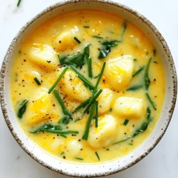 - 1 package (16 oz) potato gnocchi - 1 tablespoon olive oil - 1 small onion, diced - 2 cloves garlic, minced - 3 cups vegetable broth - 1 cup heavy cream - 2 cups sharp cheddar cheese, grated - 1 cup baby spinach, chopped - Salt and pepper to taste - 1 teaspoon dried thyme - 1/2 teaspoon paprika - Fresh chives for garnish In this recipe, each ingredient plays a vital role. The potato gnocchi brings a soft texture. The onion and garlic provide a savory base. Vegetable broth adds a warm flavor, while heavy cream creates a rich, creamy soup. Sharp cheddar cheese elevates the taste with its boldness. Baby spinach adds a touch of green and nutrition. Dried thyme and paprika enhance the overall flavor. Finally, fresh chives offer a lovely garnish that brightens the dish. - Alternative Gnocchi Options: You can use gluten-free gnocchi if needed. Cauliflower gnocchi also works well for a lighter option. - Dairy-Free Variants: Swap heavy cream for coconut cream or cashew cream. Choose a dairy-free cheese to keep it creamy. - Fresh vs. Dried Herbs: Fresh thyme adds a bright flavor, but dried thyme is just fine. Use about three times the amount of fresh herbs compared to dried. These substitutions allow you to tailor the soup to your needs. Whether you're avoiding gluten or dairy, you can still enjoy this creamy delight! {{ingredient_image_1}} - Sautéing the Onion and Garlic Heat 1 tablespoon of olive oil in a large pot over medium heat. Add 1 small diced onion and cook it until it becomes translucent, about 3-4 minutes. This step builds a strong flavor base. Then, add 2 minced garlic cloves and stir for 1 more minute. The garlic should smell great but not brown. - Boiling the Broth and Gnocchi Pour in 3 cups of vegetable broth and bring it to a boil. Once boiling, add 1 package (16 oz) of potato gnocchi. Cook according to the package instructions, usually about 2-3 minutes. You want the gnocchi to float, which means they are done. - Adding Cream and Cheese Lower the heat and stir in 1 cup of heavy cream. Let the soup simmer for 5 minutes. Gradually add 2 cups of grated sharp cheddar cheese, stirring until it melts. This makes the soup creamy and rich. - Ensuring Creaminess Make sure to stir continuously when adding the cheese. This helps it melt evenly. If you want extra creaminess, you can add more heavy cream. - Checking Gnocchi Doneness Keep an eye on the gnocchi. When they float to the top, they are ready. You don’t want to overcook them, or they can become mushy. - Final Flavor Adjustments Add salt and pepper to taste. Mix in 1 cup of chopped baby spinach, 1 teaspoon of dried thyme, and 1/2 teaspoon of paprika. Cook for another 2-3 minutes until the spinach wilts. Taste your soup and adjust the seasonings as needed. How to Achieve the Best Flavor To get the best flavor from your creamy cheddar gnocchi soup, start with fresh ingredients. Use high-quality vegetable broth for a rich taste. Sauté the onion and garlic until they are soft and fragrant; this brings out their natural sweetness. Adding the thyme and paprika boosts the flavor even more. Taste as you cook and adjust the salt and pepper to your liking. Consistency Control: Thicker vs. Thinner You can control the thickness of your soup easily. For a thicker soup, add more cheese or cream. If you want it thinner, increase the broth. If it becomes too thick, simply add a bit more broth while stirring. Always aim for a creamy texture that coats the back of a spoon. Storing Leftovers Effectively If you have leftovers, store them in airtight containers. Let the soup cool before sealing it. It will last in the fridge for up to three days. To reheat, warm it on low heat to avoid curdling the cream. If the soup thickens too much, stir in a little broth to bring it back to life. Creative Garnish Options A good garnish makes your soup look stunning. Fresh chives add color and a mild onion flavor. Try adding a sprinkle of paprika for a pop of color. You can also use grated cheese on top for extra cheesiness. Croutons offer a delightful crunch. Enhancing Visual Appeal To enhance visual appeal, serve your soup in bright bowls. A drizzle of cream on top can create a beautiful swirl. Add a few spinach leaves as a garnish to show off the fresh ingredients. These simple touches make your creamy cheddar gnocchi soup look as good as it tastes. Pro Tips Use Fresh Spinach: Fresh spinach wilts beautifully and adds a vibrant color and nutrition to the soup. Avoid frozen spinach as it may release excess water and dilute the creaminess. Cheese Variations: While sharp cheddar is delicious, experiment with other cheeses like Gruyère or Fontina for a different flavor profile and creaminess. Thickening the Soup: If you prefer a thicker soup, blend a portion of the soup in a blender and return it to the pot. This will create a creamy texture without adding extra calories. Gnocchi Cooking Time: Be mindful of the cooking time for gnocchi; they are done when they float to the surface. Overcooking can make them mushy. {{image_2}} You can change this soup with seasonal vegetables. In spring, add fresh peas or asparagus. In summer, try diced zucchini or sweet corn. Fall brings great options like butternut squash or carrots. In winter, add hearty greens, like kale. Each vegetable adds its own flavor and texture. You can also customize the soup with proteins. Add cooked chicken or shrimp for extra heartiness. If you want a vegetarian option, add white beans. They add protein and make the soup filling. These adjustments make the soup fit your taste and the season. If you need gluten-free gnocchi, look for alternatives made from rice or corn. Many stores carry these options now. They taste great and keep the soup creamy. For vegan alternatives, use plant-based cream and cheese. Coconut cream works well for a rich taste. Nutritional yeast can replace cheese and add a cheesy flavor. With these swaps, you can enjoy a delicious, creamy soup that fits your diet. To keep your creamy cheddar gnocchi soup fresh, use proper containers. Glass jars or airtight plastic containers work well. Make sure the soup cools first before sealing. This helps maintain its taste and texture. In the fridge, your soup lasts for about 3 to 4 days. Always check for any off smells or changes in color before eating. If you see or smell anything odd, it’s best to toss it. Freezing soup is easy and keeps it fresh longer. First, let the soup cool completely. Then, pour it into freezer-safe bags or containers. Leave some space at the top, as the soup expands when frozen. Label the bags with the date for easy tracking. When you’re ready to eat, reheating frozen soup is simple. Move it to the fridge the night before to thaw. If you’re in a hurry, you can also thaw it in the microwave. Heat it gently on the stove until it's hot. Stir often to avoid burning. Enjoy your soup any time! Can I use frozen gnocchi? Yes, you can use frozen gnocchi. Just add them to boiling broth. They may take a minute longer to cook. Frozen gnocchi saves time and works well in this soup. How can I make this soup spicier? To spice up your soup, add red pepper flakes. You can also include diced jalapeños or hot sauce. Start with a little and adjust to your taste. Is this recipe suitable for meal prep? Yes, this soup is great for meal prep. It stores well in the fridge for up to three days. Just reheat on the stove before serving. Caloric Breakdown One serving of Creamy Cheddar Gnocchi Soup has about 500 calories. This includes calories from gnocchi, cheese, and cream. It’s a hearty meal that satisfies hunger. Dietary Labels (Vegetarian, etc.) This soup is vegetarian. It has no meat, making it a good choice for vegetarians. You can also make it gluten-free by using gluten-free gnocchi. This blog post covered everything you need for a fantastic creamy cheddar gnocchi soup. We explored essential ingredients, helpful substitutions, and clear step-by-step cooking instructions. You learned tips for perfecting flavor, adjusting consistency, and garnishing your dish. Seasonal and dietary variations ensure everyone can enjoy it. Lastly, we discussed storage methods to keep your soup fresh. With these insights, you can create a soup that warms your heart and delights your taste buds. Enjoy cooking and sharing your delicious creation!