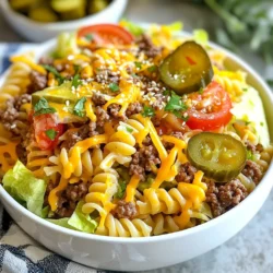 - 8 oz rotini pasta - 1 lb ground beef - 1 cup shredded cheddar cheese - 1 cup shredded lettuce - 1/2 cup diced tomatoes - 1/4 cup diced pickles - 1/4 cup finely chopped onion - 1/2 cup mayonnaise - 1/4 cup ketchup - 1 tablespoon yellow mustard - 1 tablespoon apple cider vinegar Big Mac Pasta Salad is a fun twist on the classic burger. The main flavors come from the rotini pasta, ground beef, and cheddar cheese. You can use any shape of pasta you like, but rotini holds the dressing well. To get started, gather all the primary ingredients. The rotini pasta gives a nice bite. Ground beef adds a savory flavor. Cheddar cheese brings that creamy goodness we all love. Next, add the fresh ingredients. Crisp lettuce adds crunch, while tomatoes and pickles give a burst of flavor. The onion adds extra taste, too. These ingredients make the salad bright and fresh. Now, let’s talk about the dressing. The mix of mayonnaise, ketchup, mustard, and apple cider vinegar ties everything together. It’s creamy, tangy, and just right. You can adjust the flavors to suit your taste. Using these ingredients, you create a hearty dish that everyone enjoys. The colorful salad looks great on any table. Plus, it’s easy to make and perfect for gatherings. {{ingredient_image_1}} Start by boiling a large pot of salted water. This is key to flavor. Once the water is boiling, add the 8 oz of rotini pasta. Cook it according to the package instructions until it is al dente. This usually takes about 8-10 minutes. After cooking, drain the pasta and rinse it under cold water. This stops the cooking process and cools it down. Next, heat a skillet over medium heat. Add 1 lb of ground beef to the pan. Cook the beef until it is browned and fully cooked. This should take about 7-10 minutes. Use a spatula to break up the beef as it cooks. After it's done, drain the excess grease from the skillet. Let the beef cool slightly before mixing it in. In a mixing bowl, combine the dressing ingredients. You will need 1/2 cup of mayonnaise, 1/4 cup of ketchup, 1 tablespoon of yellow mustard, and 1 tablespoon of apple cider vinegar. Mix these ingredients until they are smooth. Season the dressing with salt and pepper to taste. This adds flavor and ties the salad together. In a large mixing bowl, combine all the components. Add the cooked pasta, browned beef, 1 cup of shredded cheddar cheese, 1 cup of shredded lettuce, 1/2 cup of diced tomatoes, 1/4 cup of diced pickles, and 1/4 cup of finely chopped onion. Pour the dressing over this mixture. Gently toss everything together until it is well coated. Cover the bowl with plastic wrap and chill it in the refrigerator for at least 30 minutes. This allows the flavors to meld together for a tasty salad. To get the best results with your Big Mac Pasta Salad, focus on the pasta. - Ensuring pasta is al dente: Cook the rotini pasta according to the package instructions. It should be firm yet tender. This step is key. Rinse the pasta under cold water after draining. This stops the cooking process and keeps the pasta from getting mushy. - Proper ground beef cooking techniques: Use medium heat when cooking the ground beef. Break it up as it cooks to ensure even browning. Cook it for about 7 to 10 minutes. Drain any excess grease to keep your salad light. The dressing can make or break your pasta salad. You can easily tweak it to suit your taste. - Adjusting seasoning for taste: After mixing the dressing, taste it. If it needs more flavor, add salt and pepper. You can also adjust the mayo or mustard to make it creamier or tangier. - Alternative dressing ideas: If you want to switch things up, try adding yogurt instead of mayo for a lighter version. You can also mix in some ranch or Caesar dressing for a unique twist. How you serve your Big Mac Pasta Salad can make it even more fun. - Best garnishes to use: Sprinkle sesame seeds on top for a nice touch. You can also add extra pickles or chopped green onions for crunch. - Pairing with side dishes: This pasta salad goes great with grilled veggies or a fresh garden salad. It also pairs well with chips for a fun crunch. Pro Tips Cook Pasta Perfectly: Ensure you cook the rotini pasta until al dente for the best texture. This helps the pasta hold up better when mixed with the dressing and other ingredients. Customize Your Dressing: Feel free to adjust the quantities of mayonnaise, ketchup, and mustard according to your taste. You can also add a splash of hot sauce for an extra kick! Chill for Flavor: Let the pasta salad chill in the refrigerator for at least 30 minutes. This resting time allows the flavors to meld and enhances the overall taste of the dish. Garnish Creatively: Use sesame seeds and extra pickles as garnishes for a fun presentation. Consider adding some crispy fried onions on top for added crunch and flavor! {{image_2}} You can easily change the protein in this dish. For a lighter option, try using chicken or turkey instead of ground beef. These swaps keep the flavor but make it a bit healthier. If you want a different cheese, mozzarella or pepper jack work great too. They add a new twist to the creamy salad. To make this dish vegetarian, swap the ground beef for black beans or lentils. This keeps the protein and adds a nice texture. If you need gluten-free options, use gluten-free pasta. Many brands offer great pasta that tastes just as good as regular pasta. Adding spices can change the flavor of your pasta salad. Try garlic powder, paprika, or even cayenne pepper for a kick. Fresh herbs like parsley or cilantro can also brighten up the dish. For veggies, think about adding bell peppers, cucumbers, or corn. These will add color, flavor, and crunch to your salad. To keep your Big Mac Pasta Salad fresh, store it in an airtight container. This will help keep the flavors locked in and prevent drying out. Leftovers can last up to three days in the fridge. After that, the texture and taste may change. Always check for any signs of spoilage before eating. If you want to save your pasta salad for later, freezing is an option. First, place the salad in a freezer-safe container. Make sure to leave some space at the top for expansion. It can stay fresh in the freezer for up to three months. When you're ready to eat it, take it out and let it thaw in the fridge overnight. For reheating, avoid using the microwave if possible. Instead, let it warm up at room temperature for a few hours. This keeps the ingredients' texture and flavor better. If needed, add a splash of dressing before serving to refresh the taste. Big Mac Pasta Salad is a fun twist on the classic Big Mac. It has all the flavors we love in a burger but in a pasta form. This salad uses rotini pasta, ground beef, and fresh veggies. It gets its creamy taste from a dressing made with mayonnaise, ketchup, and mustard. This dish brings together comfort food and fresh ingredients in one bowl. Yes, you can! This pasta salad tastes even better when it sits for a bit. I suggest making it a few hours before serving. Just mix everything and chill it in the fridge. This helps the flavors blend well together. If you make it the night before, it will be ready to go for lunch or dinner the next day. To add some heat, try mixing in chopped jalapeños or a dash of hot sauce. You can also sprinkle in some crushed red pepper flakes. If you like spicy mustard, switch regular mustard for spicy brown mustard. These options will give your Big Mac Pasta Salad a nice kick! In this blog post, I covered how to make Big Mac pasta salad. I explained the main ingredients, like rotini pasta and ground beef, and how to cook them. I also shared tips on making the dressing and combining everything. Remember to add your favorite veggies for extra flavor. This dish is not just fun to make, but also tasty and adaptable. You can easily modify it to fit your tastes or diet. Enjoy your cooking adventure and make this salad your own!