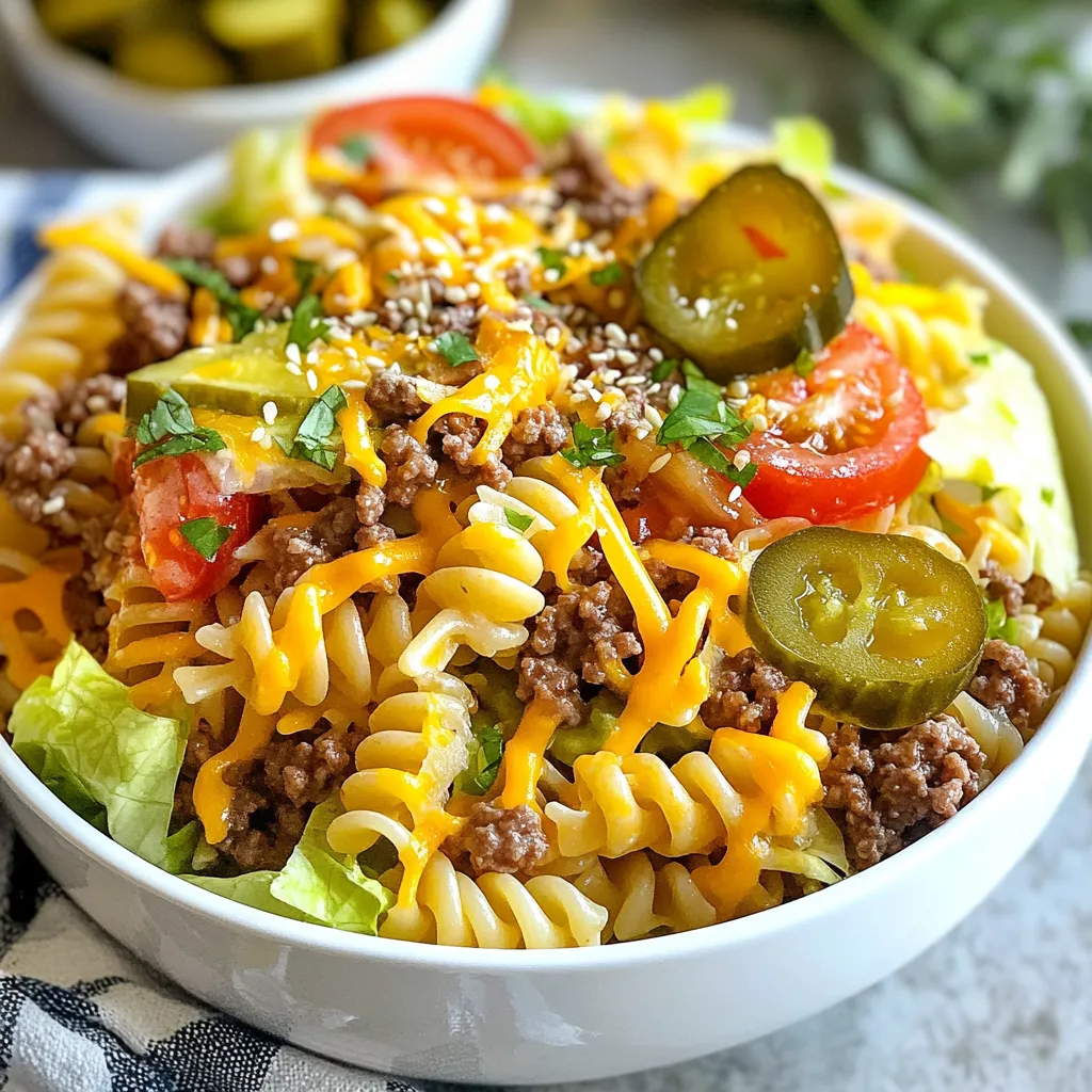 - 8 oz rotini pasta - 1 lb ground beef - 1 cup shredded cheddar cheese - 1 cup shredded lettuce - 1/2 cup diced tomatoes - 1/4 cup diced pickles - 1/4 cup finely chopped onion - 1/2 cup mayonnaise - 1/4 cup ketchup - 1 tablespoon yellow mustard - 1 tablespoon apple cider vinegar Big Mac Pasta Salad is a fun twist on the classic burger. The main flavors come from the rotini pasta, ground beef, and cheddar cheese. You can use any shape of pasta you like, but rotini holds the dressing well. To get started, gather all the primary ingredients. The rotini pasta gives a nice bite. Ground beef adds a savory flavor. Cheddar cheese brings that creamy goodness we all love. Next, add the fresh ingredients. Crisp lettuce adds crunch, while tomatoes and pickles give a burst of flavor. The onion adds extra taste, too. These ingredients make the salad bright and fresh. Now, let’s talk about the dressing. The mix of mayonnaise, ketchup, mustard, and apple cider vinegar ties everything together. It’s creamy, tangy, and just right. You can adjust the flavors to suit your taste. Using these ingredients, you create a hearty dish that everyone enjoys. The colorful salad looks great on any table. Plus, it’s easy to make and perfect for gatherings. {{ingredient_image_1}} Start by boiling a large pot of salted water. This is key to flavor. Once the water is boiling, add the 8 oz of rotini pasta. Cook it according to the package instructions until it is al dente. This usually takes about 8-10 minutes. After cooking, drain the pasta and rinse it under cold water. This stops the cooking process and cools it down. Next, heat a skillet over medium heat. Add 1 lb of ground beef to the pan. Cook the beef until it is browned and fully cooked. This should take about 7-10 minutes. Use a spatula to break up the beef as it cooks. After it's done, drain the excess grease from the skillet. Let the beef cool slightly before mixing it in. In a mixing bowl, combine the dressing ingredients. You will need 1/2 cup of mayonnaise, 1/4 cup of ketchup, 1 tablespoon of yellow mustard, and 1 tablespoon of apple cider vinegar. Mix these ingredients until they are smooth. Season the dressing with salt and pepper to taste. This adds flavor and ties the salad together. In a large mixing bowl, combine all the components. Add the cooked pasta, browned beef, 1 cup of shredded cheddar cheese, 1 cup of shredded lettuce, 1/2 cup of diced tomatoes, 1/4 cup of diced pickles, and 1/4 cup of finely chopped onion. Pour the dressing over this mixture. Gently toss everything together until it is well coated. Cover the bowl with plastic wrap and chill it in the refrigerator for at least 30 minutes. This allows the flavors to meld together for a tasty salad. To get the best results with your Big Mac Pasta Salad, focus on the pasta. - Ensuring pasta is al dente: Cook the rotini pasta according to the package instructions. It should be firm yet tender. This step is key. Rinse the pasta under cold water after draining. This stops the cooking process and keeps the pasta from getting mushy. - Proper ground beef cooking techniques: Use medium heat when cooking the ground beef. Break it up as it cooks to ensure even browning. Cook it for about 7 to 10 minutes. Drain any excess grease to keep your salad light. The dressing can make or break your pasta salad. You can easily tweak it to suit your taste. - Adjusting seasoning for taste: After mixing the dressing, taste it. If it needs more flavor, add salt and pepper. You can also adjust the mayo or mustard to make it creamier or tangier. - Alternative dressing ideas: If you want to switch things up, try adding yogurt instead of mayo for a lighter version. You can also mix in some ranch or Caesar dressing for a unique twist. How you serve your Big Mac Pasta Salad can make it even more fun. - Best garnishes to use: Sprinkle sesame seeds on top for a nice touch. You can also add extra pickles or chopped green onions for crunch. - Pairing with side dishes: This pasta salad goes great with grilled veggies or a fresh garden salad. It also pairs well with chips for a fun crunch. Pro Tips Cook Pasta Perfectly: Ensure you cook the rotini pasta until al dente for the best texture. This helps the pasta hold up better when mixed with the dressing and other ingredients. Customize Your Dressing: Feel free to adjust the quantities of mayonnaise, ketchup, and mustard according to your taste. You can also add a splash of hot sauce for an extra kick! Chill for Flavor: Let the pasta salad chill in the refrigerator for at least 30 minutes. This resting time allows the flavors to meld and enhances the overall taste of the dish. Garnish Creatively: Use sesame seeds and extra pickles as garnishes for a fun presentation. Consider adding some crispy fried onions on top for added crunch and flavor! {{image_2}} You can easily change the protein in this dish. For a lighter option, try using chicken or turkey instead of ground beef. These swaps keep the flavor but make it a bit healthier. If you want a different cheese, mozzarella or pepper jack work great too. They add a new twist to the creamy salad. To make this dish vegetarian, swap the ground beef for black beans or lentils. This keeps the protein and adds a nice texture. If you need gluten-free options, use gluten-free pasta. Many brands offer great pasta that tastes just as good as regular pasta. Adding spices can change the flavor of your pasta salad. Try garlic powder, paprika, or even cayenne pepper for a kick. Fresh herbs like parsley or cilantro can also brighten up the dish. For veggies, think about adding bell peppers, cucumbers, or corn. These will add color, flavor, and crunch to your salad. To keep your Big Mac Pasta Salad fresh, store it in an airtight container. This will help keep the flavors locked in and prevent drying out. Leftovers can last up to three days in the fridge. After that, the texture and taste may change. Always check for any signs of spoilage before eating. If you want to save your pasta salad for later, freezing is an option. First, place the salad in a freezer-safe container. Make sure to leave some space at the top for expansion. It can stay fresh in the freezer for up to three months. When you're ready to eat it, take it out and let it thaw in the fridge overnight. For reheating, avoid using the microwave if possible. Instead, let it warm up at room temperature for a few hours. This keeps the ingredients' texture and flavor better. If needed, add a splash of dressing before serving to refresh the taste. Big Mac Pasta Salad is a fun twist on the classic Big Mac. It has all the flavors we love in a burger but in a pasta form. This salad uses rotini pasta, ground beef, and fresh veggies. It gets its creamy taste from a dressing made with mayonnaise, ketchup, and mustard. This dish brings together comfort food and fresh ingredients in one bowl. Yes, you can! This pasta salad tastes even better when it sits for a bit. I suggest making it a few hours before serving. Just mix everything and chill it in the fridge. This helps the flavors blend well together. If you make it the night before, it will be ready to go for lunch or dinner the next day. To add some heat, try mixing in chopped jalapeños or a dash of hot sauce. You can also sprinkle in some crushed red pepper flakes. If you like spicy mustard, switch regular mustard for spicy brown mustard. These options will give your Big Mac Pasta Salad a nice kick! In this blog post, I covered how to make Big Mac pasta salad. I explained the main ingredients, like rotini pasta and ground beef, and how to cook them. I also shared tips on making the dressing and combining everything. Remember to add your favorite veggies for extra flavor. This dish is not just fun to make, but also tasty and adaptable. You can easily modify it to fit your tastes or diet. Enjoy your cooking adventure and make this salad your own!