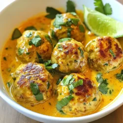 To make Thai chicken meatballs in coconut curry, you will need: - 1 lb (450g) ground chicken - 1/4 cup breadcrumbs - 1/4 cup fresh cilantro, finely chopped - 2 green onions, chopped - 1 tablespoon fish sauce - 1 tablespoon ginger, minced - 1 tablespoon garlic, minced - 1 teaspoon red curry paste - 1 can (14 oz) coconut milk - 1 tablespoon lime juice - 1 tablespoon soy sauce - 1 tablespoon brown sugar - 1 tablespoon vegetable oil - Salt and pepper to taste - Fresh basil leaves, for garnish You can swap ingredients based on what you have: - Use ground turkey instead of chicken for a leaner option. - Substitute breadcrumbs with crushed rice crackers for a gluten-free choice. - Fresh parsley can replace cilantro if you prefer a milder flavor. - Lime juice can be switched for lemon juice in a pinch. The key seasonings make the dish shine: - Fish sauce adds depth and umami flavor. - Red curry paste brings heat and spice. - Coconut milk gives a creamy texture and sweetness. - Soy sauce provides saltiness and richness. These ingredients work together to create a balanced and tasty dish. You can adjust the flavors to your liking, making this recipe fun and flexible! {{ingredient_image_1}} To start, grab a large bowl. Add 1 pound of ground chicken. Next, mix in 1/4 cup of breadcrumbs. Chop and add 1/4 cup of fresh cilantro and 2 green onions. Add 1 tablespoon of fish sauce, 1 tablespoon of minced ginger, and 1 tablespoon of minced garlic. For a kick, add 1 teaspoon of red curry paste. Season with salt and pepper. Use your hands to mix everything well until it sticks together. Now, it's time to shape the meatballs. Roll the mixture into small balls, about 1 to 1.5 inches wide. You should make around 16-20 meatballs. Next, heat 1 tablespoon of vegetable oil in a large skillet over medium heat. Cook the meatballs for 5-7 minutes. Turn them often for even browning. They should be golden and cooked through. Once done, take them out of the skillet and set them aside. In the same skillet, you will make the sauce. Pour in one can of coconut milk. Add 1 tablespoon of lime juice, 1 tablespoon of soy sauce, and 1 tablespoon of brown sugar. Whisk it all together. Heat this mix until it simmers gently. The smell will be amazing! Now, return the cooked meatballs to the skillet. Make sure to coat each meatball in that rich coconut curry sauce. Let them simmer for about 5-10 minutes. This helps the meatballs soak up all the tasty flavors from the sauce. Before serving, taste the sauce and adjust the flavors if needed. Serve the meatballs over rice or noodles. For a nice touch, sprinkle fresh basil leaves on top. You can also add a lime wedge on the side for an extra burst of flavor. Enjoy your meal! To make great meatballs, use a light touch when mixing. Overworking the meat can make them tough. Here are some tips to ensure a tender bite: - Use cold ground chicken for better texture. - Mix ingredients gently until just combined. - Roll meatballs lightly, avoiding compression. - Cook in small batches to avoid steaming. The coconut curry sauce is key to this dish. Follow these ideas to boost its flavor: - Use fresh lime juice for bright acidity. - Add more red curry paste for heat. - Stir in fish sauce for depth and umami. - Consider adding a pinch of sugar to balance flavors. A beautiful dish makes food more enjoyable. Here’s how to plate your Thai chicken meatballs: - Serve in a deep bowl for a cozy feel. - Garnish with fresh basil leaves for color. - Add a lime wedge on the side for zest. - Drizzle extra coconut curry sauce on top for a glossy finish. Pro Tips Use Fresh Ingredients: Always opt for fresh herbs and spices for the best flavor. Fresh cilantro and ginger can significantly enhance the taste of your meatballs and curry sauce. Adjust Spice Levels: If you prefer a spicier dish, feel free to add more red curry paste or a pinch of chili flakes to the meatball mixture or the curry sauce. Experiment with Proteins: Ground turkey or pork can be substituted for the chicken if you want to try different flavors and textures in your meatballs. Perfect the Cooking Time: Ensure the meatballs are cooked through by checking that they reach an internal temperature of 165°F (75°C) for safe consumption. {{image_2}} You can swap ground chicken for other meats. Ground turkey works well and tastes great. You can also use ground pork for a richer flavor. If you want a leaner choice, try ground beef. Each option gives a unique taste to your meatballs. To make this dish vegetarian, use plant-based ground meat. Brands like Beyond Meat or Impossible Foods are good choices. For a vegan option, you can use mashed chickpeas or lentils. They hold flavor well and give a nice texture. Don’t forget to replace fish sauce with soy sauce for a vegan-friendly meal. Get creative with flavors! Add diced bell peppers or carrots to the meatball mix. For a spicy kick, include more red curry paste or a dash of chili flakes. You can also stir in a splash of coconut aminos for a different taste. Fresh herbs like mint or basil can make your dish pop with freshness. After you enjoy your Thai chicken meatballs, store any leftovers in a tight container. Make sure to add some of the coconut curry sauce to keep them moist. Keep the container in the fridge. They will stay fresh for about 3 to 4 days. If you want to save some meatballs for later, freezing is a great option. Allow the meatballs to cool completely first. Then, place them in a freezer-safe bag or container. Make sure to remove as much air as possible. They can last up to 3 months in the freezer. When you’re ready to eat your frozen meatballs, thaw them in the fridge overnight. For reheating, use a skillet on medium heat. Add a splash of coconut milk or water to keep them juicy. Heat until they are warmed through. You can also use a microwave, but be careful not to overcook them. Enjoy your meal! Yes, you can use ground turkey. It works well in this recipe. Turkey will give a slightly different taste but will still be delicious. Just keep an eye on the cooking time, as turkey may take a bit longer to cook through. To adjust the spice level, you can add more or less red curry paste. Start with a small amount, then taste and add more if you like it spicier. You can also add fresh chili or chili flakes for extra heat. These meatballs pair well with steamed rice or noodles. You can also serve them with a fresh salad or roasted vegetables. For a nice touch, add a squeeze of lime juice on top before serving. These meatballs last for about three to four days in the fridge. Make sure to store them in an airtight container to keep them fresh. Yes, you can make the meatballs ahead of time. Prepare and cook them, then let them cool. Store them in the fridge or freezer. Reheat them in the coconut curry sauce when you are ready to serve. You now have all you need to make delicious Thai chicken meatballs. We've covered the key ingredients, step-by-step instructions, and helpful cooking tips. You can even explore variations to suit your taste. Remember to store any leftovers properly, so nothing goes to waste. Enjoy experimenting with flavors and find the best pairings. Keep these instructions handy for a fun cooking experience. Dive in and enjoy every bite!