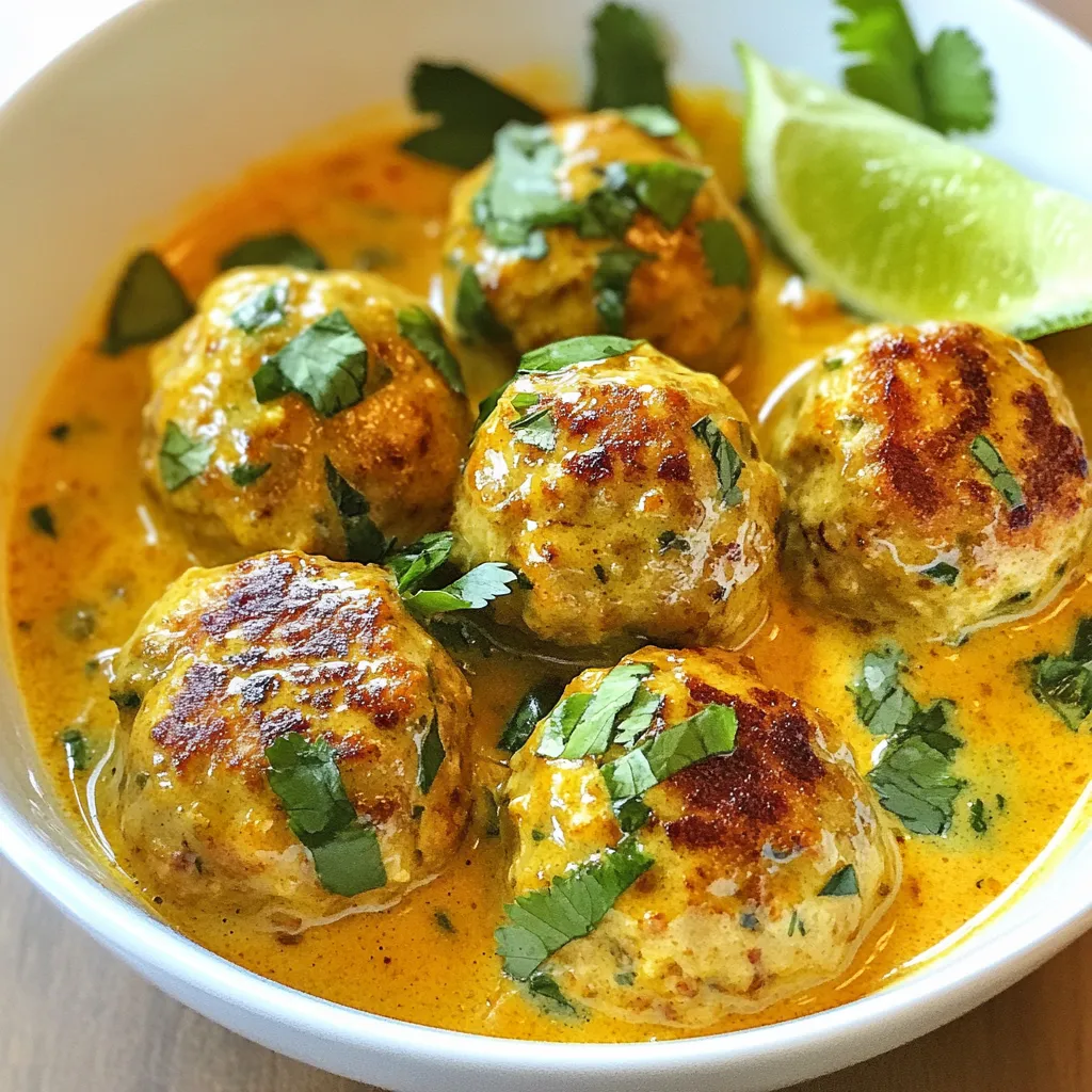 To make Thai chicken meatballs in coconut curry, you will need: - 1 lb (450g) ground chicken - 1/4 cup breadcrumbs - 1/4 cup fresh cilantro, finely chopped - 2 green onions, chopped - 1 tablespoon fish sauce - 1 tablespoon ginger, minced - 1 tablespoon garlic, minced - 1 teaspoon red curry paste - 1 can (14 oz) coconut milk - 1 tablespoon lime juice - 1 tablespoon soy sauce - 1 tablespoon brown sugar - 1 tablespoon vegetable oil - Salt and pepper to taste - Fresh basil leaves, for garnish You can swap ingredients based on what you have: - Use ground turkey instead of chicken for a leaner option. - Substitute breadcrumbs with crushed rice crackers for a gluten-free choice. - Fresh parsley can replace cilantro if you prefer a milder flavor. - Lime juice can be switched for lemon juice in a pinch. The key seasonings make the dish shine: - Fish sauce adds depth and umami flavor. - Red curry paste brings heat and spice. - Coconut milk gives a creamy texture and sweetness. - Soy sauce provides saltiness and richness. These ingredients work together to create a balanced and tasty dish. You can adjust the flavors to your liking, making this recipe fun and flexible! {{ingredient_image_1}} To start, grab a large bowl. Add 1 pound of ground chicken. Next, mix in 1/4 cup of breadcrumbs. Chop and add 1/4 cup of fresh cilantro and 2 green onions. Add 1 tablespoon of fish sauce, 1 tablespoon of minced ginger, and 1 tablespoon of minced garlic. For a kick, add 1 teaspoon of red curry paste. Season with salt and pepper. Use your hands to mix everything well until it sticks together. Now, it's time to shape the meatballs. Roll the mixture into small balls, about 1 to 1.5 inches wide. You should make around 16-20 meatballs. Next, heat 1 tablespoon of vegetable oil in a large skillet over medium heat. Cook the meatballs for 5-7 minutes. Turn them often for even browning. They should be golden and cooked through. Once done, take them out of the skillet and set them aside. In the same skillet, you will make the sauce. Pour in one can of coconut milk. Add 1 tablespoon of lime juice, 1 tablespoon of soy sauce, and 1 tablespoon of brown sugar. Whisk it all together. Heat this mix until it simmers gently. The smell will be amazing! Now, return the cooked meatballs to the skillet. Make sure to coat each meatball in that rich coconut curry sauce. Let them simmer for about 5-10 minutes. This helps the meatballs soak up all the tasty flavors from the sauce. Before serving, taste the sauce and adjust the flavors if needed. Serve the meatballs over rice or noodles. For a nice touch, sprinkle fresh basil leaves on top. You can also add a lime wedge on the side for an extra burst of flavor. Enjoy your meal! To make great meatballs, use a light touch when mixing. Overworking the meat can make them tough. Here are some tips to ensure a tender bite: - Use cold ground chicken for better texture. - Mix ingredients gently until just combined. - Roll meatballs lightly, avoiding compression. - Cook in small batches to avoid steaming. The coconut curry sauce is key to this dish. Follow these ideas to boost its flavor: - Use fresh lime juice for bright acidity. - Add more red curry paste for heat. - Stir in fish sauce for depth and umami. - Consider adding a pinch of sugar to balance flavors. A beautiful dish makes food more enjoyable. Here’s how to plate your Thai chicken meatballs: - Serve in a deep bowl for a cozy feel. - Garnish with fresh basil leaves for color. - Add a lime wedge on the side for zest. - Drizzle extra coconut curry sauce on top for a glossy finish. Pro Tips Use Fresh Ingredients: Always opt for fresh herbs and spices for the best flavor. Fresh cilantro and ginger can significantly enhance the taste of your meatballs and curry sauce. Adjust Spice Levels: If you prefer a spicier dish, feel free to add more red curry paste or a pinch of chili flakes to the meatball mixture or the curry sauce. Experiment with Proteins: Ground turkey or pork can be substituted for the chicken if you want to try different flavors and textures in your meatballs. Perfect the Cooking Time: Ensure the meatballs are cooked through by checking that they reach an internal temperature of 165°F (75°C) for safe consumption. {{image_2}} You can swap ground chicken for other meats. Ground turkey works well and tastes great. You can also use ground pork for a richer flavor. If you want a leaner choice, try ground beef. Each option gives a unique taste to your meatballs. To make this dish vegetarian, use plant-based ground meat. Brands like Beyond Meat or Impossible Foods are good choices. For a vegan option, you can use mashed chickpeas or lentils. They hold flavor well and give a nice texture. Don’t forget to replace fish sauce with soy sauce for a vegan-friendly meal. Get creative with flavors! Add diced bell peppers or carrots to the meatball mix. For a spicy kick, include more red curry paste or a dash of chili flakes. You can also stir in a splash of coconut aminos for a different taste. Fresh herbs like mint or basil can make your dish pop with freshness. After you enjoy your Thai chicken meatballs, store any leftovers in a tight container. Make sure to add some of the coconut curry sauce to keep them moist. Keep the container in the fridge. They will stay fresh for about 3 to 4 days. If you want to save some meatballs for later, freezing is a great option. Allow the meatballs to cool completely first. Then, place them in a freezer-safe bag or container. Make sure to remove as much air as possible. They can last up to 3 months in the freezer. When you’re ready to eat your frozen meatballs, thaw them in the fridge overnight. For reheating, use a skillet on medium heat. Add a splash of coconut milk or water to keep them juicy. Heat until they are warmed through. You can also use a microwave, but be careful not to overcook them. Enjoy your meal! Yes, you can use ground turkey. It works well in this recipe. Turkey will give a slightly different taste but will still be delicious. Just keep an eye on the cooking time, as turkey may take a bit longer to cook through. To adjust the spice level, you can add more or less red curry paste. Start with a small amount, then taste and add more if you like it spicier. You can also add fresh chili or chili flakes for extra heat. These meatballs pair well with steamed rice or noodles. You can also serve them with a fresh salad or roasted vegetables. For a nice touch, add a squeeze of lime juice on top before serving. These meatballs last for about three to four days in the fridge. Make sure to store them in an airtight container to keep them fresh. Yes, you can make the meatballs ahead of time. Prepare and cook them, then let them cool. Store them in the fridge or freezer. Reheat them in the coconut curry sauce when you are ready to serve. You now have all you need to make delicious Thai chicken meatballs. We've covered the key ingredients, step-by-step instructions, and helpful cooking tips. You can even explore variations to suit your taste. Remember to store any leftovers properly, so nothing goes to waste. Enjoy experimenting with flavors and find the best pairings. Keep these instructions handy for a fun cooking experience. Dive in and enjoy every bite!