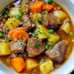 You will need some key items for a tasty beef stew. Here’s what to gather: - 2 pounds beef chuck, cut into 1-inch cubes - 4 medium carrots, sliced - 3 medium potatoes, diced - 1 onion, diced - 4 cloves garlic, minced - 4 cups beef broth - 2 tablespoons tomato paste - 1 tablespoon Worcestershire sauce - 1 teaspoon dried thyme - 1 teaspoon paprika - 1 bay leaf - Salt and pepper to taste - 2 tablespoons olive oil - 1 cup frozen peas These ingredients form the base of your stew. The beef chuck gives it a rich flavor. The carrots and potatoes add sweetness and heartiness. You may want to add some extra flavors. Here are some optional items: - Red wine for depth - Bay leaves for herbal notes - A pinch of chili powder for some heat Using these can change the flavor profile. A splash of red wine can add a nice touch. Garnishing makes the dish pop. Here’s what you can use: - Fresh parsley, chopped - Sliced green onions - A sprinkle of black pepper These garnishes add color and freshness. They make your stew look as good as it tastes. {{ingredient_image_1}} Start by cutting 2 pounds of beef chuck into 1-inch cubes. This cut has great flavor and tenderness. Next, heat 2 tablespoons of olive oil in a large skillet over medium-high heat. Season the beef cubes with salt, pepper, and 1 teaspoon of paprika. Sear the beef in batches for about 5 minutes. Make sure to brown all sides evenly. This step builds flavor. While the beef cooks, chop 4 medium carrots, 3 medium potatoes, and 1 onion. Mince 4 cloves of garlic. Once the beef is browned, transfer it to the slow cooker. Now, layer the carrots, potatoes, onion, and garlic on top of the beef. This order helps the vegetables cook perfectly. In a separate bowl, mix 4 cups of beef broth, 2 tablespoons of tomato paste, 1 tablespoon of Worcestershire sauce, 1 teaspoon of dried thyme, and 1 bay leaf. Add a pinch of salt and pepper. Pour this mixture over the layered ingredients in the slow cooker. Set the slow cooker to low heat and cook for 8 hours. If you're short on time, you can also cook it on high heat for 4 hours. The beef will be tender and the flavors will blend beautifully. About 30 minutes before serving, stir in 1 cup of frozen peas. This adds color and sweetness. Before you serve, remove the bay leaf and check the seasoning. Adjust salt and pepper as needed. Enjoy your hearty stew! To make your beef stew taste great, start with good meat. I use beef chuck. It has fat that keeps the meat tender. Sear the beef before adding it to the slow cooker. This step adds a rich flavor. Don't skip this! Use fresh herbs if you can. Thyme works well and adds depth. You can also try adding a splash of red wine. It gives the stew a nice kick. Make sure to layer your ingredients right. Put the beef at the bottom. Then add the vegetables on top. This way, the beef cooks in its juices. Let the stew cook on low heat for the best texture. Eight hours is ideal. The meat will fall apart and taste amazing. One big mistake is not seasoning enough. Add salt and pepper at each step. Taste as you go. It helps to build flavor. Another mistake is overcooking the vegetables. If you add them too soon, they get mushy. Add softer veggies like peas later, about 30 minutes before serving. Also, don’t rush the searing process. If you crowd the pan, the beef won’t brown well. Sear in batches for even cooking. For this recipe, you need a good slow cooker. A 6-quart model works well for family meals. A large skillet is great for searing the beef. Use a heavy-bottomed pot for better heat control. Don't forget a sharp knife for chopping. A cutting board helps keep your space clean. Finally, have measuring cups and spoons ready. They ensure you add just the right amounts. Pro Tips Choose the Right Cut: For a tender stew, use beef chuck or brisket. These cuts become flavorful and tender when cooked low and slow. Don’t Skip the Browning: Searing the beef before adding it to the slow cooker enhances the flavor of the stew significantly. Adjust Seasoning Wisely: Taste the stew before serving and adjust the seasoning to your liking; the flavors develop over the cooking time. Thicken if Desired: If you prefer a thicker stew, mix a tablespoon of cornstarch with cold water and stir it into the stew 30 minutes before serving. {{image_2}} To make a gluten-free beef stew, you need to choose the right broth. Use a gluten-free beef broth. Brands like Pacific Foods or Kitchen Basics offer great options. Avoid any products with wheat or gluten. Check your Worcestershire sauce, too. Some brands use gluten. You can also add more veggies. Try sweet potatoes or parsnips. They add flavor and texture. For a low-carb beef stew, skip the potatoes. Instead, use turnips or cauliflower. Both will give you that hearty feel. You can also add more greens, like kale or spinach. They cook down well and add nutrition. Another tip is to use less broth. This will help keep the stew thick and satisfying. If you want a vegetarian stew, replace the beef with hearty mushrooms. Portobello or cremini mushrooms work best. They have a meaty texture and rich flavor. Use vegetable broth instead of beef broth. Add more beans, like kidney or chickpeas, for protein. You can also throw in lentils. They cook down nicely and add bulk. Don't forget to adjust the seasoning. You want it to taste great! After enjoying your savory slow cooker beef stew, let it cool to room temperature. Then, place it in an airtight container. Store it in the fridge for up to three days. You can also keep it in a bowl, covering it with plastic wrap. Make sure to label the container with the date. When you are ready to enjoy the leftovers, reheat them gently. Use a pot on the stove over low heat. Stir often to ensure even heating. You can also microwave it in short bursts. Cover the bowl with a microwave-safe lid or wrap. This keeps the steam in, helping the stew heat evenly. For longer storage, freezing is a great option. Pour the cooled stew into freezer bags or airtight containers. Leave some space at the top, as the stew will expand when frozen. Label each bag with the date. You can freeze the stew for up to three months. To thaw, move it to the fridge a day before use or use the microwave’s defrost setting. The best cut of beef for stew is beef chuck. It has just the right fat and flavor. Chuck becomes tender when cooked slowly. You can also use brisket or round, but chuck works best. Yes, you can skip searing the meat. Just add the raw beef cubes to the slow cooker. The stew will still taste good, but it may lack a bit of depth. Searing adds a nice rich flavor to the beef. To thicken beef stew, you can use a few methods. One way is to mix 2 tablespoons of cornstarch with cold water. Stir this mix into the stew during the last 30 minutes of cooking. Another option is to mash some of the potatoes in the stew. This adds thickness and enhances the flavor. We covered how to make a delicious slow cooker beef stew. You learned the main ingredients, step-by-step cooking, and tips for great flavor. We also explored variations for different diets and how to store your leftovers. Remember, using quality beef and seasoning well is key. Avoiding common mistakes will help you get it right every time. Enjoy your cooking journey, and have fun with your stew!