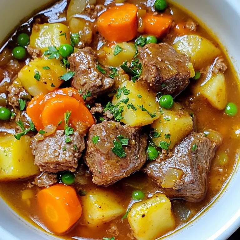 You will need some key items for a tasty beef stew. Here’s what to gather: - 2 pounds beef chuck, cut into 1-inch cubes - 4 medium carrots, sliced - 3 medium potatoes, diced - 1 onion, diced - 4 cloves garlic, minced - 4 cups beef broth - 2 tablespoons tomato paste - 1 tablespoon Worcestershire sauce - 1 teaspoon dried thyme - 1 teaspoon paprika - 1 bay leaf - Salt and pepper to taste - 2 tablespoons olive oil - 1 cup frozen peas These ingredients form the base of your stew. The beef chuck gives it a rich flavor. The carrots and potatoes add sweetness and heartiness. You may want to add some extra flavors. Here are some optional items: - Red wine for depth - Bay leaves for herbal notes - A pinch of chili powder for some heat Using these can change the flavor profile. A splash of red wine can add a nice touch. Garnishing makes the dish pop. Here’s what you can use: - Fresh parsley, chopped - Sliced green onions - A sprinkle of black pepper These garnishes add color and freshness. They make your stew look as good as it tastes. {{ingredient_image_1}} Start by cutting 2 pounds of beef chuck into 1-inch cubes. This cut has great flavor and tenderness. Next, heat 2 tablespoons of olive oil in a large skillet over medium-high heat. Season the beef cubes with salt, pepper, and 1 teaspoon of paprika. Sear the beef in batches for about 5 minutes. Make sure to brown all sides evenly. This step builds flavor. While the beef cooks, chop 4 medium carrots, 3 medium potatoes, and 1 onion. Mince 4 cloves of garlic. Once the beef is browned, transfer it to the slow cooker. Now, layer the carrots, potatoes, onion, and garlic on top of the beef. This order helps the vegetables cook perfectly. In a separate bowl, mix 4 cups of beef broth, 2 tablespoons of tomato paste, 1 tablespoon of Worcestershire sauce, 1 teaspoon of dried thyme, and 1 bay leaf. Add a pinch of salt and pepper. Pour this mixture over the layered ingredients in the slow cooker. Set the slow cooker to low heat and cook for 8 hours. If you're short on time, you can also cook it on high heat for 4 hours. The beef will be tender and the flavors will blend beautifully. About 30 minutes before serving, stir in 1 cup of frozen peas. This adds color and sweetness. Before you serve, remove the bay leaf and check the seasoning. Adjust salt and pepper as needed. Enjoy your hearty stew! To make your beef stew taste great, start with good meat. I use beef chuck. It has fat that keeps the meat tender. Sear the beef before adding it to the slow cooker. This step adds a rich flavor. Don't skip this! Use fresh herbs if you can. Thyme works well and adds depth. You can also try adding a splash of red wine. It gives the stew a nice kick. Make sure to layer your ingredients right. Put the beef at the bottom. Then add the vegetables on top. This way, the beef cooks in its juices. Let the stew cook on low heat for the best texture. Eight hours is ideal. The meat will fall apart and taste amazing. One big mistake is not seasoning enough. Add salt and pepper at each step. Taste as you go. It helps to build flavor. Another mistake is overcooking the vegetables. If you add them too soon, they get mushy. Add softer veggies like peas later, about 30 minutes before serving. Also, don’t rush the searing process. If you crowd the pan, the beef won’t brown well. Sear in batches for even cooking. For this recipe, you need a good slow cooker. A 6-quart model works well for family meals. A large skillet is great for searing the beef. Use a heavy-bottomed pot for better heat control. Don't forget a sharp knife for chopping. A cutting board helps keep your space clean. Finally, have measuring cups and spoons ready. They ensure you add just the right amounts. Pro Tips Choose the Right Cut: For a tender stew, use beef chuck or brisket. These cuts become flavorful and tender when cooked low and slow. Don’t Skip the Browning: Searing the beef before adding it to the slow cooker enhances the flavor of the stew significantly. Adjust Seasoning Wisely: Taste the stew before serving and adjust the seasoning to your liking; the flavors develop over the cooking time. Thicken if Desired: If you prefer a thicker stew, mix a tablespoon of cornstarch with cold water and stir it into the stew 30 minutes before serving. {{image_2}} To make a gluten-free beef stew, you need to choose the right broth. Use a gluten-free beef broth. Brands like Pacific Foods or Kitchen Basics offer great options. Avoid any products with wheat or gluten. Check your Worcestershire sauce, too. Some brands use gluten. You can also add more veggies. Try sweet potatoes or parsnips. They add flavor and texture. For a low-carb beef stew, skip the potatoes. Instead, use turnips or cauliflower. Both will give you that hearty feel. You can also add more greens, like kale or spinach. They cook down well and add nutrition. Another tip is to use less broth. This will help keep the stew thick and satisfying. If you want a vegetarian stew, replace the beef with hearty mushrooms. Portobello or cremini mushrooms work best. They have a meaty texture and rich flavor. Use vegetable broth instead of beef broth. Add more beans, like kidney or chickpeas, for protein. You can also throw in lentils. They cook down nicely and add bulk. Don't forget to adjust the seasoning. You want it to taste great! After enjoying your savory slow cooker beef stew, let it cool to room temperature. Then, place it in an airtight container. Store it in the fridge for up to three days. You can also keep it in a bowl, covering it with plastic wrap. Make sure to label the container with the date. When you are ready to enjoy the leftovers, reheat them gently. Use a pot on the stove over low heat. Stir often to ensure even heating. You can also microwave it in short bursts. Cover the bowl with a microwave-safe lid or wrap. This keeps the steam in, helping the stew heat evenly. For longer storage, freezing is a great option. Pour the cooled stew into freezer bags or airtight containers. Leave some space at the top, as the stew will expand when frozen. Label each bag with the date. You can freeze the stew for up to three months. To thaw, move it to the fridge a day before use or use the microwave’s defrost setting. The best cut of beef for stew is beef chuck. It has just the right fat and flavor. Chuck becomes tender when cooked slowly. You can also use brisket or round, but chuck works best. Yes, you can skip searing the meat. Just add the raw beef cubes to the slow cooker. The stew will still taste good, but it may lack a bit of depth. Searing adds a nice rich flavor to the beef. To thicken beef stew, you can use a few methods. One way is to mix 2 tablespoons of cornstarch with cold water. Stir this mix into the stew during the last 30 minutes of cooking. Another option is to mash some of the potatoes in the stew. This adds thickness and enhances the flavor. We covered how to make a delicious slow cooker beef stew. You learned the main ingredients, step-by-step cooking, and tips for great flavor. We also explored variations for different diets and how to store your leftovers. Remember, using quality beef and seasoning well is key. Avoiding common mistakes will help you get it right every time. Enjoy your cooking journey, and have fun with your stew!