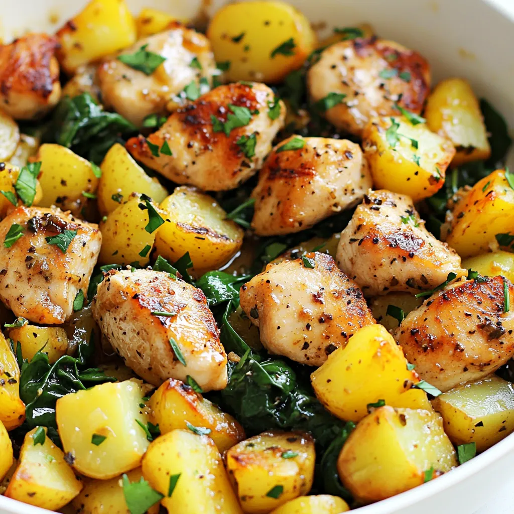 - 2 boneless, skinless chicken breasts, diced - 4 medium potatoes, cut into small cubes - 4 tablespoons unsalted butter - 1 teaspoon paprika - 1 teaspoon dried thyme - ½ teaspoon salt - ½ teaspoon black pepper - 4 cloves garlic, minced - ½ cup chicken broth - 1 cup fresh spinach - Fresh parsley for garnish To make a great Garlic Butter Chicken Potato Skillet, you need simple, fresh ingredients. First, choose two boneless, skinless chicken breasts. Dicing them helps with quick cooking. Next, four medium potatoes add heartiness. Cut them into small cubes for even cooking. For richness, you will use four tablespoons of unsalted butter. This butter is key to creating that savory garlic flavor. Don't forget the seasonings! You need one teaspoon of paprika and dried thyme. They add warmth and depth. A little salt and black pepper will enhance all the flavors. Now, for the additional ingredients. Use four cloves of garlic, minced, for that bold taste. A half cup of chicken broth will keep everything moist and tasty. Fresh spinach adds color and nutrition. Lastly, fresh parsley for garnish gives a lovely finish. With these ingredients, you set yourself up for a delicious meal that feels special yet is easy to prepare. {{ingredient_image_1}} To start, melt 2 tablespoons of butter in a large skillet over medium heat. Once the butter melts, add the diced potatoes. Sauté them for about 10-12 minutes. You want them to be golden brown and tender. Stir them often to avoid sticking. This step is key for flavor and texture. Tips for achieving golden brown texture: - Cut the potatoes into small, even cubes. This helps them cook evenly. - Make sure the skillet is hot enough before adding the potatoes. After the potatoes are cooked, take them out and set them aside. In the same skillet, add the remaining 2 tablespoons of butter. Then, add the diced chicken breasts. Sprinkle paprika, thyme, salt, and pepper on the chicken. Cook for about 6-8 minutes. You want the chicken to be browned and cooked all the way through. Ensuring chicken is cooked through: - Use a meat thermometer. The chicken should reach 165°F (75°C). - Make sure there is no pink inside before serving. Once the chicken is cooked, add minced garlic to the skillet. Sauté it for 1-2 minutes until it smells great. Next, pour in the chicken broth and let it simmer for 3-5 minutes. This step combines all the flavors. Now, it’s time to bring it all together. Return the sautéed potatoes to the skillet and mix everything well. Finally, fold in the fresh spinach. Cook until the spinach wilts, which takes about 2 minutes. Taste the dish and adjust the seasoning if needed. To enhance flavor in your Garlic Butter Chicken Potato Skillet, use fresh herbs. Fresh parsley adds a nice touch. You can also add a squeeze of lemon juice for a zesty kick. Avoid overcooking the garlic. It can turn bitter if burned. Make sure to stir the chicken and potatoes often to prevent sticking. To perfectly sauté, heat your skillet before adding butter. Let the butter melt and bubble, but don’t let it brown. This gives your dish a rich flavor. Use a large, heavy skillet. It helps cook everything evenly and prevents overcrowding. You can adjust spice levels to fit your taste. If you like heat, try adding a pinch of cayenne pepper. For substitutions, you can swap chicken for shrimp or tofu. Both will cook quickly and absorb the flavors well. Feel free to add your favorite veggies like bell peppers or broccoli for extra nutrition. Pro Tips Perfectly Cooked Potatoes: To ensure your potatoes are golden and tender, cut them into uniform cubes for even cooking. Flavor Boost: For an extra layer of flavor, marinate the chicken in the spices for at least 30 minutes before cooking. Garlic Timing: Add the minced garlic just before the chicken is fully cooked to prevent it from burning and becoming bitter. Spinach Substitute: If you don't have fresh spinach, feel free to use kale or any other leafy greens you prefer. {{image_2}} You can mix it up by using shrimp or tofu instead of chicken. If you choose shrimp, cook them for about 3-5 minutes until they turn pink. For tofu, use firm tofu and sauté it for 6-8 minutes until golden. Adjusting cooking times is key. Shrimp cooks fast, while tofu needs a bit more time to soak up flavors. Adding bell peppers or broccoli can boost nutrition and flavor. Slice bell peppers and toss them in with the chicken. Broccoli works well too; just steam it for 2-3 minutes before adding it to the skillet. Seasonal variations keep your dish fresh. Try adding zucchini in summer or root veggies in winter for a new twist. Want to add a zing? Try adding lemon juice or zest. This brightens the dish and cuts through the richness of the butter. Incorporating different herbs can also elevate your meal. Fresh basil or oregano can provide a new flavor profile. Experiment with herbs to find your favorite mix! To store your Garlic Butter Chicken Potato Skillet, let it cool first. Place it in an airtight container. This helps keep it fresh. Store it in the fridge. It will stay good for about 3 to 4 days. When you want to eat leftovers, use the stovetop or microwave. For the stovetop, heat a skillet over medium heat. Add a little butter or oil to prevent sticking. Stir often until it warms through. In the microwave, cover the dish and heat in short bursts. This keeps the chicken juicy and the potatoes tender. You can freeze this dish for later. Let it cool completely, then place it in a freezer-safe container. It can last up to 3 months in the freezer. To thaw, put it in the fridge overnight. Reheat as I mentioned before. This way, you enjoy a tasty meal anytime! Yes, you can use frozen chicken. Just make sure to thaw it first for even cooking. If you cook it from frozen, it will take longer. Cook until the chicken reaches 165°F. This temperature keeps it safe to eat. You can also add a bit more broth to keep it moist. This dish pairs well with many sides. Here are a few ideas: - Steamed broccoli for a healthy crunch - A simple green salad for freshness - Garlic bread to soak up the juices - Rice or quinoa for added fiber These sides will enhance the meal and add variety. To make it dairy-free, swap the butter for olive oil or vegan butter. This keeps the flavors rich. You can use vegetable broth instead of chicken broth. This keeps the dish flavorful without dairy. Enjoy the same great taste while meeting your dietary needs! This blog post covered a simple and tasty recipe for Garlic Butter Chicken Potato Skillet. We discussed key ingredients like chicken, potatoes, and seasonings. You learned step-by-step cooking tips, common mistakes to avoid, and ways to customize the dish. Remember, cooking is an adventure. Don't be afraid to try new flavors or ingredients. Enjoy your cooking and share this delicious meal with family and friends!