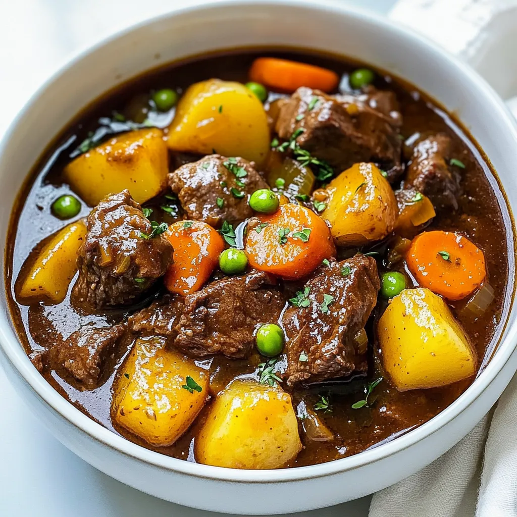 - 2 pounds beef chuck, cut into 1-inch cubes - 4 medium carrots, sliced - 3 medium potatoes, diced - 1 medium onion, chopped - 3 cloves garlic, minced - 4 cups beef broth - 2 tablespoons tomato paste - 1 teaspoon dried thyme - 1 teaspoon dried rosemary - 2 bay leaves - 2 tablespoons olive oil - Salt and pepper to taste - 1 cup frozen peas - 2 tablespoons cornstarch for thickening The key to a great beef stew lies in its ingredients. I use beef chuck for its rich flavor. Cut it into bite-sized cubes to ensure even cooking. Next, I add fresh vegetables. Carrots and potatoes add sweetness and heartiness. Onions and garlic bring depth to the stew. Beef broth forms the base of the stew. It provides moisture and enhances the beef flavor. Tomato paste adds a nice acidity and helps thicken the dish. For seasoning, I rely on dried thyme, rosemary, and bay leaves. They infuse the stew with warm, earthy notes. I always use olive oil for sautéing. It adds a nice richness. Salt and pepper are essential, too. They enhance all the flavors in the stew. For a pop of color and sweetness, I sometimes add frozen peas. If you want a thicker stew, mix cornstarch with water. Stir it in for a nice, rich texture. {{ingredient_image_1}} Start by cutting your veggies. Slice four medium carrots into rounds. Dice three medium potatoes into bite-sized pieces. Chop one medium onion. Finally, mince three cloves of garlic. Next, cut two pounds of beef chuck into 1-inch cubes. This beef will add rich flavor to your stew. Press the Sauté button on your Instant Pot. Pour in two tablespoons of olive oil and let it heat. When hot, add the beef cubes in batches. Brown them on all sides, which takes about five minutes per batch. Remove the browned beef and set it aside on a plate. In the same pot, add the chopped onion and minced garlic. Sauté for two to three minutes until they smell great. Then, return the browned beef to the pot. Add the sliced carrots, diced potatoes, and four cups of beef broth. Stir in two tablespoons of tomato paste, one teaspoon of dried thyme, one teaspoon of dried rosemary, and two bay leaves. Season with salt and pepper to taste. Close the lid and set the valve to Sealing. Press the Pressure Cook button and set the timer for 35 minutes. After cooking, let the Instant Pot release pressure naturally for ten minutes. Then, carefully turn the valve to Venting to let out any remaining steam. Remove the bay leaves from the stew. If you want a thicker stew, mix two tablespoons of cornstarch with a little cold water. Stir this slurry into the stew. Let it simmer on Sauté mode until it thickens. For a pop of color, add one cup of frozen peas just before serving. Enjoy your hearty beef stew! You can switch up the meat in this stew for a new taste. Try using beef round for a leaner cut. It cooks well and stays tender. Lamb is another great option. It adds a rich flavor that many love. If you want a lighter dish, consider chicken. Use chicken thighs for best results. The stew will still be hearty and satisfying. Want to make it meat-free? You can use mushrooms or tofu as meat alternatives. They soak up flavors well and add texture. You can also pack in more vegetables. Try adding zucchini, bell peppers, or green beans. Using legumes like chickpeas or lentils boosts protein and fiber. Want to spice things up? Add some chopped peppers for a kick. You can use jalapeños or bell peppers based on your taste. Experiment with different herbs and spices. Try cumin for a warm flavor or smoked paprika for a bit of smokiness. Fresh herbs, like parsley, can brighten the dish too. Pro Tips Choosing the Right Cut: For a tender and flavorful stew, use beef chuck. It has the right amount of fat and connective tissue to become melt-in-your-mouth tender during cooking. Searing for Flavor: Don't skip the browning step! Searing the beef enhances its flavor and adds depth to the overall dish. Thickening the Stew: If you prefer a thicker stew, mix cornstarch with cold water to create a slurry. Add it to the stew before serving and let it simmer until thickened. Fresh Herbs for Aroma: For an extra burst of flavor, consider adding fresh herbs like parsley or thyme just before serving. It brightens the dish and enhances the aroma. {{image_2}} To store leftover beef stew, cool it to room temperature first. Then, place it in an airtight container. This keeps the stew fresh and prevents odors. In the fridge, your beef stew lasts for about 3 to 4 days. When you’re ready to eat, simply reheat it on the stove or in the microwave. Freezing your beef stew is easy. Use freezer-safe containers or bags. Leave some space at the top, as the stew will expand when frozen. Properly stored, it can last for up to 3 months in the freezer. When you're ready to enjoy it, thaw the stew overnight in the fridge. For quick reheating, you can use the microwave or heat it on the stove until warm. Meal prep with beef stew is a breeze. Portion it into single servings for quick lunches or dinners. Pair your stew with some crusty bread or a fresh salad for a complete meal. You can also add a side of rice or mashed potatoes to make it more filling. This way, you have delicious meals ready to go any day of the week! The total cooking time is about 1 hour and 5 minutes. This includes: - Prep time: 15 minutes - Cook time: 35 minutes on high pressure - Natural release: 10 minutes You can have a warm, comforting meal ready in just over an hour. Yes, you can skip browning, but it changes the flavor. When you brown meat, you create a rich taste. This browning adds depth and a nice color to the stew. If you want the best flavor, I recommend browning the meat first. You can pair beef stew with many tasty sides. Here are some great ideas: - Bread: Crusty bread or dinner rolls are perfect for soaking up the stew. - Salad: A light green salad or a simple Caesar salad can balance the meal. - Vegetables: Steamed green beans or roasted Brussels sprouts add color and nutrition. These sides will make your meal more filling and enjoyable! You learned how to make a delicious Instant Pot beef stew. We covered the main ingredients, seasonings, and even optional items. I guided you through each cooking step, from prep to finish. Tips helped you achieve a great texture and flavor balance. We explored variations to suit different tastes and dietary needs. Finally, you know how to store leftovers for later enjoyment. Now you can enjoy a warm, hearty meal anytime!