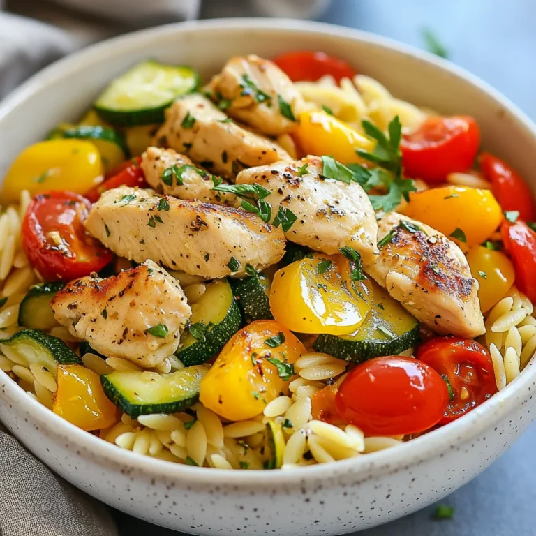 - 2 boneless, skinless chicken breasts, diced - 1 cup orzo pasta - 1 small onion, finely chopped - 2 cloves garlic, minced - 1 medium zucchini, diced - 1 red bell pepper, diced - 1 cup cherry tomatoes, halved - 2 cups chicken broth - 1 tablespoon olive oil - Juice and zest of 1 lemon - 1 teaspoon dried oregano - Salt and pepper to taste - Fresh parsley, chopped (for garnish) This recipe is all about bright flavors. The lemon juice and zest give a fresh kick. The chicken adds protein, while the veggies add color and crunch. Orzo pasta makes the dish hearty and filling. Cherry tomatoes bring a burst of sweetness. Together, these ingredients create a balanced and tasty meal. If you want to mix things up, you can swap chicken for shrimp or tofu. For a gluten-free option, use rice or quinoa instead of orzo. If you don’t have zucchini, try asparagus or green beans. You can also switch out the red bell pepper for yellow or orange for a sweeter taste. This way, you can make the dish your own! {{ingredient_image_1}} First, gather all your ingredients. You will need chicken, orzo, veggies, and spices. This will make cooking smooth and fast. Chop your onion, zucchini, and red bell pepper. Mince the garlic. Halve the cherry tomatoes. Dice the chicken into small pieces. 1. Heat 1 tablespoon of olive oil in a large skillet over medium heat. 2. Add the diced chicken to the skillet. Season with salt, pepper, and oregano. 3. Cook the chicken for about 5-7 minutes. It should turn brown and cook through. Remove the chicken and set it aside. 4. In the same skillet, add the chopped onion and minced garlic. Sauté for 2-3 minutes. This will make the kitchen smell great. 5. Add the diced zucchini and red bell pepper. Sauté these for another 5 minutes. They should start to soften. 6. Stir in 1 cup of orzo pasta. Mix it well with the veggies. 7. Pour in 2 cups of chicken broth. Bring this mixture to a boil. 8. Reduce the heat to a simmer. Add the juice and zest of 1 lemon. 9. Cover the skillet and cook for about 10 minutes. Stir it occasionally. The orzo will become tender and soak up the liquid. 10. Return the cooked chicken to the skillet. Stir everything together so it's mixed well. 11. Taste your dish. Adjust salt, pepper, or lemon juice if needed. Garnish your Lemon Chicken Veggie Orzo Skillet with fresh, chopped parsley. This will add a nice color and fresh taste. Serve it warm right from the skillet. Enjoy your delicious meal! To cook chicken that is juicy and tender, start with high heat. Heat your skillet with olive oil until it shimmers. Once hot, add the diced chicken. Season it well with salt, pepper, and oregano. This helps build a great flavor. Cook it for about 5-7 minutes. Make sure each piece gets a nice brown crust. This crust locks in moisture and taste. Always check that the chicken is fully cooked with no pink inside. To boost the flavor of your dish, use fresh herbs. Adding fresh parsley at the end brightens the dish. Lemon juice and zest also add a fresh kick. They balance the richness of the chicken and orzo. You can mix in a pinch of red pepper flakes for a little heat. Just be mindful of your spice level. Additionally, sautéing onion and garlic first brings out their natural sweetness. This step builds a flavorful base for the other ingredients. Cooking orzo is simple but needs attention. Use plenty of chicken broth for cooking. This adds depth to the orzo. Bring the broth to a boil before adding the orzo. Stir it well so it doesn't stick. Lower the heat to a simmer and cover it. This traps steam and helps the orzo cook evenly. Check it after about 10 minutes. You want it al dente, meaning it should have a slight bite. If it seems dry, add a little more broth. Pro Tips Marinating the Chicken: For extra flavor, marinate the diced chicken in lemon juice, olive oil, and oregano for at least 30 minutes before cooking. Cook Orzo Al Dente: To prevent the orzo from becoming mushy, cook it until al dente, as it will continue to absorb liquid while resting. Fresh Herbs for Garnish: Add a sprinkle of fresh herbs like basil or dill along with parsley for a vibrant finish and added flavor. Leftover Storage: Store leftovers in an airtight container in the fridge for up to 3 days. Reheat gently on the stove with a splash of broth to revive the dish. {{image_2}} You can switch the chicken for other proteins. Try shrimp for a seafood twist. Cook the shrimp for just a few minutes until they turn pink. You can also use turkey or tofu for a great change. Both options are tasty and healthy. To make this dish vegetarian, skip the chicken and add more veggies. You can use chickpeas or lentils for protein. If you want it vegan, replace chicken broth with vegetable broth. This keeps the flavor while making it plant-based. Use fresh, seasonal veggies for more flavor. In spring, add asparagus or peas. In summer, try corn or eggplant. In fall, swap in butternut squash or kale. Winter veggies like carrots or Brussels sprouts are also great. These swaps keep your meal exciting and full of fresh taste. To keep your Lemon Chicken Veggie Orzo Skillet fresh, let it cool first. Store it in an airtight container. You can keep it in the fridge for up to three days. If you want to save it longer, freezing is a good option. When you’re ready to eat, reheating is easy. You can use the microwave or stovetop. If using a microwave, heat it in short bursts. Stir in between to ensure even heating. On the stovetop, add a splash of broth or water to prevent drying. Heat over medium-low until warmed through. To freeze, portion out servings in separate containers. This makes it easy for meal prep. Label each container with the date. It can stay in the freezer for up to three months. To thaw, move it to the fridge overnight. Then, reheat as described above. Enjoy your tasty meal anytime! To make this dish gluten-free, swap out the orzo pasta for gluten-free orzo or rice. You can find these in most grocery stores. Just keep an eye on the cooking times since they may differ from regular orzo. The rest of the ingredients are naturally gluten-free, so you can enjoy this meal without worry. Yes, you can prepare Lemon Chicken Veggie Orzo Skillet ahead of time. Cook the dish as directed and let it cool. Once cool, store it in an airtight container in the fridge for up to three days. When you're ready to eat, just reheat it on the stove or in the microwave until hot. This dish pairs well with a fresh salad or steamed veggies. A simple green salad with lemon vinaigrette adds nice crunch and flavor. You could also serve it with crusty bread to soak up any leftover juices. If you want a heartier side, roasted potatoes or a grain like quinoa work great too. This blog post covered all you need for a tasty Lemon Chicken Veggie Orzo Skillet. We explored the essential ingredients, detailed cooking steps, and handy tips to enhance your meal. I shared ways to adapt the recipe, so it fits your needs. Lastly, I provided storage tips to keep your dish fresh and delicious. With these insights, you can enjoy cooking and impress anyone at the table. Use this recipe as your go-to for a healthy and flavorful dish anytime. Enjoy every bite!