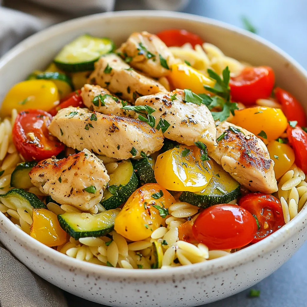 - 2 boneless, skinless chicken breasts, diced - 1 cup orzo pasta - 1 small onion, finely chopped - 2 cloves garlic, minced - 1 medium zucchini, diced - 1 red bell pepper, diced - 1 cup cherry tomatoes, halved - 2 cups chicken broth - 1 tablespoon olive oil - Juice and zest of 1 lemon - 1 teaspoon dried oregano - Salt and pepper to taste - Fresh parsley, chopped (for garnish) This recipe is all about bright flavors. The lemon juice and zest give a fresh kick. The chicken adds protein, while the veggies add color and crunch. Orzo pasta makes the dish hearty and filling. Cherry tomatoes bring a burst of sweetness. Together, these ingredients create a balanced and tasty meal. If you want to mix things up, you can swap chicken for shrimp or tofu. For a gluten-free option, use rice or quinoa instead of orzo. If you don’t have zucchini, try asparagus or green beans. You can also switch out the red bell pepper for yellow or orange for a sweeter taste. This way, you can make the dish your own! {{ingredient_image_1}} First, gather all your ingredients. You will need chicken, orzo, veggies, and spices. This will make cooking smooth and fast. Chop your onion, zucchini, and red bell pepper. Mince the garlic. Halve the cherry tomatoes. Dice the chicken into small pieces. 1. Heat 1 tablespoon of olive oil in a large skillet over medium heat. 2. Add the diced chicken to the skillet. Season with salt, pepper, and oregano. 3. Cook the chicken for about 5-7 minutes. It should turn brown and cook through. Remove the chicken and set it aside. 4. In the same skillet, add the chopped onion and minced garlic. Sauté for 2-3 minutes. This will make the kitchen smell great. 5. Add the diced zucchini and red bell pepper. Sauté these for another 5 minutes. They should start to soften. 6. Stir in 1 cup of orzo pasta. Mix it well with the veggies. 7. Pour in 2 cups of chicken broth. Bring this mixture to a boil. 8. Reduce the heat to a simmer. Add the juice and zest of 1 lemon. 9. Cover the skillet and cook for about 10 minutes. Stir it occasionally. The orzo will become tender and soak up the liquid. 10. Return the cooked chicken to the skillet. Stir everything together so it's mixed well. 11. Taste your dish. Adjust salt, pepper, or lemon juice if needed. Garnish your Lemon Chicken Veggie Orzo Skillet with fresh, chopped parsley. This will add a nice color and fresh taste. Serve it warm right from the skillet. Enjoy your delicious meal! To cook chicken that is juicy and tender, start with high heat. Heat your skillet with olive oil until it shimmers. Once hot, add the diced chicken. Season it well with salt, pepper, and oregano. This helps build a great flavor. Cook it for about 5-7 minutes. Make sure each piece gets a nice brown crust. This crust locks in moisture and taste. Always check that the chicken is fully cooked with no pink inside. To boost the flavor of your dish, use fresh herbs. Adding fresh parsley at the end brightens the dish. Lemon juice and zest also add a fresh kick. They balance the richness of the chicken and orzo. You can mix in a pinch of red pepper flakes for a little heat. Just be mindful of your spice level. Additionally, sautéing onion and garlic first brings out their natural sweetness. This step builds a flavorful base for the other ingredients. Cooking orzo is simple but needs attention. Use plenty of chicken broth for cooking. This adds depth to the orzo. Bring the broth to a boil before adding the orzo. Stir it well so it doesn't stick. Lower the heat to a simmer and cover it. This traps steam and helps the orzo cook evenly. Check it after about 10 minutes. You want it al dente, meaning it should have a slight bite. If it seems dry, add a little more broth. Pro Tips Marinating the Chicken: For extra flavor, marinate the diced chicken in lemon juice, olive oil, and oregano for at least 30 minutes before cooking. Cook Orzo Al Dente: To prevent the orzo from becoming mushy, cook it until al dente, as it will continue to absorb liquid while resting. Fresh Herbs for Garnish: Add a sprinkle of fresh herbs like basil or dill along with parsley for a vibrant finish and added flavor. Leftover Storage: Store leftovers in an airtight container in the fridge for up to 3 days. Reheat gently on the stove with a splash of broth to revive the dish. {{image_2}} You can switch the chicken for other proteins. Try shrimp for a seafood twist. Cook the shrimp for just a few minutes until they turn pink. You can also use turkey or tofu for a great change. Both options are tasty and healthy. To make this dish vegetarian, skip the chicken and add more veggies. You can use chickpeas or lentils for protein. If you want it vegan, replace chicken broth with vegetable broth. This keeps the flavor while making it plant-based. Use fresh, seasonal veggies for more flavor. In spring, add asparagus or peas. In summer, try corn or eggplant. In fall, swap in butternut squash or kale. Winter veggies like carrots or Brussels sprouts are also great. These swaps keep your meal exciting and full of fresh taste. To keep your Lemon Chicken Veggie Orzo Skillet fresh, let it cool first. Store it in an airtight container. You can keep it in the fridge for up to three days. If you want to save it longer, freezing is a good option. When you’re ready to eat, reheating is easy. You can use the microwave or stovetop. If using a microwave, heat it in short bursts. Stir in between to ensure even heating. On the stovetop, add a splash of broth or water to prevent drying. Heat over medium-low until warmed through. To freeze, portion out servings in separate containers. This makes it easy for meal prep. Label each container with the date. It can stay in the freezer for up to three months. To thaw, move it to the fridge overnight. Then, reheat as described above. Enjoy your tasty meal anytime! To make this dish gluten-free, swap out the orzo pasta for gluten-free orzo or rice. You can find these in most grocery stores. Just keep an eye on the cooking times since they may differ from regular orzo. The rest of the ingredients are naturally gluten-free, so you can enjoy this meal without worry. Yes, you can prepare Lemon Chicken Veggie Orzo Skillet ahead of time. Cook the dish as directed and let it cool. Once cool, store it in an airtight container in the fridge for up to three days. When you're ready to eat, just reheat it on the stove or in the microwave until hot. This dish pairs well with a fresh salad or steamed veggies. A simple green salad with lemon vinaigrette adds nice crunch and flavor. You could also serve it with crusty bread to soak up any leftover juices. If you want a heartier side, roasted potatoes or a grain like quinoa work great too. This blog post covered all you need for a tasty Lemon Chicken Veggie Orzo Skillet. We explored the essential ingredients, detailed cooking steps, and handy tips to enhance your meal. I shared ways to adapt the recipe, so it fits your needs. Lastly, I provided storage tips to keep your dish fresh and delicious. With these insights, you can enjoy cooking and impress anyone at the table. Use this recipe as your go-to for a healthy and flavorful dish anytime. Enjoy every bite!