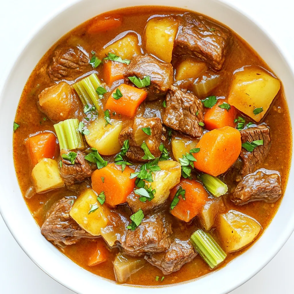To make a tasty Instant Pot beef stew, you need simple ingredients that pack a lot of flavor. Here’s what you will need: - 2 pounds beef chuck, cut into 1-inch cubes - 2 tablespoons olive oil - 1 large onion, chopped - 4 cloves garlic, minced - 4 cups beef broth - 3 carrots, sliced - 3 potatoes, diced - 2 celery stalks, chopped - 1 tablespoon tomato paste - 1 teaspoon dried thyme - 1 teaspoon dried rosemary - 1 bay leaf - Salt and pepper to taste - 1 tablespoon cornstarch (optional, for thickening) - 2 tablespoons water (if using cornstarch) These ingredients create a rich and hearty stew. The beef chuck gives a tender bite, while the veggies add color and crunch. Olive oil helps to brown the beef and cook the onions and garlic to enhance their flavors. The broth brings everything together, making a comforting and savory dish. Don't forget the herbs, as they add a lovely aroma and depth. If you prefer a thicker stew, cornstarch is your friend here. Just mix it with water before adding, and you will enjoy a perfect texture. {{ingredient_image_1}} 1. Setting up for Sauté Mode First, plug in your Instant Pot and set it to 'Sauté' mode. This will heat the pot and make it ready for cooking. 2. Browning the Beef Pour in 2 tablespoons of olive oil once the pot is hot. Add 2 pounds of beef chuck cut into 1-inch cubes. Season with salt and pepper. Brown the beef on all sides for about 5-7 minutes. Do this in batches if needed. Remove the beef and set it aside. 3. Sautéing Onion and Garlic In the same pot, add 1 large chopped onion and 4 minced garlic cloves. Sauté for about 3-4 minutes. You want the onion to turn translucent. This adds flavor and depth to your stew. 1. Deglazing the Pot Stir in 1 tablespoon of tomato paste and cook for another minute. Pour in 4 cups of beef broth. Scrape the bottom of the pot to lift any browned bits. This adds rich flavor to your stew. 2. Adding Remaining Ingredients Return the browned beef to the pot. Add 3 sliced carrots, 3 diced potatoes, and 2 chopped celery stalks. Toss in 1 teaspoon of dried thyme, 1 teaspoon of dried rosemary, and 1 bay leaf. Make sure to stir everything well to combine. 3. Pressure Cooking Settings Close the lid securely. Set the pressure valve to 'Sealing.' Choose 'Manual' high pressure and cook for 35 minutes. This will help the flavors blend and the beef become tender. 1. Natural Pressure Release Once your cooking time is up, let the pressure release naturally for 10 minutes. After that, do a quick release for any remaining pressure. Be careful when you open the lid. 2. Thickening the Stew If you want a thicker stew, mix 1 tablespoon of cornstarch with 2 tablespoons of water in a small bowl. Stir this mixture into the stew. Press 'Sauté' and let it simmer for a few more minutes until it thickens. 3. Adjusting Seasoning Before serving, remove the bay leaf. Taste the stew and adjust the seasoning with more salt and pepper if needed. Enjoy your warm and hearty beef stew! How to Achieve Perfect Browning To get great flavor, brown the beef well. Use batches to avoid crowding the pot. This allows each piece to sear properly. Sear for about 5-7 minutes until browned. Remove the beef and set it aside. Importance of Deglazing After browning the beef, deglaze the pot. This means scraping the bottom with a wooden spoon. It gets all those tasty bits into the stew. When you add the broth, it lifts these flavors. This step is key for a rich taste. Additional Herbs and Spices You can add more herbs for extra flavor. Try adding some parsley or oregano. A pinch of paprika can give warmth. Adjust spices to fit your taste. Experiment with what you love best! Optional Vegetables Feel free to add more veggies. Mushrooms, peas, or bell peppers work well. Cut them into small pieces so they cook evenly. This adds color and nutrition to your stew. Mix and match as you like! Pro Tips Brown the Beef: For maximum flavor, ensure you brown the beef in batches. This creates a rich base for your stew. Deglaze the Pot: After sautéing, always deglaze the pot with broth to lift the flavorful bits stuck to the bottom, enhancing the stew's taste. Natural Pressure Release: Allowing the pressure to release naturally for 10 minutes helps the stew to develop deeper flavors and tenderize the meat further. Customize Vegetables: Feel free to add or substitute your favorite vegetables, such as peas or green beans, to make the stew your own. {{image_2}} You can easily swap beef for chicken or pork. For chicken, use about 2 pounds of boneless thighs or breasts. Cut them into 1-inch pieces. For pork, pork shoulder works well. Both options cook quickly in the Instant Pot. Adjust the cooking time to about 25 minutes for chicken or pork. This keeps the meat tender and juicy. If you want a meatless stew, try using hearty vegetables and legumes. Swap beef for 2 cans of chickpeas or lentils. You can also use mushrooms for a meaty texture. Add more veggies like bell peppers, zucchini, or sweet potatoes. This will give your stew depth and flavor. Cook it for the same time as the beef stew. For a Mexican twist, add spices like cumin and chili powder. Use diced tomatoes instead of tomato paste. You can also add corn and black beans for extra flavor. Serve with fresh cilantro and lime for a zesty finish. This variation brings a warm, spicy kick to your dinner. To create an Italian-style stew, use Italian herbs like oregano and basil. Swap the beef broth for chicken broth for a lighter taste. Add diced tomatoes and bell peppers for a fresh flavor. A splash of red wine can enhance the richness. Serve with crusty bread to soak up the sauce. To keep your Instant Pot beef stew fresh, follow these tips: - Best Practices for Refrigeration: Let the stew cool to room temperature. Transfer it to an airtight container. Store it in the fridge for up to three days. This way, the flavors stay strong, and you can enjoy it again soon. - Freezing Instructions: For longer storage, freeze the stew. Use freezer-safe containers or bags. Leave some space at the top to allow for expansion. It will stay good for up to three months. When you're ready to eat, thaw it in the fridge overnight. Two main ways to heat your stew are the microwave or stovetop. - Microwave vs. Stovetop: The microwave is quick and easy. Just place it in a bowl and heat for 2-3 minutes. Stir halfway to heat evenly. The stovetop takes more time but can keep the stew’s texture. Pour it into a pot and heat on low for about 10 minutes. - Maintaining Texture and Flavor: To keep the stew thick and rich, stir it often while reheating. If it seems too thick, add a splash of beef broth or water. This will help keep the flavor just right. Cooking Instant Pot beef stew takes about one hour. This includes 20 minutes for prep and 35 minutes under high pressure. After cooking, allow 10 minutes for natural pressure release. This method gives you tender beef and rich flavors. Yes, you can use frozen beef for stew. Just add an extra 10 minutes to the cooking time. Do not thaw the beef before cooking. The Instant Pot cooks it safely and evenly, giving you a great stew. You can serve this stew with crusty bread, rice, or mashed potatoes. A fresh salad makes a nice side too. Try pairing it with green beans or roasted vegetables for more flavor. Each option complements the stew well. The Instant Pot beef stew is simple and tasty. We covered the key ingredients and steps to make it. You learned about browning beef, deglazing, and adding veggies. I also shared tips for better flavor and storage. You can even mix up the recipe with different meats or spices. Cooking should be fun and rewarding. Take these steps and make your own delicious stew. Enjoy the process and share with loved ones. Happy cooking!