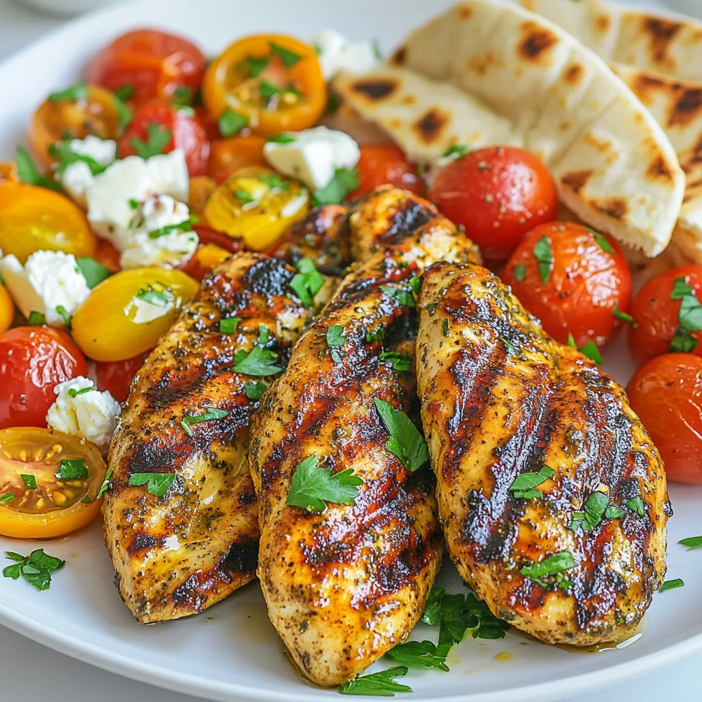 To make Mediterranean chicken tenders, you need fresh and tasty ingredients. Here’s what you’ll need: - 1 pound chicken tenders - 1 cup plain yogurt - 2 cloves garlic, minced - 2 tablespoons lemon juice - 1 tablespoon olive oil - 1 teaspoon dried oregano - 1 teaspoon ground cumin - 1 teaspoon paprika - Salt and pepper to taste - ½ cup feta cheese, crumbled - 1 cup cherry tomatoes, halved - Fresh parsley, chopped for garnish - Pita bread, for serving Each ingredient plays a key role in making this dish flavorful and simple. The chicken tenders are the star, tender and juicy. The yogurt marinade makes them creamy and adds tang. Garlic brings a nice punch, while lemon juice adds brightness. Olive oil keeps everything moist. Herbs and spices like oregano, cumin, and paprika give the chicken its Mediterranean flair. Feta cheese and tomatoes make a fresh side salad. Finally, warm pita bread complements the dish perfectly. Enjoy the mix of flavors and textures! {{ingredient_image_1}} To start, gather your ingredients for the marinade. In a medium bowl, mix together: - 1 cup plain yogurt - 2 cloves garlic, minced - 2 tablespoons lemon juice - 1 tablespoon olive oil - 1 teaspoon dried oregano - 1 teaspoon ground cumin - 1 teaspoon paprika - Salt and pepper to taste Stir these items well. The yogurt adds creaminess while the spices bring flavor. This marinade will make your chicken tender and juicy. Next, add 1 pound of chicken tenders to the marinade. Make sure each piece is covered well. Cover the bowl with plastic wrap and place it in the fridge. Let it marinate for at least 30 minutes. You can also leave it for up to 2 hours. The longer it sits, the more flavor it absorbs. After marinating, heat your grill or skillet to medium-high. Remove the chicken from the marinade and let the extra drip off. Cook the chicken for about 4-5 minutes on each side. Look for a golden brown color. You want an internal temperature of 165°F (75°C). This ensures the chicken is safe to eat and perfectly cooked. While the chicken cooks, prepare a fresh salad. In a bowl, combine: - 1 cup cherry tomatoes, halved - ½ cup feta cheese, crumbled Drizzle with a little olive oil and season with salt and pepper. Toss gently to mix. This salad adds a nice, fresh touch to your meal. Once the chicken is ready, take it off the heat. Let it rest for a couple of minutes before slicing, if you like. Serve the chicken tenders on a platter with the fresh salad. Add warm pita bread on the side. Finish by garnishing with chopped fresh parsley for color and flavor. Enjoy your Mediterranean feast! When picking chicken tenders, look for fresh, pink meat. Avoid any that seem slimy or have a strong smell. Choosing high-quality chicken ensures great taste and texture. If you can, buy organic or free-range chicken for better flavor and health benefits. The marinade is key to flavor. I use plain yogurt as a base. It keeps the chicken moist. Garlic, lemon juice, and spices add layers of taste. Make sure to coat each tender well and let them marinate for at least 30 minutes. If time allows, marinate for up to 2 hours. This gives the chicken more time to soak up the flavors. For cooking, preheat your grill or skillet to medium-high heat. This helps the chicken get a nice golden crust. Cook each tender for about 4-5 minutes on each side. Always check that the chicken's inside temperature reaches 165°F (75°C). This ensures it's safe and juicy. Let the chicken rest for a few minutes after cooking. This keeps the juices inside, making every bite tender and flavorful. Pro Tips Marinate Longer for Flavor: For the best flavor, allow the chicken to marinate for at least 2 hours. This helps the spices penetrate the meat, enhancing the overall taste. Use a Meat Thermometer: To ensure perfectly cooked chicken, use a meat thermometer. The internal temperature should reach 165°F (75°C). Rest the Chicken: After cooking, let the chicken rest for a few minutes before slicing. This allows the juices to redistribute, keeping the meat moist and flavorful. Fresh Ingredients Matter: Use fresh herbs and high-quality feta cheese for the salad to elevate the dish's flavor and presentation. {{image_2}} You can easily adapt this dish for various diets. For a gluten-free option, skip the pita bread and serve the chicken with a fresh salad. If you want a low-carb meal, use cauliflower rice instead of pita. Those who are vegan can swap the chicken with marinated tofu. The yogurt can be replaced with a plant-based yogurt for a dairy-free option. These changes let everyone enjoy this tasty meal. You can change the flavors by using different herbs and spices. Try adding fresh basil or thyme for a unique taste. Swap feta for goat cheese for a creamier texture. Instead of cherry tomatoes, use bell peppers for a crunchier bite. Adding olives can give a briny kick that pairs well with the chicken. These small swaps can make the dish feel fresh and exciting. For a casual lunch, serve the chicken tenders with a simple green salad. If you're hosting a dinner party, place the chicken on a large platter with colorful sides like grilled vegetables. For a picnic, pack the chicken with pita and a side of tzatziki. You can also serve it at a barbecue with skewers for easy eating. Each occasion can change how you present this dish while keeping it delicious. To keep your Mediterranean chicken tenders fresh, store them in an airtight container. Make sure the chicken is cool before sealing it. Place the container in the fridge. It will stay good for 3 to 4 days. If you want to keep it longer, consider freezing. Reheat your chicken tenders in the oven for the best results. Preheat your oven to 350°F (175°C). Place the chicken on a baking sheet and cover it with foil. Heat for about 10-15 minutes. This keeps the tenders moist and tasty. You can also use a microwave, but it may dry them out. You can freeze chicken tenders for up to 3 months. Wrap each tender in plastic wrap and place them in a freezer bag. Be sure to remove as much air as possible. When you’re ready to eat, thaw them in the fridge overnight before reheating. This makes for a quick meal later! Yes, you can use other cuts of chicken. Thighs or breasts work well. Just keep in mind that cooking times will change. Thighs may take a bit longer to cook. Breasts might cook faster, so watch them closely. I recommend marinating the chicken for at least 30 minutes. If you have time, go for 2 hours. The longer it sits, the more flavor it absorbs. Just remember not to go overboard, as too long can make the chicken mushy. You can serve these tenders with a fresh salad. Cherry tomatoes and feta make a great combo. Warm pita bread is also a nice touch. You might add a side of hummus for dipping. It’s all about the flavors blending together. Check the internal temperature with a meat thermometer. It should read 165°F (75°C). If you cut into the chicken, the juices should run clear. No pink should be visible. This means it’s safe to eat and perfectly cooked. This blog post shared how to make delicious Mediterranean chicken tenders. We covered the key ingredients, step-by-step cooking instructions, and variations for any diet. I also provided tips for storage and reheating. Enjoying this dish is easy with fresh flavors and simple techniques. Whether you cook this meal for yourself or guests, it will impress everyone. Keep exploring different ingredients to make it your own. Happy cooking!