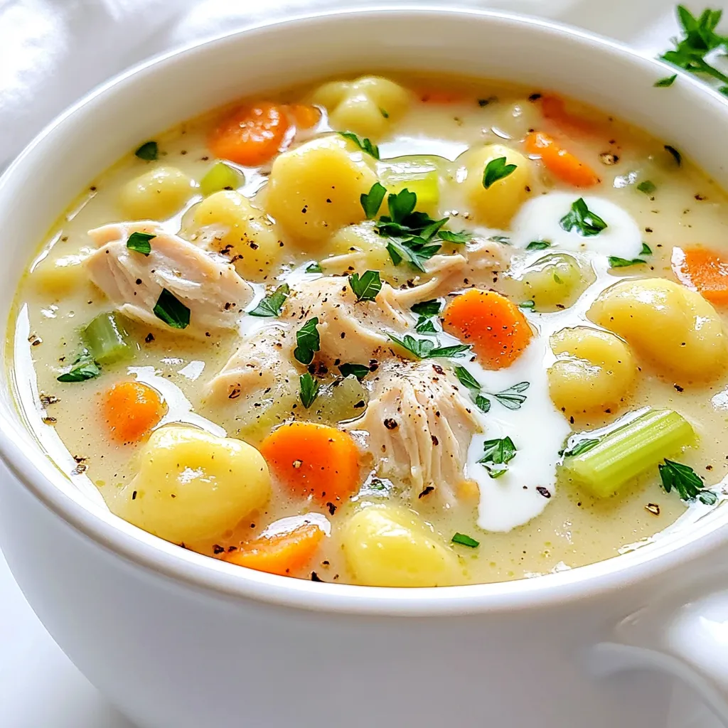 To make Olive Garden Chicken Gnocchi Soup, you will need these fresh ingredients: - 2 tablespoons olive oil - 1 medium onion, finely chopped - 3 cloves garlic, minced - 2 medium carrots, diced - 2 celery stalks, diced - 1 teaspoon dried thyme - 1 teaspoon dried oregano - 1 pound boneless, skinless chicken thighs, cubed - 4 cups chicken broth - 1 cup heavy cream - 1 package (16 oz) potato gnocchi - 2 cups fresh spinach, chopped - Salt and pepper to taste - Grated Parmesan cheese for serving - Fresh parsley, chopped, for garnish You can easily swap some ingredients for alternatives. Here are a few ideas: - Use olive oil for butter if you prefer. - Swap chicken thighs for chicken breast for a leaner option. - Replace heavy cream with half-and-half for less richness. - Use vegetable broth instead of chicken broth for a vegetarian version. - Substitute gnocchi with small pasta shapes, like orzo, if needed. - Fresh spinach can be replaced with kale or Swiss chard. Choosing fresh ingredients is key to great flavor. Here are my tips: - Onion and Garlic: Look for firm onions and plump garlic cloves. Avoid any that are soft or sprouting. - Carrots and Celery: Choose bright, crunchy carrots and crisp celery. They should feel heavy for their size. - Chicken Thighs: Buy chicken thighs that are pink and moist. Avoid any that look gray or dry. - Spinach: Select vibrant green leaves without any wilting. Fresh spinach should feel crisp. - Parmesan Cheese: For the best taste, opt for freshly grated cheese rather than pre-packaged versions. By following these tips, you will ensure your soup is not only delicious but also full of fresh flavors. To make Olive Garden Chicken Gnocchi Soup, start by gathering all the ingredients. This step helps keep things organized. 1. Heat 2 tablespoons of olive oil in a large pot over medium heat. 2. Add 1 chopped onion, 2 diced carrots, 2 diced celery stalks, and 3 minced garlic cloves. Sauté these for about 5 minutes. You want them to soften and release their flavors. 3. Next, stir in 1 teaspoon of dried thyme and 1 teaspoon of dried oregano. Then, add 1 pound of cubed boneless, skinless chicken thighs. Season with salt and pepper. Cook this mixture for 6-8 minutes, stirring often, until the chicken browns. 4. Pour in 4 cups of chicken broth and bring it to a gentle simmer. Let it cook for 15 minutes. This helps the chicken cook through and the flavors blend. 5. After that, add 1 cup of heavy cream and bring the soup back to a simmer. Stir in 1 package of potato gnocchi and cook for 2-3 minutes. The gnocchi will float when they are done. 6. Finally, mix in 2 cups of chopped fresh spinach. Let it wilt for about 2 minutes. Taste the soup and adjust the salt and pepper as needed. The total cooking time for this soup is about 40 minutes. You spend 15 minutes prepping and 25 minutes cooking. The key techniques are sautéing and simmering. Sautéing brings out the flavors in your veggies and chicken. Simmering helps all the ingredients blend well. For a great presentation, serve this soup in rustic bread bowls or individual soup bowls. Top each serving with grated Parmesan cheese and a sprinkle of fresh parsley for a colorful finish. This adds a nice touch and makes the dish look inviting. Enjoy your hearty Olive Garden Chicken Gnocchi Soup! To get the best texture in your soup, focus on the cooking times. Start by sautéing the veggies until soft. This step builds a great base. Cook the chicken until it is golden brown. This adds depth to the flavor. When you add the gnocchi, make sure to only cook it until it floats. Overcooking can make it mushy. The cream adds a rich texture, so stir gently to combine. If you have leftovers, store them in an airtight container. Let the soup cool before sealing it. This helps keep the flavor fresh. It can last in the fridge for about three days. If you want to keep it longer, consider freezing it. Just remember, the gnocchi will change texture when frozen. It may become softer when reheated. When it’s time to enjoy your soup again, reheat it gently. You can use a pot on the stove. Warm it over low heat and stir often. If it seems thick, add a splash of chicken broth or water. You can also microwave it for quick heat. Just use a microwave-safe bowl and cover it loosely. Heat in short bursts, stirring in between. This keeps the soup from splattering. Enjoy your creamy chicken gnocchi soup like it’s fresh! {{image_2}} You can make a tasty vegetarian version of this soup. Start by swapping the chicken with chickpeas or mushrooms. Use vegetable broth instead of chicken broth. This change keeps the soup rich and filling. Add more veggies like zucchini or bell peppers for extra flavor and texture. To make this soup gluten-free, choose gluten-free gnocchi. Many stores sell it now. Also, make sure your chicken broth is gluten-free. This way, you keep the taste while catering to gluten-free diets. You can enjoy this soup with no worries. Enhance the flavor with a few simple tweaks. Add a squeeze of lemon juice for brightness. Fresh herbs like basil or dill can boost the taste. A sprinkle of red pepper flakes adds a nice kick. You can also try adding a splash of white wine while cooking. This adds depth and richness to the soup. One serving of Olive Garden Chicken Gnocchi Soup has about 400 calories. This number can change based on your choices. The soup has healthy fats from olive oil and cream. The chicken adds protein, while the gnocchi provides carbs. - Chicken: Offers lean protein. It helps build and repair muscles. - Spinach: Packed with vitamins A and C. It supports your immune system. - Carrots: Full of beta-carotene. This helps with good vision and skin health. - Olive Oil: Contains healthy fats that can lower bad cholesterol. It also supports heart health. Compared to creamy soups like clam chowder, this soup is lighter. It has fewer calories and healthier fats. Many tomato soups have added sugar. This gnocchi soup skips that. This dish gives you protein and veggies. It is a great choice for a filling meal! Yes, you can freeze this soup. Just place it in a freezer-safe container. Leave some space at the top for it to expand while freezing. It will last up to three months in the freezer. To thaw, move it to the fridge overnight. Reheat it on the stove over low heat. Store the leftover soup in an airtight container. Keep it in the fridge for up to three days. When you want to eat it, stir it well before reheating. Add a bit of water or broth if it seems thick. This helps bring back its creamy texture. This soup pairs well with crusty bread or a fresh salad. You can also serve it with garlic bread for extra flavor. If you want something lighter, a side of steamed vegetables works great too. These sides help create a comforting meal that everyone will enjoy. This blog post covered key topics for making Olive Garden Chicken Gnocchi Soup. We explored essential ingredients, offering tips for choosing fresh options. The step-by-step instructions guide you through cooking with clear techniques and timing. We also shared tips for perfecting texture and storing leftovers. Variations included vegetarian and gluten-free options for everyone. Finally, we highlighted nutritional benefits and answered common questions. Now, you have the tools to create this comforting dish at home. Enjoy every bite and share it with loved ones!