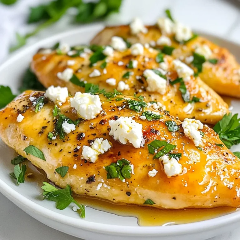 - 4 boneless, skinless chicken breasts - 1/2 cup feta cheese, crumbled - 3 tablespoons hot honey (or honey with red pepper flakes) - 2 tablespoons olive oil - 2 cloves garlic, minced - 1 teaspoon dried oregano - Salt and pepper to taste - Fresh parsley for garnish For a great Hot Honey Feta Chicken, use fresh, high-quality ingredients. Start with the chicken. Boneless, skinless breasts cook evenly and stay juicy. You can also use thigh meat for more flavor. Next, the feta cheese adds a creamy and salty touch. Crumbled feta melts nicely, creating a rich texture. Hot honey is the star here. You can buy it or make your own. Mix honey with red pepper flakes for heat. This blend gives the chicken a sweet and spicy kick. Olive oil keeps the chicken moist and helps the flavors blend. Minced garlic and dried oregano add depth. Garlic gives a warm, earthy flavor, while oregano brings a hint of freshness. Finally, salt and pepper enhance all the tastes. Don’t forget the fresh parsley! It adds color and a burst of flavor when you serve the dish. With these ingredients, your Hot Honey Feta Chicken will shine. Each bite will be a mix of sweet, spicy, and savory. Enjoy cooking! {{ingredient_image_1}} - Preheat the oven to 400°F (200°C). - Prepare a baking sheet with parchment paper. Start by heating your oven. This helps the chicken cook evenly. While the oven warms, get your baking sheet ready. The parchment paper keeps the chicken from sticking. It also makes cleanup easy. - Combine hot honey, olive oil, minced garlic, oregano, salt, and pepper. Now, let’s make the hot honey mix. In a small bowl, blend hot honey with olive oil. Add minced garlic, oregano, salt, and pepper. This mixture adds a sweet and spicy kick to the chicken. Mix well until everything is combined. - Coat the chicken breasts with the hot honey mixture. - Add crumbled feta cheese and bake for 25-30 minutes. Next, take your chicken breasts and place them on the baking sheet. Drizzle the hot honey mixture over each piece. Make sure to coat them well. Then, sprinkle crumbled feta cheese on top. Now it’s time to bake! Place the chicken in your preheated oven. Bake for 25-30 minutes. Check that the chicken reaches 165°F (75°C) inside. This step makes sure it’s safe to eat. The hot honey will caramelize, giving the chicken a nice glaze. Enjoy the aroma filling your kitchen! To make sure your chicken is just right, check its internal temperature. Use a meat thermometer and aim for 165°F (75°C). This ensures the chicken is safe to eat and juicy. Insert the thermometer in the thickest part of the chicken. Avoid touching bone, as it can give a false reading. Let the chicken rest for about 5 minutes after baking. This allows the juices to settle back in. If you skip this step, the chicken may dry out when you cut into it. You can take your Hot Honey Feta Chicken to new heights with extra herbs and spices. Adding fresh thyme or rosemary can bring a nice touch. A pinch of smoked paprika can also add depth. Experiment and find the mix you love! If you want to make homemade hot honey, it’s easy. Just mix honey with a pinch of red pepper flakes. You can adjust the heat to your liking. This gives you a fresh, tasty alternative that can really boost the dish. Pro Tips Marinate for Flavor: For an even deeper flavor, consider marinating the chicken in the hot honey mixture for at least 30 minutes or up to overnight in the refrigerator. Use Fresh Herbs: Fresh oregano or thyme can elevate the dish even further. Try using fresh herbs instead of dried for a vibrant flavor boost. Check Doneness: Always use a meat thermometer to ensure your chicken is cooked perfectly to an internal temperature of 165°F (75°C) for safety and juiciness. Serve with Sides: This dish pairs wonderfully with a fresh salad, roasted vegetables, or rice to soak up the delicious hot honey sauce. {{image_2}} If you can’t find feta cheese, try goat cheese. It has a similar creamy texture. You could also use ricotta for a milder taste. Both will work well in this dish. For hot honey, you can mix regular honey with red pepper flakes. This gives you a nice kick. If you want less heat, use just honey. It will still taste great. You can also use chili oil for a different flavor. You can grill the chicken instead of baking it. Grilling adds a smoky taste. Just preheat your grill and cook each side for about 6-7 minutes. Check that the chicken is fully cooked. Another option is using a slow cooker. This method gives the chicken a tender, juicy texture. Simply place the chicken in the slow cooker with the hot honey mixture. Cook on low for 4-5 hours or high for 2-3 hours. This will change the texture but keep the flavor amazing. To keep your Hot Honey Feta Chicken fresh, follow these steps: - How to store Hot Honey Feta Chicken: Allow the chicken to cool first. Place it in an airtight container. You can store it in the fridge for up to 3 days. - Recommended containers for storage: Use glass or plastic containers with tight lids. This helps keep the chicken moist and prevents odors from mixing. When it’s time to enjoy the leftovers, here’s how to reheat them: - Best methods to reheat without losing flavor or moisture: Use the oven or stovetop. For the oven, preheat it to 350°F (175°C). Place the chicken in a baking dish. Cover it with foil to keep moisture in. Heat for about 15-20 minutes. On the stovetop, warm the chicken in a pan over low heat. Add a splash of water or broth to keep it juicy. Stir gently until heated through. Enjoy your delicious meal! Hot honey is honey mixed with heat. It adds sweet heat to dishes. To make it, mix honey with a pinch of red pepper flakes. You can also buy hot honey in stores. It works well in many recipes, adding a nice kick. Yes, you can prepare this dish ahead of time. Mix the hot honey sauce and coat the chicken. Cover it and store it in the fridge for up to 24 hours. When ready to cook, just bake as directed. This saves time and makes dinner easy. Great sides for Hot Honey Feta Chicken include: - Roasted vegetables (like broccoli or carrots) - A fresh green salad with lemon dressing - Garlic bread for a tasty addition - Quinoa for a healthy grain option These sides complement the flavors of the chicken well. Enjoy your meal! This blog post covers a tasty recipe for Hot Honey Feta Chicken. You learned the key ingredients, easy steps for preparation, and tips for great results. Remember to check the chicken’s temperature and let it rest. We also explored variations and how to store leftovers. With some simple changes, you can make this dish your own. I hope you feel inspired to try this recipe and enjoy the flavors it brings. Happy cooking!
