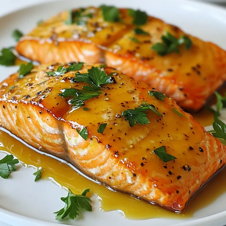 To make Maple Dijon Glazed Salmon, you need fresh and simple ingredients. Here’s what you’ll need: - 4 salmon fillets - 1/4 cup pure maple syrup - 2 tablespoons Dijon mustard - 1 tablespoon olive oil - 2 cloves garlic, minced - 1 tablespoon soy sauce (low-sodium) - Salt and pepper to taste - Fresh parsley for garnish (optional) These ingredients work together to create a sweet and tangy glaze. The maple syrup gives a rich flavor, while the Dijon mustard adds a nice kick. Olive oil keeps the salmon moist. Garlic brings depth, and soy sauce adds umami. You can use fresh salmon fillets or frozen ones. If using frozen, let them thaw in the fridge overnight. This recipe is simple, yet the flavors shine. It’s perfect for a weeknight dinner or special occasion. {{ingredient_image_1}} First, set your oven to 375°F (190°C). This temperature cooks the salmon just right. While the oven heats, line a baking sheet with parchment paper. This makes cleanup easier and helps the fish cook evenly. In a small bowl, whisk together the maple syrup, Dijon mustard, olive oil, minced garlic, and soy sauce. Add a pinch of salt and pepper for taste. This glaze gives the salmon a sweet and tangy kick. It’s important to mix well so all the flavors blend. Next, place the salmon fillets on the baking sheet, skin-side down. Make sure they are spaced apart to cook evenly. Then, brush the maple Dijon glaze generously over the top of each fillet. Save a little glaze for drizzling after cooking to enhance the flavor. Bake the salmon in the preheated oven for about 15 to 20 minutes. The cooking time depends on how thick the fillets are. The salmon is done when it flakes easily with a fork. For a nice caramelized finish, switch your oven to broil for the last 2 minutes. Watch it closely so it doesn’t burn! After baking, remove the salmon from the oven and let it rest for a couple of minutes. This helps the juices settle. Drizzle the reserved glaze over the salmon for extra flavor. You can also garnish with fresh parsley for a pop of color. Enjoy your delicious meal! To get the best glaze for your salmon, you can try alternatives to maple syrup. Honey works well if you want a sweeter taste. Agave syrup also gives a nice flavor while being vegan. For extra kick, add spices like smoked paprika or cayenne pepper. These spices bring warmth and depth to the glaze. To check if your salmon is done, look for the fish to flake easily with a fork. This shows it is fully cooked. If your fillets are thicker, you may need to bake them longer. Add a few extra minutes to the baking time for thicker pieces. This ensures the salmon cooks evenly and stays moist. Serving your dish beautifully can make a big difference. Place the salmon on a nice plate and drizzle the reserved glaze on top. This adds shine and flavor. For sides, consider pairing with steamed veggies or a fresh salad. These options balance the richness of the salmon and add color to the meal. Pro Tips Freshness Matters: Always choose fresh salmon fillets for the best flavor and texture. Look for bright, firm flesh with no strong fishy odor. Marinate for Extra Flavor: If time allows, marinate the salmon in the maple Dijon glaze for 30 minutes before cooking to enhance the flavor. Perfect Cooking Time: To avoid overcooking, check the salmon a few minutes before the recommended cooking time. It should flake easily but still be moist. Garnish for Presentation: A sprinkle of fresh parsley adds a pop of color and freshness to your dish, making it visually appealing. {{image_2}} You can make this dish even better with a few tweaks. Adding citrus zest can give a fresh touch. Try lemon or orange zest for a bright flavor. It complements the sweetness of the maple syrup and the tanginess of the Dijon mustard. You can also switch up the mustard. If you like spice, use a spicy brown mustard. For a milder taste, honey mustard works great too. Each option brings a new twist to the dish. You have choices for cooking this salmon. Grilling gives a nice smoky flavor. It also adds lovely grill marks. If you choose this method, brush the glaze on while grilling. Baking is simple and keeps the fish moist. It allows the glaze to caramelize nicely. For a crispy skin, try pan-searing the salmon. Start skin-side down in a hot pan. Cook until the skin is golden, then add the glaze and finish in the oven. You can easily make this dish gluten-free. Just swap out the soy sauce for a gluten-free version. This small change keeps the flavor without the gluten. If you need a low-sodium option, look for low-sodium soy sauce. You can also cut back on the salt in the glaze. This way, you still enjoy the flavor without too much salt. To keep your maple Dijon glazed salmon fresh, store it right. First, let the salmon cool down to room temperature. Then, place the leftover salmon in an airtight container. This helps seal in moisture and flavor. You can also wrap it tightly in plastic wrap before putting it in a container. Store it in the fridge for up to three days. If you want to keep it longer, consider freezing it. Wrap each fillet in aluminum foil and then place them in a freezer bag. This way, they can last up to three months. When it's time to enjoy your leftovers, reheating is key. Preheat your oven to 350°F (175°C). Place the salmon on a baking sheet lined with parchment paper. Cover it loosely with aluminum foil to keep moisture in. Heat it for about 10-15 minutes, or until it warms through. This method helps keep the glaze intact and avoids drying out the fish. If you want a little crispiness, you can remove the foil for the last 3 minutes. Enjoy that delicious glaze again! You should cook salmon at 375°F for 15 to 20 minutes. The time depends on the thickness of the fillets. A thicker piece may need more time. To check if it's done, use a fork to see if it flakes easily. If it does, it is ready! Yes, you can use other fish like trout or cod. These fish also take well to the Maple Dijon glaze. Adjust the cooking time depending on the thickness of the fish. For thinner fillets, reduce the baking time a bit. Pair the salmon with green vegetables like steamed broccoli or asparagus. A light salad with lemon dressing works well too. You can also serve it with rice or quinoa for a complete meal. These sides enhance the flavors of the salmon. This article covered how to prepare Maple Dijon Glazed Salmon. You learned about the ingredients needed, step-by-step instructions, and tips for cooking. We explored flavor variations and discussed storage options. You can now create a tasty dish that impresses anyone. Try different methods and find your favorite flavor. Enjoy cooking and making each meal special!