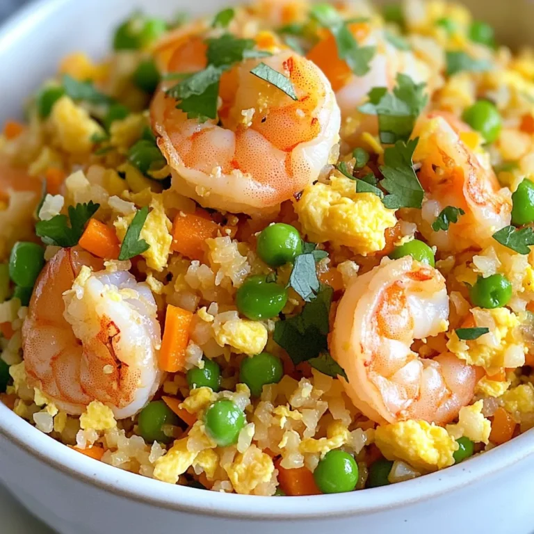 To make Shrimp Cauliflower Fried Rice, you need the following: - 1 medium head of cauliflower, grated or pulsed into rice-sized pieces - 1 pound shrimp, peeled and deveined - 2 tablespoons sesame oil - 1 cup peas and carrots (fresh or frozen) - 2 eggs, beaten - 3 green onions, chopped - 2 cloves garlic, minced - 1 inch ginger, minced - 3 tablespoons low-sodium soy sauce - Salt and pepper to taste - Fresh cilantro, for garnish (optional) You can swap some ingredients if needed. Here are some options: - Cauliflower: Use broccoli, riced zucchini, or even quinoa for a different base. - Shrimp: Substitute with chicken, tofu, or any firm fish. - Sesame oil: Olive oil or coconut oil can work well instead. - Low-sodium soy sauce: Try tamari or coconut aminos for a gluten-free option. Choosing fresh shrimp is key for great flavor. Here’s what to look for: - Check for a clean, ocean-like smell. - Choose shrimp that look moist and translucent. - Avoid shrimp with black spots or a dull appearance. - If buying frozen, pick shrimp with no ice crystals in the package. Following these tips ensures your dish tastes fresh and delightful! {{ingredient_image_1}} To start, you need to make cauliflower rice. First, cut the cauliflower into small florets. Then, pulse them in a food processor until they look like rice grains. If you don’t have a food processor, you can use a box grater. Once done, set the cauliflower rice aside. This rice is low in carbs and full of nutrients. Next, grab a large skillet or wok. Heat 1 tablespoon of sesame oil over medium-high heat. Add the shrimp to the skillet. Cook them for about 2-3 minutes. They should turn pink and opaque. Once cooked, take them out and set them aside. In the same skillet, add the rest of the sesame oil. Toss in minced garlic, ginger, and chopped green onions. Sauté them for about 1 minute until they smell great. Then, stir in the peas and carrots. Cook them for another 2-3 minutes to soften. Now it’s time to scramble the eggs. Push the veggies to one side of the skillet. Pour in the beaten eggs and scramble them until fully cooked. Mix the eggs with the veggies. Next, add the cauliflower rice and the cooked shrimp back into the skillet. Stir well to combine everything. Pour the soy sauce over the mix and add salt and pepper to taste. Cook for another 5-7 minutes. Stir often until the cauliflower is tender but not mushy. This step is key for a great texture! To get the best texture for your cauliflower rice, use a food processor. Cut the cauliflower into small florets first. Pulse them until they look like grains of rice. Do not over-process, or you will get mushy cauliflower. You want a light and fluffy texture. You can change the taste of your dish easily. Try adding some chili flakes for heat. A sprinkle of smoked paprika gives a nice depth. You can also add a dash of lime juice for a zesty kick. Experiment with different spices to find your favorite mix. One common mistake is cooking the cauliflower rice too long. You want it tender, not mushy. Another mistake is not seasoning enough. Taste your dish as you cook. Adjust the salt and soy sauce to your liking. Finally, avoid overcrowding the skillet. If you add too much at once, the heat will lower, and everything will steam instead of fry. Pro Tips Don’t Overcook the Shrimp: Shrimp cooks quickly, so keep an eye on them. They should turn pink and opaque but not rubbery. Use Fresh Cauliflower: For the best texture and flavor, use fresh cauliflower instead of frozen. It will give your fried rice a better bite. Customize Your Veggies: Feel free to add other vegetables such as bell peppers or broccoli to enhance your dish and add color. Season to Taste: Adjust the soy sauce and seasoning according to your preference. Taste as you go for the best results! {{image_2}} You can add many veggies to your shrimp cauliflower fried rice. This helps make the dish more colorful and healthy. Try bell peppers, broccoli, or snap peas. Simply chop them small and stir them in during the sauté step. This way, you keep the flavors fresh and vibrant. You can even add spinach or kale at the end for a nice green touch. More veggies mean more vitamins! If you don’t love shrimp or want to try something new, you can swap proteins. Chicken, beef, or tofu work great. Just cut the protein into small pieces. Cook it first, just as you do with shrimp. Then set it aside and continue with the recipe. For a vegetarian option, use chickpeas or tempeh. These choices add their own flavors and protein punch to the meal. For those who need gluten-free options, there are easy swaps. Look for tamari sauce, which is gluten-free soy sauce. Coconut aminos is another great choice. It has a sweet taste and works well in many dishes. Just replace the soy sauce in the recipe with your choice. This way, you keep the taste while making it safe for everyone to enjoy! To store leftover shrimp cauliflower fried rice, let it cool first. Place the rice in an airtight container. Make sure to cover it well to keep out air. Store it in the fridge for up to three days. Keeping it cool helps keep the flavors fresh. If you have a lot, consider dividing it into smaller portions. This makes it easy to grab later. When reheating, use a skillet for the best taste. Heat a little oil over medium heat. Add your leftover rice and stir it often. This helps it warm evenly. If the rice seems dry, add a splash of water or soy sauce. You can also use the microwave, but be careful. Heat it in short bursts and stir in between to avoid hot spots. Freezing is a great way to save shrimp cauliflower fried rice. First, let it cool completely. Then, put it in a freezer-safe bag or container. Remove as much air as you can to prevent freezer burn. Label the bag with the date. You can freeze it for up to three months. When ready to eat, thaw it in the fridge overnight. Reheat it as you would with leftovers for the best taste. Using cauliflower instead of rice has many health benefits. Cauliflower is low in calories and carbs. It has more fiber, which helps digestion. This veggie is also rich in vitamins C and K. These vitamins support your immune system and bone health. By swapping rice for cauliflower, you reduce your carb intake. This can help with weight control. Plus, cauliflower is packed with antioxidants, which can protect your cells. Yes, you can make Shrimp Cauliflower Fried Rice ahead of time. Cook the dish and let it cool. Then, store it in an airtight container in the fridge. It will taste great for a few days. If you want to save time during the week, prep the cauliflower rice and shrimp in advance. This way, you can quickly fry them with the other ingredients when you're ready to eat. Shrimp Cauliflower Fried Rice lasts about 3 to 4 days in the fridge. To keep it fresh, store it in a tight container. Make sure it cools before you put it in the fridge. If you see any signs of spoilage, like a bad smell or discoloration, discard it. If you want it to last longer, consider freezing it. In this post, we explored the key ingredients for shrimp cauliflower fried rice and shared step-by-step instructions. We provided helpful tips on selecting shrimp and achieving the perfect cauliflower rice texture. We also discussed tasty variations and proper storage methods. Embracing cauliflower rice can boost health while keeping meals light and satisfying. Experiment with flavors and ingredients you love. This dish is not just healthy; it’s a delicious way to enjoy nutritious meals. Enjoy making shrimp cauliflower fried rice that fits your taste!