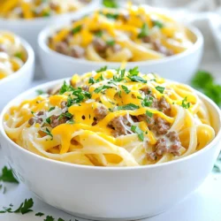 - 8 oz fettuccine pasta - 1 lb ground beef - 1 small onion, finely chopped - 2 cloves garlic, minced - 1 cup heavy cream - 1 cup beef broth - 1 cup shredded cheddar cheese - 1/2 cup grated Parmesan cheese - 1 tbsp Worcestershire sauce - 1 tsp Italian seasoning - Salt and pepper to taste - 2 tbsp olive oil - Chopped parsley for garnish When making Creamy Cheeseburger Alfredo Pasta, gather all these ingredients first. Fettuccine pasta is perfect for this dish. Its wide shape holds the sauce well. Ground beef adds rich flavor and protein. I recommend using a fresh pound from the butcher for the best taste. Next, you need onion and garlic for depth. They bring sweetness and aroma. Finely chop the onion to ensure it cooks quickly. Minced garlic adds a punch of flavor. The dairy ingredients are key. Heavy cream creates a smooth sauce. Cheddar cheese gives it a nice bite. Parmesan cheese adds a salty, nutty taste. Together, these create a creamy texture. Seasoning enhances the flavors. Worcestershire sauce gives a savory touch. Italian seasoning adds herbs that pair well with beef. Don’t forget salt and pepper to taste. Olive oil is crucial for browning the beef. It keeps things from sticking. Lastly, chopped parsley is for garnish. It adds a pop of color and freshness. With these ingredients ready, you can create a rich, savory dish that everyone will love! {{ingredient_image_1}} Start by bringing a large pot of salted water to a boil. This step is key for flavor. Once the water boils, add 8 oz of fettuccine pasta. Cook it according to the package instructions until it is al dente. This will give your pasta the perfect bite. Once done, drain it in a colander and set it aside for later. Next, it's time to brown the ground beef. In a large skillet, heat 2 tablespoons of olive oil over medium heat. When the oil is hot, add 1 lb of ground beef. Use a spatula to break it apart. Cook until the beef is browned and no longer pink, which takes about 5 to 7 minutes. This step is important for flavor. After the beef is browned, add 1 small finely chopped onion to the skillet. Cook the onion until it turns translucent, about 3 to 4 minutes. Then, stir in 2 minced garlic cloves. Cook for just 1 more minute. This adds a great depth of flavor to your dish. Now, let’s make the creamy Alfredo sauce. Slowly pour in 1 cup of beef broth and 1 cup of heavy cream while stirring constantly. Bring the mixture to a gentle simmer. This allows the flavors to blend well. To achieve that creamy consistency, keep stirring as it simmers. It’s time to mix in the cheeses and seasonings. Stir in 1 cup of shredded cheddar cheese and 1/2 cup of grated Parmesan cheese. Allow them to melt into the sauce. Next, add 1 tablespoon of Worcestershire sauce, 1 teaspoon of Italian seasoning, and salt and pepper to taste. Adjust these to match your flavor. Finally, add the cooked fettuccine to the skillet. Toss it gently to coat the pasta evenly with that creamy sauce. Cook for an additional 2 to 3 minutes until everything is heated through. Enjoy your delicious creation! To make this dish creamy, use low heat when cooking the sauce. High heat can cause the cream to separate. Start by adding the heavy cream slowly to the beef broth. Stir often to blend the ingredients well. Keep your cream and broth at room temperature before mixing. Cold ingredients can shock the mix and affect the texture. A gentle simmer helps the flavors meld without losing creaminess. To boost flavor, consider adding a splash of soy sauce or a dash of hot sauce. These can add depth without overpowering the dish. Fresh herbs like parsley or chives work great too. They add a fresh taste that dried herbs can't match. If you use dried herbs, add them early. This gives them time to release their flavors. Fresh herbs should go in at the end. This keeps their vibrant taste intact. For the best coating, aim for a balance of pasta and sauce. Start with the pasta in the skillet, then add sauce. Toss it gently to cover each piece evenly. If you find the sauce too thick, add a bit of pasta water to loosen it. For a thicker sauce, let it simmer longer to reduce. This brings out the flavors and gives it a nice richness. Adjust until you find the perfect consistency that sticks to the pasta just right. Pro Tips Cook Pasta Al Dente: Make sure to cook the fettuccine just until al dente to ensure it retains a bit of bite, which will help it hold up in the creamy sauce. Use Fresh Ingredients: Whenever possible, use fresh garlic and onion for the best flavor. Fresh ingredients can significantly enhance the overall taste of your dish. Adjust Cheese to Taste: Feel free to experiment with different types of cheese, such as Gruyère or Monterey Jack, to customize the flavor profile of your Alfredo sauce. Garnish for Presentation: Don't skip the chopped parsley garnish! It adds a pop of color and freshness that elevates the dish visually and enhances the flavor. {{image_2}} You can make this dish lighter by swapping the ground beef for lean ground turkey. This change cuts down on fat while keeping flavor. Whole wheat fettuccine is another great option. It adds fiber and nutrients, making each bite more filling. Adding veggies can boost nutrition and flavor. Consider bell peppers, spinach, or broccoli. You can sauté these with the onions for extra taste. They add color and crunch, making your dish more appealing. Cheese is key to the creamy texture. You can try mixing mozzarella or gouda for a new twist. Each cheese brings a unique taste that can change the whole dish. Experiment with your favorites to find your ideal flavor. To store your Creamy Cheeseburger Alfredo Pasta, wait until it cools. Place it in an airtight container. This keeps the dish fresh and safe. Glass or plastic containers work well. Make sure to seal them tightly. Store in the fridge for up to three days. When you're ready to enjoy leftovers, you can use the microwave. Put the pasta in a microwave-safe bowl. Add a splash of milk or broth to keep it moist. Heat in short bursts, stirring in between. This avoids hot spots. You can also reheat on the stovetop. Place the pasta in a pan over low heat. Stir often and add a little milk to enhance creaminess. This method helps maintain the texture. If you want to freeze the dish, cool it completely first. Use freezer-safe containers or bags. Leave some space at the top for expansion. You can freeze leftovers for up to three months. Before reheating, thaw the pasta in the fridge overnight. This helps it heat evenly. For quick thawing, you can use the microwave on low power. Once thawed, reheat using the stovetop or microwave methods. To make this dish, start with the homemade Alfredo sauce. Here's how: 1. Cook the Pasta: Boil salted water and cook fettuccine until al dente. Drain and set aside. 2. Brown the Beef: Heat olive oil in a skillet. Add ground beef and cook until browned. 3. Sauté Aromatics: Add chopped onion and cook until soft. Then add minced garlic. 4. Make the Alfredo Sauce: Pour in beef broth and heavy cream. Stir and let it simmer. 5. Add Cheese and Flavor: Mix in cheddar and Parmesan cheese until melted. Stir in Worcestershire sauce and seasoning. 6. Combine Pasta and Sauce: Toss the cooked fettuccine in the sauce. Heat for a few minutes. 7. Serve: Garnish with parsley and enjoy! This method ensures a creamy, rich sauce that perfectly coats the pasta. Yes, you can make this dish gluten-free. Use gluten-free fettuccine or other gluten-free pasta like penne or rice noodles. Just check the cooking times, as they may differ from regular pasta. This way, everyone can enjoy this delicious meal! Leftovers will stay fresh in the fridge for about 3 to 4 days. Store them in an airtight container. Make sure to cool the pasta before putting it in the fridge. This helps keep it safe and tasty for your next meal. There are many tasty sides to enjoy with this dish. Here are some ideas: - Garlic bread for a crunchy side. - A fresh garden salad to balance the rich flavors. - Steamed broccoli or green beans for extra veggies. - A light drink like lemonade or iced tea to complement the meal. These options will enhance your dining experience! Yes, you can meal prep this recipe. Cook the pasta and sauce in advance. Store them separately in the fridge. When you're ready to eat, just reheat them together in a skillet. This saves time and makes weeknight meals easy! In this blog post, we explored how to make Creamy Cheeseburger Alfredo Pasta. I walked you through essential ingredients like fettuccine, ground beef, and rich cheeses. You learned each step, from cooking pasta to crafting the perfect sauce. I also shared tips for creaminess and flavor. Remember, you can make this dish healthier or add veggies easily. Enjoy your cooking adventure, and don’t hesitate to customize your meal. You’ll create a dish that impresses every time!