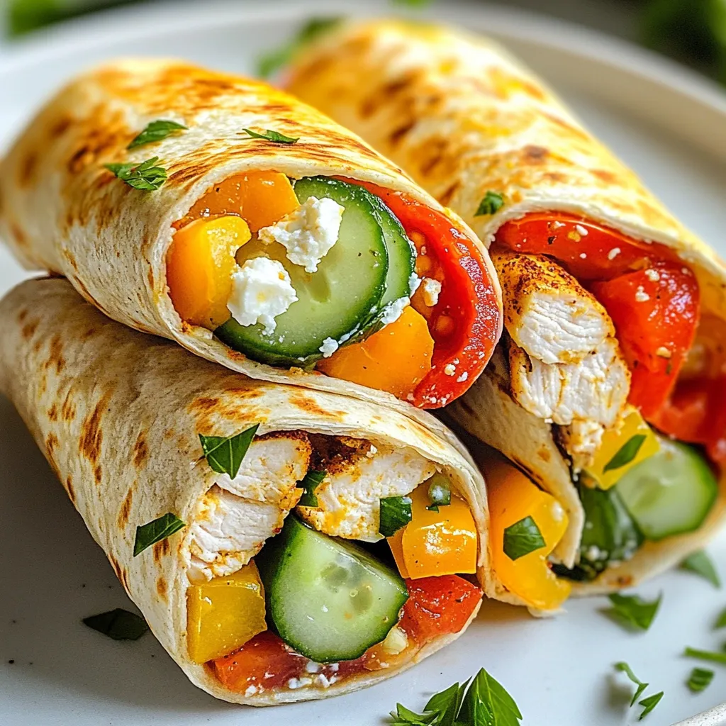 To make tasty Mediterranean chicken wraps, you need these main ingredients: - 2 boneless, skinless chicken breasts - 1 teaspoon smoked paprika - 1 teaspoon oregano - 1 lemon, juiced - 2 tablespoons olive oil - 1 garlic clove, minced - Salt and pepper to taste - 6 large whole wheat tortillas - 1 cup hummus - 1 cup cherry tomatoes, halved - 1 cucumber, diced - 1 bell pepper, sliced (any color) - 1/2 red onion, thinly sliced - 1 cup feta cheese, crumbled Each of these ingredients plays a key role in the flavor. The smoked paprika adds warmth, while lemon juice brings brightness. Fresh veggies add crunch and color. You can enhance your wraps with these garnishes: - Fresh parsley or mint, chopped For dipping, consider serving with: - Extra hummus - Yogurt sauce These extras bring freshness and flavor. They also make your meal look beautiful and inviting. Each serving of these Mediterranean chicken wraps has: - Calories: Approximately 350 - Protein: 25g - Carbohydrates: 40g - Fat: 12g These wraps are a balanced meal. They provide protein, healthy fats, and fiber. Enjoy them as a quick lunch or a light dinner. {{ingredient_image_1}} Start by making the marinade. In a bowl, mix together smoked paprika, oregano, lemon juice, olive oil, minced garlic, salt, and pepper. This mix gives the chicken great flavor. Add the chicken breasts to the bowl, making sure they get coated well. Cover the bowl and let it sit in the fridge for at least 30 minutes. This step helps the chicken absorb all the tasty spices. Next, it's time to cook the chicken. Preheat your grill or skillet over medium-high heat. Take the chicken out of the marinade and place it on the hot grill or skillet. Cook for about 6-7 minutes on each side. You want the chicken to reach an internal temperature of 165°F (75°C). This ensures it’s safe to eat. Once it's done, let the chicken rest for a few minutes. Then, slice it into thin strips. Now, you can start putting your wraps together. Lay out the whole wheat tortillas on a clean surface. Spread about 2 tablespoons of hummus on each tortilla. This adds creaminess and flavor. Place a good amount of sliced chicken in the center of each tortilla. Add cherry tomatoes, cucumber, bell pepper, red onion, and crumbled feta cheese on top. To wrap it up, fold in the sides of the tortilla first. Then roll it tightly from the bottom up. This keeps all the fillings inside. If you plan to eat right away, cut the wraps in half diagonally. For later, you can wrap each one in parchment paper or foil to keep them fresh. Serve on a large platter, garnished with chopped parsley or mint. Extra hummus or yogurt sauce makes a great dip! To make the chicken burst with flavor, use a good marinade. Combine smoked paprika, oregano, lemon juice, olive oil, minced garlic, salt, and pepper in a bowl. This mix adds depth and zest. Marinate the chicken for at least 30 minutes. If you have time, longer is better. It allows the flavors to soak in. Whole wheat tortillas work great for this wrap. They add a nutty flavor and extra fiber. You can also try spinach or herb tortillas for added taste. Look for large tortillas to hold all the fillings. This keeps your wrap secure and easy to eat. If you have leftovers, wrap each in parchment paper or foil. This keeps them fresh. Store in the fridge for up to three days. To reheat, unwrap the wraps and place them in a skillet over low heat. This warms them up without making them soggy. Enjoy! Pro Tips Marinating Time: For best flavor, marinate the chicken for at least 1 hour or even overnight if possible. Grilling Technique: Use a meat thermometer to ensure the chicken is perfectly cooked at 165°F (75°C) without drying it out. Fresh Ingredients: Opt for fresh, seasonal vegetables for the best taste and texture in your wraps. Wrap Storage: If making wraps ahead of time, store them in the refrigerator to keep them fresh and prevent sogginess. {{image_2}} You can switch the chicken for other proteins. Try grilled shrimp or steak for a twist. Tofu is a great choice for a plant-based option. For something unique, use falafel; they add crunch and flavor. These alternatives keep the wrap exciting and tasty. To make a vegetarian wrap, use roasted veggies like zucchini and bell peppers. You can add chickpeas for protein. For a vegan version, skip the feta cheese and use a creamy avocado spread. This adds good fats and flavor. You can also try tahini for a nutty taste. Mix things up with spices or herbs. A sprinkle of cumin can add warmth. Fresh basil or dill gives a bright touch. You might also add olives or artichoke hearts for extra flavor. For heat, sliced jalapeños or a dash of hot sauce can spice things up. These simple changes make the wrap personal and fun. To store leftover wraps, first let them cool down. Wrap each one tightly in parchment paper or foil. Place them in an airtight container. This keeps them fresh and prevents drying out. You can store them in the fridge for up to three days. To freeze your wraps, you should first prepare them as usual. After wrapping, wrap each one in plastic wrap. Then, place them in a freezer-safe bag. You can freeze them for up to three months. When you want to eat them, thaw in the fridge overnight. To keep your wraps fresh, avoid adding wet ingredients like tomatoes or cucumber until serving. This helps prevent sogginess. If you plan to eat them later, keep the veggies and sauces separate. You can also store the filling and tortillas separately for the best taste. You can prepare the chicken and veggies ahead of time. Marinate the chicken and store it in the fridge. You can also chop the vegetables the day before. Keep them in airtight containers to stay fresh. When you are ready to eat, just cook the chicken and assemble wraps. Wraps stay fresh for about three days. Yes, you can use any vegetables you like. Try adding spinach, shredded carrots, or roasted zucchini. Bell peppers and cucumbers add crunch, but feel free to mix it up. Seasonal veggies work great too. Just make sure they are cut into bite-sized pieces for easy eating. If you need a substitute for feta, try goat cheese or ricotta. For a vegan option, use crumbled tofu with some lemon juice. You can also omit cheese altogether and add more veggies. This keeps the wraps fresh and flavorful while still satisfying. Yes, baking is an option if you prefer it. Preheat your oven to 400°F (200°C). Place the assembled wraps on a baking sheet. Bake for about 15 minutes until they are warm and slightly crispy. This method gives you a nice texture without grilling. Mediterranean chicken wraps are easy, tasty, and fun to make. We covered key ingredients, cooking steps, and tips to make them great. You can switch proteins and veggies for new flavors or make them vegetarian. Storing and reheating your wraps helps reduce waste. With these ideas, you can enjoy delicious wraps whenever you want. Try your own twist and share it with friends. Enjoy making and eating your wraps!