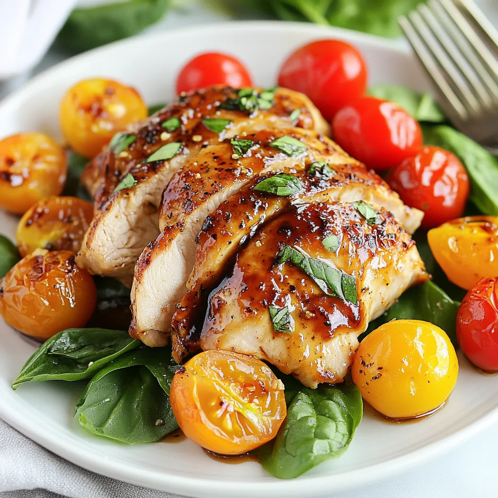- 4 boneless, skinless chicken breasts - 1/2 cup balsamic vinegar - 1/4 cup honey - 2 tablespoons olive oil - 3 cloves garlic, minced - 1 teaspoon dried oregano - Salt and pepper to taste - 1 pint cherry tomatoes, halved - 2 cups fresh spinach - Fresh basil for garnish For this One Pan Balsamic Chicken meal, you need simple items. The chicken is the star. I use four boneless, skinless breasts. They cook well and stay juicy. Balsamic vinegar adds a tangy taste. Honey gives a nice sweetness. Together, they make a great marinade. You will need olive oil to cook the chicken. Garlic is a must for flavor. Dried oregano brings an herby touch. Don't forget salt and pepper to enhance the taste. For fresh veggies, I add halved cherry tomatoes and spinach. The tomatoes burst with juice while cooking. Spinach adds color and nutrients. Finally, fresh basil makes for a lovely garnish. It adds a bright flavor at the end. Each ingredient plays a part in this tasty dish. Trust me, you’ll love it! {{ingredient_image_1}} Whisk together balsamic vinegar, honey, olive oil, garlic, oregano, salt, and pepper. This mix adds a rich flavor to the chicken. Add the chicken breasts to the marinade. Make sure they are well coated. Let the chicken sit in the marinade for at least 30 minutes. For more flavor, refrigerate for up to 2 hours. Preheat your oven to 400°F (200°C). This step is key for even cooking. While the oven heats, take a large oven-safe skillet and place it on medium-high heat. This will help you get a good sear on the chicken. Remove the chicken from the marinade, saving it for later. Place the chicken in the skillet. Sear each side for 4-5 minutes. Look for a nice golden color. After searing, take out the chicken and set it aside. In the same skillet, add the halved cherry tomatoes. Cook them for about 2 minutes until they start to soften. Now, return the seared chicken to the skillet. Pour the reserved marinade over the chicken. Scatter fresh spinach around the chicken and tomatoes. The spinach will wilt down nicely in the oven. Transfer the skillet to the preheated oven. Bake for 20-25 minutes. Make sure the chicken reaches an internal temperature of 165°F (75°C). This ensures that the chicken is fully cooked and safe to eat. Once done, remove the skillet from the oven. Garnish with fresh basil for a pop of color and taste. Serve immediately, spooning the flavorful balsamic sauce and tomatoes over the chicken. This dish looks as good as it tastes! Marinating the chicken longer boosts the flavor. I suggest letting it sit for at least 30 minutes. If you have time, 2 hours in the fridge works wonders. You can also tweak the balsamic and honey amounts. If you like it sweeter, add more honey. For a tangy twist, increase the balsamic vinegar. A meat thermometer is your best friend. Check the chicken's internal temperature; it should reach 165°F (75°C). Once it's done baking, let the chicken rest for a few minutes. This makes the meat juicier and more flavorful. This dish shines with sides. Pair it with rice or quinoa for a filling meal. A fresh salad also works great and adds crunch. The vibrant colors of the chicken and veggies make your plate look beautiful too! Pro Tips Marination Time: The longer you marinate the chicken, the more flavorful it will be. Aim for at least 2 hours in the fridge for maximum taste. Use Fresh Ingredients: Fresh garlic and basil can elevate the dish's flavor profile significantly. Opt for fresh over dried whenever possible. Check Chicken Temperature: Always use a meat thermometer to ensure the chicken reaches an internal temperature of 165°F (75°C) for safe consumption. One Pan Wonder: This dish is versatile; feel free to add other vegetables like zucchini or bell peppers for added nutrition and flavor. {{image_2}} You can make this dish even healthier. Try using turkey instead of chicken. Boneless, skinless turkey breasts work great for this recipe. They keep the meal lean and tasty. If you want a different flavor, switch honey for brown sugar. Brown sugar adds a nice depth to the sauce. Feel free to boost the veggies in your dish. Adding bell peppers or zucchini gives more color and flavor. You can also top the chicken with crumbled feta cheese or creamy avocado. Both add a rich taste that pairs well with the balsamic sauce. You might want to adjust the number of servings. If you need more food, simply add more chicken breasts. To serve fewer people, use just one or two breasts. This makes it easy to customize the meal for your needs. Cool the chicken completely before storing. Place it in an airtight container. It will stay fresh for up to three days in the fridge. To reheat, use a skillet over low heat. You can also use the microwave. Add a splash of water or broth to keep it moist. Cover the dish while reheating to trap steam. You can freeze the balsamic chicken for up to three months. Make sure it cools fully before freezing. To thaw, place it in the fridge overnight. Reheat as mentioned above for best results. Yes, chicken thighs work well in this recipe. They add more flavor and stay juicy. If you prefer dark meat, thighs are a great choice. Just adjust the cooking time slightly, as thighs may take a bit longer to cook. Marinating enhances flavor but can be skipped for a quicker version. If you’re short on time, you can still make a tasty dish. Simply season the chicken with salt, pepper, and olive oil before cooking. The balsamic sauce will still add great flavor. You can serve this chicken with many sides. Try pairing it with: - Rice or quinoa - A fresh green salad - Roasted vegetables - Mashed potatoes These sides will complement the dish nicely and create a full meal. Checking for an internal temperature of 165°F (75°C) is key for doneness. Use a meat thermometer to check the thickest part of the chicken. If it reaches this temperature, it is safe to eat. Let the chicken rest a few minutes before serving to keep it juicy. This blog post covered a tasty recipe for One Pan Balsamic Chicken. We talked about the main and extra ingredients, along with clear cooking steps. Tips helped you to marinate, check doneness, and serve it well. You can try variations or store leftovers for later. In the end, this dish is simple and full of flavor. It’s great for weeknight dinners or meal prep. Enjoy impressing your family and friends with this easy recipe!