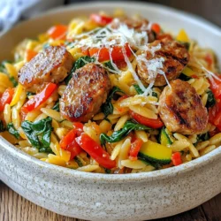 - 1 pound chicken sausage (mild or spicy, sliced) - 1 cup orzo pasta - 1 medium onion, diced - 2 cloves garlic, minced - 1 red bell pepper, diced - 1 zucchini, diced - 1 cup fresh spinach Chicken sausage is the star here. You can choose mild for a gentle taste or spicy for a kick. Orzo pasta is small, fun, and cooks perfectly in one pan. Fresh vegetables add color and nutrients. I love using onion and garlic for flavor. Red bell pepper and zucchini give it a nice crunch. Finally, fresh spinach wilts in and adds freshness. - 1 teaspoon dried thyme - 1 teaspoon smoked paprika - Salt and pepper to taste - 4 cups chicken broth The key to great flavor is in the seasonings. Dried thyme brings a herby taste. Smoked paprika gives a warm, smoky touch. Salt and pepper enhance all the flavors. Chicken broth serves as the base, making the orzo rich and tasty. - 1 tablespoon olive oil - Grated Parmesan cheese for serving A drizzle of olive oil adds richness. Grated Parmesan cheese is optional but adds a creamy finish. You can mix it into the dish or sprinkle it on top. It’s your choice! {{ingredient_image_1}} - Slice the chicken sausage into bite-sized pieces. - Dice the onion, red bell pepper, and zucchini into small pieces. - Mince the garlic cloves. - Heat olive oil in a large skillet over medium heat. - Add the sliced chicken sausage. Cook it until it is browned, about 5-7 minutes. Remove the sausage from the pan and set it aside. - In the same pan, add the diced onion and minced garlic. Sauté them until the onion becomes soft and clear, about 3-4 minutes. - Stir in the diced red bell pepper and zucchini. Cook them for another 3-4 minutes, until they start to soften. - Add the orzo pasta, dried thyme, smoked paprika, salt, and pepper to the pan. Mix everything well. - Pour in the chicken broth. Bring the mixture to a gentle simmer. - Lower the heat and cover the pan. Cook for about 10-12 minutes, stirring often. The orzo should be tender, and most of the liquid should be gone. - Once cooked, stir in the fresh spinach and the browned chicken sausage. Let the spinach wilt into the dish. - Taste your meal and add more salt or pepper if needed. - Serve hot, and sprinkle with grated Parmesan cheese if you like. How to select the best chicken sausage When you pick chicken sausage, look for quality. Choose sausages that are labeled as natural or organic. These often have fewer fillers and more flavor. You can go for mild or spicy based on your taste. Check the ingredient list for whole meats and less sodium. This choice makes your One-Pan Chicken Sausage Orzo taste better and healthier. Tips for cooking orzo perfectly To cook orzo just right, use plenty of water. Treat it like pasta and boil in salted water. Stir it gently to prevent sticking. For this recipe, add the orzo after sautéing the veggies. This way, it absorbs all the flavors. Cook it until it's al dente, which means it should still have a slight bite. Suggested herbs and spices You can boost the taste of your dish with fresh herbs. Basil and parsley work well with orzo. Add them at the end for a fresh touch. Other spices like red pepper flakes can add heat. Experiment with a pinch of oregano or rosemary for more depth. These small changes can elevate your meal. Alternative toppings for serving While grated Parmesan is great, try other toppings too. Feta cheese adds a nice tang. A sprinkle of lemon zest can brighten the dish. Toasted pine nuts or walnuts give a lovely crunch. These options will make your One-Pan Chicken Sausage Orzo even more delightful. Recommended pans and utensils Use a large skillet or sauté pan for this dish. A non-stick surface helps with easy cooking and cleanup. A wooden spoon is perfect for stirring. A sharp knife and cutting board are essential for prepping your veggies. Helpful kitchen gadgets A garlic press can save time when mincing garlic. A vegetable peeler makes peeling zucchini quick and easy. If you enjoy cooking often, a good quality chef’s knife is worth the investment. These tools help you work efficiently and safely in the kitchen. Pro Tips Use High-Quality Chicken Sausage: Selecting a good quality chicken sausage can elevate the flavor of your dish, whether you prefer mild or spicy. Add More Vegetables: Feel free to include additional veggies like mushrooms, spinach, or cherry tomatoes for added nutrition and flavor. Adjust the Liquid: If you prefer a creamier texture, consider adding a splash of heavy cream or reducing the chicken broth slightly. Enhance with Fresh Herbs: Fresh herbs such as parsley or basil can provide a refreshing finish to the dish before serving. {{image_2}} You can change the meat in this dish. Turkey sausage works well if you want a lighter option. You can also use vegetarian sausage for a meat-free meal. Both options will give a tasty twist to the orzo. While orzo is great, you can use other pasta shapes. Farro adds a nutty taste and chewy texture. Couscous cooks fast and gives a fluffy finish. Choose your favorite pasta to match your mood. Seasonal veggies can change the dish. In spring, add asparagus or peas for a fresh touch. In fall, use butternut squash or kale for a warming vibe. Feel free to mix and match based on what you have! To store leftovers, let the dish cool first. Then, place it in an airtight container. Make sure to keep it in the fridge. It will stay fresh for about three to four days. Use clear labels with dates for easy reference. When reheating, you want to keep the flavors intact. The best method is to use a skillet. Add a splash of chicken broth to keep it moist. Heat it over medium heat until hot. Stir occasionally for even heating. You can also use the microwave, but cover it to avoid dryness. Freezing is a great option for longer storage. First, let the dish cool completely. Then, transfer it to a freezer-safe container. Remove as much air as possible to avoid freezer burn. It can last up to three months in the freezer. To thaw, place it in the fridge overnight. Reheat using the skillet method for the best taste. Can I make One-Pan Chicken Sausage Orzo in advance? Yes, you can make this dish ahead of time. Cook it fully, then cool it down. Store it in an airtight container in the fridge. Reheat it on the stove or in the microwave when ready to serve. What can I serve with this dish? This dish pairs well with a simple salad or garlic bread. A light vinaigrette can add freshness. You can also serve it with a glass of white wine for a nice touch. How long does this dish last in the fridge? One-Pan Chicken Sausage Orzo can last up to four days in the fridge. Make sure to store it in a sealed container. Check for any off smells before eating. Can I double this recipe? Yes, you can easily double the recipe. Just use a larger pan to hold all the ingredients. Increase the cooking time slightly if needed, but keep an eye on it. Is this recipe suitable for meal prep? Absolutely! This dish is great for meal prep. You can divide it into portions for easy lunches or dinners. It reheats well and keeps its flavors. Can this dish be made gluten-free? Yes, just use gluten-free orzo. Many brands offer this option now. Check the package for cooking times, as they may vary. How to make it dairy-free? To make this dish dairy-free, skip the Parmesan cheese. You can use a dairy-free cheese substitute if desired. The dish will still be tasty and satisfying without it. This post covered how to make One-Pan Chicken Sausage Orzo. We discussed the key ingredients like chicken sausage, orzo, and fresh veggies. You learned step-by-step how to prepare and cook the dish. We shared tips for flavor and cooking and offered useful variations for customization. In the end, this meal is easy, tasty, and versatile. You can enjoy it with different ingredients or share it with others. Dive in and try this recipe today!