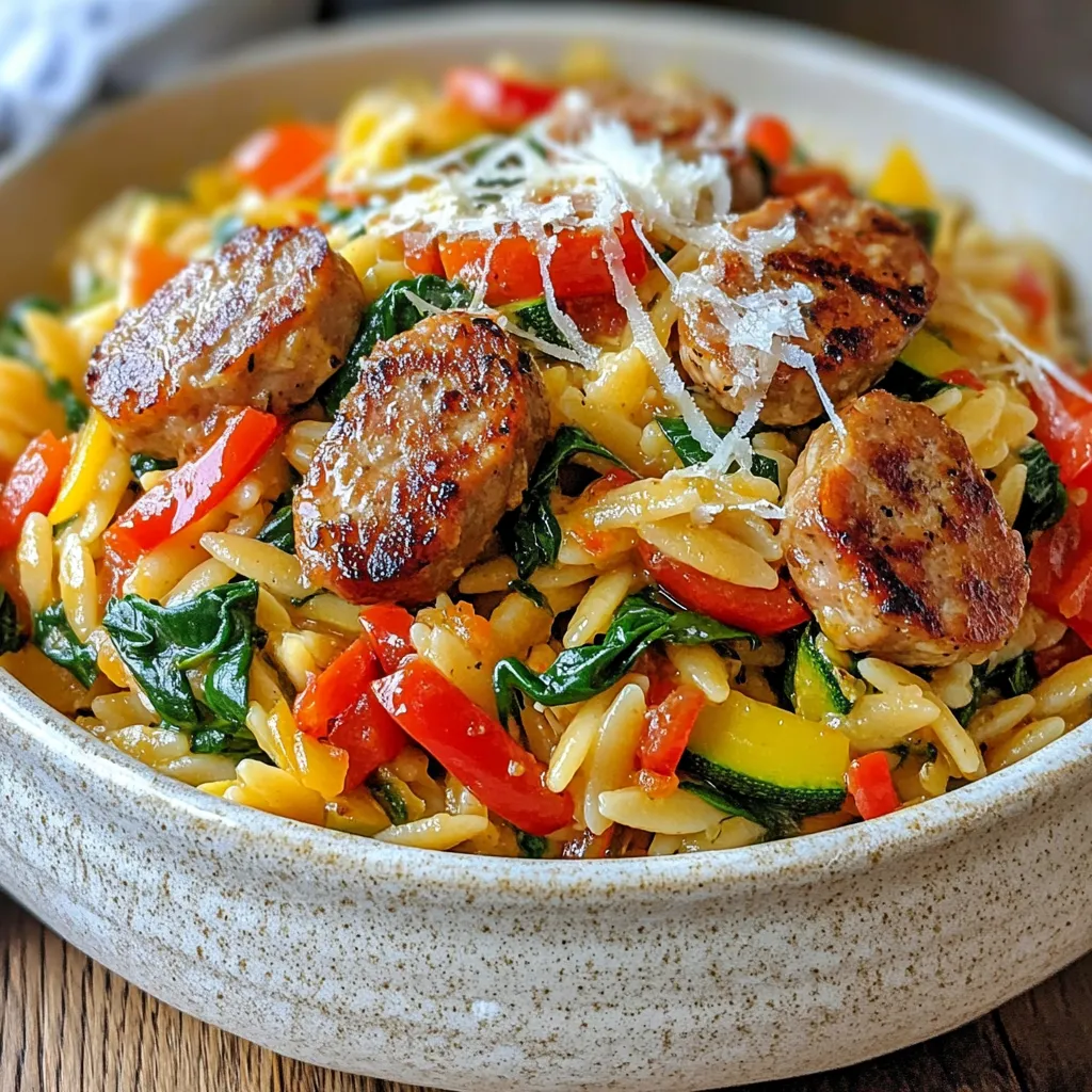 - 1 pound chicken sausage (mild or spicy, sliced) - 1 cup orzo pasta - 1 medium onion, diced - 2 cloves garlic, minced - 1 red bell pepper, diced - 1 zucchini, diced - 1 cup fresh spinach Chicken sausage is the star here. You can choose mild for a gentle taste or spicy for a kick. Orzo pasta is small, fun, and cooks perfectly in one pan. Fresh vegetables add color and nutrients. I love using onion and garlic for flavor. Red bell pepper and zucchini give it a nice crunch. Finally, fresh spinach wilts in and adds freshness. - 1 teaspoon dried thyme - 1 teaspoon smoked paprika - Salt and pepper to taste - 4 cups chicken broth The key to great flavor is in the seasonings. Dried thyme brings a herby taste. Smoked paprika gives a warm, smoky touch. Salt and pepper enhance all the flavors. Chicken broth serves as the base, making the orzo rich and tasty. - 1 tablespoon olive oil - Grated Parmesan cheese for serving A drizzle of olive oil adds richness. Grated Parmesan cheese is optional but adds a creamy finish. You can mix it into the dish or sprinkle it on top. It’s your choice! {{ingredient_image_1}} - Slice the chicken sausage into bite-sized pieces. - Dice the onion, red bell pepper, and zucchini into small pieces. - Mince the garlic cloves. - Heat olive oil in a large skillet over medium heat. - Add the sliced chicken sausage. Cook it until it is browned, about 5-7 minutes. Remove the sausage from the pan and set it aside. - In the same pan, add the diced onion and minced garlic. Sauté them until the onion becomes soft and clear, about 3-4 minutes. - Stir in the diced red bell pepper and zucchini. Cook them for another 3-4 minutes, until they start to soften. - Add the orzo pasta, dried thyme, smoked paprika, salt, and pepper to the pan. Mix everything well. - Pour in the chicken broth. Bring the mixture to a gentle simmer. - Lower the heat and cover the pan. Cook for about 10-12 minutes, stirring often. The orzo should be tender, and most of the liquid should be gone. - Once cooked, stir in the fresh spinach and the browned chicken sausage. Let the spinach wilt into the dish. - Taste your meal and add more salt or pepper if needed. - Serve hot, and sprinkle with grated Parmesan cheese if you like. How to select the best chicken sausage When you pick chicken sausage, look for quality. Choose sausages that are labeled as natural or organic. These often have fewer fillers and more flavor. You can go for mild or spicy based on your taste. Check the ingredient list for whole meats and less sodium. This choice makes your One-Pan Chicken Sausage Orzo taste better and healthier. Tips for cooking orzo perfectly To cook orzo just right, use plenty of water. Treat it like pasta and boil in salted water. Stir it gently to prevent sticking. For this recipe, add the orzo after sautéing the veggies. This way, it absorbs all the flavors. Cook it until it's al dente, which means it should still have a slight bite. Suggested herbs and spices You can boost the taste of your dish with fresh herbs. Basil and parsley work well with orzo. Add them at the end for a fresh touch. Other spices like red pepper flakes can add heat. Experiment with a pinch of oregano or rosemary for more depth. These small changes can elevate your meal. Alternative toppings for serving While grated Parmesan is great, try other toppings too. Feta cheese adds a nice tang. A sprinkle of lemon zest can brighten the dish. Toasted pine nuts or walnuts give a lovely crunch. These options will make your One-Pan Chicken Sausage Orzo even more delightful. Recommended pans and utensils Use a large skillet or sauté pan for this dish. A non-stick surface helps with easy cooking and cleanup. A wooden spoon is perfect for stirring. A sharp knife and cutting board are essential for prepping your veggies. Helpful kitchen gadgets A garlic press can save time when mincing garlic. A vegetable peeler makes peeling zucchini quick and easy. If you enjoy cooking often, a good quality chef’s knife is worth the investment. These tools help you work efficiently and safely in the kitchen. Pro Tips Use High-Quality Chicken Sausage: Selecting a good quality chicken sausage can elevate the flavor of your dish, whether you prefer mild or spicy. Add More Vegetables: Feel free to include additional veggies like mushrooms, spinach, or cherry tomatoes for added nutrition and flavor. Adjust the Liquid: If you prefer a creamier texture, consider adding a splash of heavy cream or reducing the chicken broth slightly. Enhance with Fresh Herbs: Fresh herbs such as parsley or basil can provide a refreshing finish to the dish before serving. {{image_2}} You can change the meat in this dish. Turkey sausage works well if you want a lighter option. You can also use vegetarian sausage for a meat-free meal. Both options will give a tasty twist to the orzo. While orzo is great, you can use other pasta shapes. Farro adds a nutty taste and chewy texture. Couscous cooks fast and gives a fluffy finish. Choose your favorite pasta to match your mood. Seasonal veggies can change the dish. In spring, add asparagus or peas for a fresh touch. In fall, use butternut squash or kale for a warming vibe. Feel free to mix and match based on what you have! To store leftovers, let the dish cool first. Then, place it in an airtight container. Make sure to keep it in the fridge. It will stay fresh for about three to four days. Use clear labels with dates for easy reference. When reheating, you want to keep the flavors intact. The best method is to use a skillet. Add a splash of chicken broth to keep it moist. Heat it over medium heat until hot. Stir occasionally for even heating. You can also use the microwave, but cover it to avoid dryness. Freezing is a great option for longer storage. First, let the dish cool completely. Then, transfer it to a freezer-safe container. Remove as much air as possible to avoid freezer burn. It can last up to three months in the freezer. To thaw, place it in the fridge overnight. Reheat using the skillet method for the best taste. Can I make One-Pan Chicken Sausage Orzo in advance? Yes, you can make this dish ahead of time. Cook it fully, then cool it down. Store it in an airtight container in the fridge. Reheat it on the stove or in the microwave when ready to serve. What can I serve with this dish? This dish pairs well with a simple salad or garlic bread. A light vinaigrette can add freshness. You can also serve it with a glass of white wine for a nice touch. How long does this dish last in the fridge? One-Pan Chicken Sausage Orzo can last up to four days in the fridge. Make sure to store it in a sealed container. Check for any off smells before eating. Can I double this recipe? Yes, you can easily double the recipe. Just use a larger pan to hold all the ingredients. Increase the cooking time slightly if needed, but keep an eye on it. Is this recipe suitable for meal prep? Absolutely! This dish is great for meal prep. You can divide it into portions for easy lunches or dinners. It reheats well and keeps its flavors. Can this dish be made gluten-free? Yes, just use gluten-free orzo. Many brands offer this option now. Check the package for cooking times, as they may vary. How to make it dairy-free? To make this dish dairy-free, skip the Parmesan cheese. You can use a dairy-free cheese substitute if desired. The dish will still be tasty and satisfying without it. This post covered how to make One-Pan Chicken Sausage Orzo. We discussed the key ingredients like chicken sausage, orzo, and fresh veggies. You learned step-by-step how to prepare and cook the dish. We shared tips for flavor and cooking and offered useful variations for customization. In the end, this meal is easy, tasty, and versatile. You can enjoy it with different ingredients or share it with others. Dive in and try this recipe today!