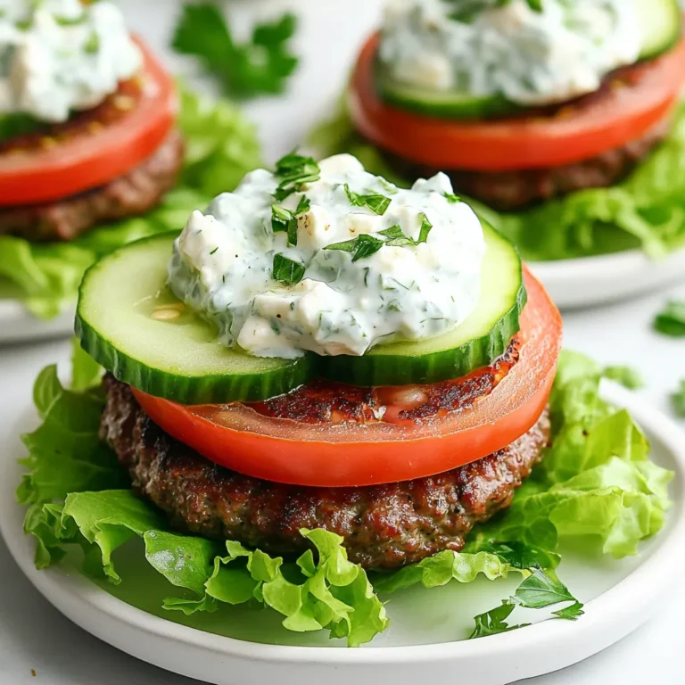 To make these tasty Keto Feta Burgers, gather these key items: - 1 lb ground beef (80% lean) - 1/2 cup crumbled feta cheese - 1/4 cup fresh parsley, chopped - 1 teaspoon dried oregano - 2 cloves garlic, minced - 1/2 teaspoon salt - 1/4 teaspoon black pepper - 1 egg, lightly beaten - 1 tablespoon olive oil (for cooking) Each ingredient adds its own flavor. The ground beef gives a rich taste. Feta cheese adds a tangy twist, while parsley and oregano bring freshness. Garlic gives a nice kick too. You can make your burgers even better with these garnishes: - Lettuce leaves (for serving) - Sliced cucumbers - Sliced tomatoes These add crunch and color. They also help keep the meal low in carbs. These burgers are not just tasty; they fit your diet well. Each serving has: - Calories: 350 - Protein: 27g - Fat: 25g - Carbohydrates: 2g By keeping carbs low, you can enjoy these burgers without worry. They are a great option for a keto meal. {{ingredient_image_1}} Start by grabbing a large mixing bowl. Add 1 pound of ground beef. Next, sprinkle in 1/2 cup of crumbled feta cheese. Toss in 1/4 cup of chopped parsley and 1 teaspoon of dried oregano. Then, add 2 minced garlic cloves, 1/2 teaspoon of salt, and 1/4 teaspoon of black pepper. Finally, pour in 1 lightly beaten egg. Mix everything carefully. Use your hands but don’t overwork the meat. This keeps the burgers tender and juicy. Now, divide the mixture into 4 equal parts. Shape each part into a patty. Aim for about 1 inch thick. Make sure they are a bit larger than your burger buns. They will shrink as they cook. This step is key for a great burger size. Heat 1 tablespoon of olive oil in a large skillet. Set the heat to medium-high. Once the oil is hot, add the patties to the pan. Cook each side for 5-6 minutes. Check for your preferred doneness. Once done, remove the patties from the skillet. Let them rest for a few minutes before serving. This helps keep the juices in. To serve, place a patty on a lettuce leaf. Top with sliced cucumbers and tomatoes. Feel free to add extra tzatziki sauce for a zesty finish. To cook the best Keto Feta Burgers, focus on the heat. Start with medium-high heat. This ensures a good sear and keeps the juices inside. Cook each patty for 5-6 minutes per side. Check the center with a meat thermometer. Aim for 160°F for ground beef. Let the burgers rest for a few minutes after cooking. This step helps the juices settle. You get a juicy burger every time. Use a sturdy skillet or a grill. A cast-iron skillet gives great heat. If you prefer grilling, ensure the grill is hot before adding patties. This gives a nice char. Use a spatula to flip the burgers gently. Avoid pressing down on them. It helps keep the juices intact. Don’t forget to have a meat thermometer handy. It helps you check the doneness easily. Serve these burgers on fresh lettuce leaves. This keeps them low-carb and fresh. Top with sliced cucumbers and tomatoes for crunch. You can add tzatziki sauce for extra flavor. It pairs well with the feta. For a fun twist, serve with a side of grilled vegetables. They add color and taste to your meal. Enjoy these burgers with friends and family for a delicious feast. Pro Tips Choose the Right Beef: Opt for ground beef with a fat content of 80% for juicy, flavorful burgers that won't dry out during cooking. Don't Overmix: When combining the ingredients, mix just until everything is incorporated to maintain a tender texture. Rest the Patties: Allow the cooked patties to rest for a few minutes before serving to let the juices redistribute. Customize Toppings: Feel free to add other toppings like avocado, olives, or a dollop of Greek yogurt for added flavor and nutrition. {{image_2}} You can swap out some ingredients for your taste. If you don’t like feta cheese, try goat cheese or blue cheese. These cheeses add a unique flavor. For a lighter burger, use ground turkey or chicken. They work well with the same spices and herbs. To boost the taste, add more spices. Try smoked paprika for a smoky kick. You can also mix in chopped sun-dried tomatoes for sweetness. For a fresh twist, add chopped mint or dill to the burger mix. These herbs brighten up the dish and give it a refreshing touch. If you want a bun, there are great low-carb options. You can use lettuce leaves as wraps. This keeps it light and fresh. Another choice is cloud bread, which is light and fluffy. You can also try almond flour buns or coconut flour buns. These options keep your meal keto-friendly and delicious. To store leftovers, place the burgers in an airtight container. You can keep them in the fridge for up to three days. If you use lettuce leaves, store those separately. This way, they stay fresh and crisp. Reheat the burgers in a skillet over medium heat. This method keeps them juicy. Cook for about 3-4 minutes on each side. You can also use a microwave. Heat on low for 1-2 minutes, checking often to avoid drying them out. You can freeze the patties for later use. Wrap each patty tightly in plastic wrap. Then place them in a freezer-safe bag. They will stay good for up to three months. When ready to eat, thaw overnight in the fridge before cooking. If you can’t find feta cheese, try goat cheese. Goat cheese has a similar creamy texture. You can also use ricotta or cream cheese for a softer taste. Each option changes the flavor a bit, but they all work well in burgers. Yes! Keto Feta Burgers are great for meal prep. You can make them in advance and store them. Keep the cooked patties in the fridge for up to four days. Just reheat them in a skillet or microwave when ready to eat. Each burger contains about 3 grams of carbs. This is low, making it perfect for a keto diet. The lettuce wrap adds no carbs, so you enjoy the flavor without guilt. Keto Feta Burgers are a tasty way to enjoy a low-carb meal. We covered the main ingredients, mixed and shaped the patties, and detailed cooking instructions. Don't forget the tips for cooking and serving. Each variation can cater to your taste, and storage tips keep leftovers fresh. Try these burgers as a fun twist on your meals. They're easy to make, delicious, and good for satisfying cravings without the carbs. Now it’s time for you to enjoy these flavorful bites!