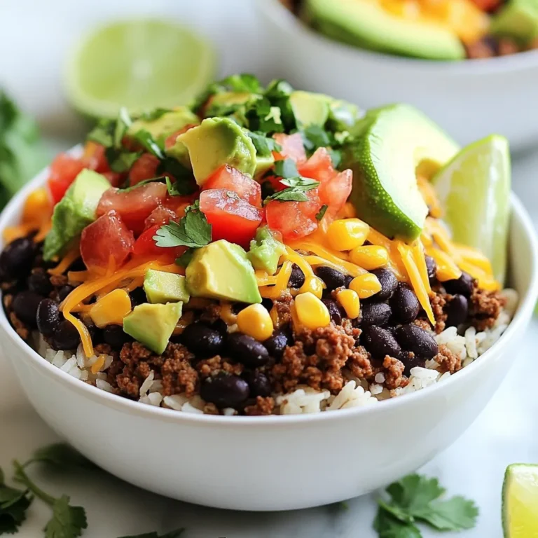 To make your Ground Beef Burrito Bowl, gather these ingredients: - 1 pound ground beef - 1 cup cooked brown rice - 1 can black beans, rinsed and drained - 1 cup corn kernels (frozen or fresh) - 1 cup diced tomatoes (fresh or canned) - 1 small red onion, finely chopped - 2 cloves garlic, minced - 1 tablespoon taco seasoning - 1 tablespoon olive oil - 1 cup shredded cheddar cheese - 1 avocado, sliced - Fresh cilantro, for garnish - Lime wedges, for serving - Salt and pepper to taste You can add some fun toppings and sides to your burrito bowl: - Sour cream for creaminess - Jalapeños for heat - Salsa for extra flavor - Tortilla chips for crunch These options can make your meal even better! Don't have something on hand? Here are some easy swaps: - Use quinoa instead of brown rice for a different grain. - Swap ground turkey or chicken for the beef for a lighter option. - Use canned corn if you don’t have fresh corn. - Replace black beans with pinto beans or kidney beans. These substitutions keep the dish tasty while fitting your pantry! {{ingredient_image_1}} First, grab a large skillet. Heat one tablespoon of olive oil over medium heat. Add one small, finely chopped red onion and two minced garlic cloves. Sauté them for about two to three minutes. You want them soft but not brown. Next, raise the heat to medium-high. Add one pound of ground beef to the skillet. Cook it for about five to seven minutes. Use a spatula to break the beef apart as it cooks. If there is extra fat, drain it off. Now, sprinkle one tablespoon of taco seasoning over the beef. Stir it well to mix. Add some salt and pepper to taste. Let the beef cook for another two to three minutes. This makes it flavorful and ready for the next step. Take individual serving bowls. Start by adding one cup of cooked brown rice at the bottom of each bowl. This will be your base. On top of the rice, add the seasoned ground beef. Next, layer one can of rinsed and drained black beans. Then, add one cup of corn kernels, either frozen or fresh. Finish this layer with one cup of diced tomatoes. Sprinkle a generous amount of shredded cheddar cheese over each bowl. The heat from the ingredients will help it melt slightly. Then, add sliced avocado on top. For a fresh look, garnish each bowl with fresh cilantro. Squeeze fresh lime juice over everything for a zesty kick. Don't forget to serve lime wedges on the side. This adds even more flavor to your delicious burrito bowl! Enjoy your meal! When cooking ground beef, start with a hot pan. Use medium-high heat for a nice brown color. This helps lock in flavor and moisture. Remember to break up the beef with a spatula as it cooks. This keeps it from clumping together. After cooking, always drain excess fat. This keeps your burrito bowl light and fresh. To build a great burrito bowl, layer your ingredients wisely. Start with cooked brown rice at the bottom. This acts as a solid base. Next, add the seasoned ground beef for flavor. Follow with black beans and corn. These add texture and nutrition. Top it off with diced tomatoes and cheese. Let the heat melt the cheese slightly. Finally, add sliced avocado and cilantro for freshness. Squeeze lime juice over the top for a zesty finish. Having the right tools makes cooking easier. Here are some must-haves: - Large skillet for cooking the beef - Spatula for breaking up the meat - Cutting board for chopping veggies - Sharp knife for easy slicing - Serving bowls for plating These tools help ensure everything goes smoothly. Happy cooking! Pro Tips Use Lean Ground Beef: Opt for lean ground beef to reduce excess fat and calories while still enjoying a flavorful dish. Customize the Toppings: Feel free to add your favorite toppings like jalapeños, sour cream, or hot sauce for a personalized touch. Make it Vegetarian: Substitute the ground beef with black beans or lentils for a delicious vegetarian version of this burrito bowl. Meal Prep Friendly: This dish is perfect for meal prep; store components separately and assemble when ready to eat for maximum freshness. {{image_2}} You can easily make this burrito bowl vegetarian. Swap the ground beef for 1 pound of plant-based meat or cook 2 cups of your favorite veggies. Bell peppers, zucchini, or mushrooms work well. Sauté these veggies with onion and garlic for great flavor. You’ll still enjoy the same delicious layers of rice, beans, and cheese. Want a kick? Add some heat to your burrito bowl. You can mix in diced jalapeños or red pepper flakes while cooking the beef. If you like it really spicy, try using hot salsa or spicy taco seasoning. These simple changes will wake up your taste buds and make every bite exciting. For a low-carb option, skip the brown rice. Instead, use cauliflower rice or skip the grains altogether. Load up on more veggies like lettuce or spinach. You can still add all your favorite toppings, like cheese and avocado. This way, you keep the flavors but cut down on carbs. To keep your burrito bowl fresh, let it cool first. Place leftovers in an airtight container. This keeps the flavors locked in. You can store the bowl in the fridge for up to three days. Use separate containers for the rice and toppings if you want to keep them fresh longer. When you’re ready to enjoy the leftovers, reheat them in the microwave. Place the bowl in a microwave-safe dish and cover it loosely. Heat for about 1-2 minutes. Stir halfway through to heat evenly. You can also reheat on the stovetop. Just add a splash of water to prevent sticking. If you want to save your burrito bowl for later, freezing is a great option. Use a freezer-safe container or a heavy-duty freezer bag. Make sure to remove as much air as possible. You can freeze the bowl for up to three months. To enjoy it later, thaw it overnight in the fridge before reheating. Yes, you can prep this burrito bowl ahead of time. Cook the ground beef and store it in the fridge for up to three days. You can also cook the rice and chop the veggies in advance. Just assemble the bowl when you are ready to eat. This makes meal time easy and quick! You have many options if you want a substitute. Ground turkey or chicken works well. You could also use black beans or lentils for a plant-based choice. These options keep the bowl tasty and filling. To make this burrito bowl healthier, consider these tips: - Use lean ground beef or turkey. - Replace white rice with quinoa or cauliflower rice. - Add more veggies like bell peppers or spinach. - Use low-fat cheese or skip it altogether. These changes keep the flavor while cutting calories and boosting nutrients. We covered the key steps to make a delicious burrito bowl. You learned about the ingredients, cooking tips, and variations like vegetarian and spicy options. I shared the best ways to store and reheat leftovers. With these tips, you can enjoy this meal any time. Keep experimenting and find your favorite version. A burrito bowl is tasty and easy to make! Enjoy your cooking journey and delight in every bite you take.