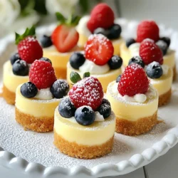 To make Classic Mini New York Cheesecakes, you'll need a few simple items. Here’s what you should gather: - 1 cup graham cracker crumbs - 1/4 cup granulated sugar - 1/2 cup unsalted butter, melted - 16 oz cream cheese, softened - 1 cup sour cream - 3/4 cup granulated sugar - 2 large eggs - 1 teaspoon vanilla extract - 1 tablespoon lemon juice - Fresh berries (strawberries, blueberries, or raspberries) for topping These ingredients create a rich and creamy cheesecake. The graham cracker crumbs give the nice crust you want. The cream cheese and sour cream make it smooth and tasty. Fresh berries add a pop of color and flavor on top. Make sure everything is ready before you start. This will help you move quickly through the recipe. Enjoy the process; it’s fun to see everything come together! {{ingredient_image_1}} - Preheat oven to 325°F (160°C). - Prepare muffin tin with paper liners. Start by heating your oven. This step is key to getting a nice bake. The right temperature helps the cheesecakes rise evenly. While the oven warms, take your muffin tin. Line each cup with paper liners. This keeps the cheesecakes from sticking. - Combine graham cracker crumbs, sugar, and butter. - Press into muffin liners. Next, make the crust. In a medium bowl, mix graham cracker crumbs, sugar, and melted butter. Stir until it looks crumbly. Now, take this mix and press it firmly into each muffin liner. This creates a base for your cheesecake. - Blend cream cheese until smooth. - Mix in remaining ingredients until combined. Now, let’s make the filling. In a large bowl, blend the softened cream cheese with an electric mixer. You want it smooth and creamy. Then, add sour cream, sugar, eggs, vanilla, and lemon juice. Mix on low until everything is well combined. The batter should be smooth and thick. - Pour batter into crusts and bake. - Cool and refrigerate before serving. Pour the cheesecake batter into each crust, filling them about 3/4 full. Place the muffin tin in the oven. Bake for 18 to 22 minutes. The edges should be set, and the centers should jiggle a bit. After baking, turn off the oven and let them cool inside with the door slightly open for 30 minutes. This helps prevent cracks. Once cooled, let them sit at room temperature. Then, refrigerate for at least four hours or overnight. This chilling time helps the flavors meld and the texture set. To make your mini cheesecakes creamy, start with room-temperature cream cheese. Cold cream cheese can cause lumps. Mix it well until smooth before adding other ingredients. Use a low speed on your mixer when blending in eggs. This helps keep your batter light and fluffy. Cooling is key for great cheesecakes. After baking, let them cool in the oven with the door ajar for about 30 minutes. This reduces cracks on the surface. Once they reach room temperature, chill them in the fridge for at least four hours. Overnight is even better. Chilling helps the cheesecakes set properly and enhances the flavor. For a fun presentation, serve your mini cheesecakes on a colorful platter. Add a sprig of mint and a dusting of powdered sugar on top. This gives a festive look. You can also use fresh berries like strawberries, blueberries, or raspberries as a topping. They add color and taste. Pair your cheesecakes with drinks like coffee, tea, or sweet dessert wine. The rich flavor of the cheesecake goes well with these beverages. You can also serve them with whipped cream for extra creaminess. Enjoy these tasty treats at parties or as a special dessert at home! Pro Tips Chill Your Ingredients: Ensure your cream cheese and sour cream are at room temperature before mixing. This helps achieve a smoother batter without lumps. Do Not Overmix: Once you add the eggs, mix just until combined. Overmixing can incorporate too much air, causing cracks in your cheesecakes. Cool Gradually: Let the cheesecakes cool in the oven with the door slightly ajar to prevent sudden temperature changes, which can lead to cracks. Top with Fresh Berries: For the best flavor and presentation, use a mix of fresh berries just before serving to add a pop of color and freshness. {{image_2}} You can add fun flavors to your mini cheesecakes. Try mixing in chocolate, caramel, or pureed fruit. A swirl of chocolate sauce adds richness. For a fruity twist, blend in raspberry or strawberry puree. These flavors will make each bite exciting. You can also explore different crust options. Instead of graham cracker crumbs, use crushed cookies like Oreos or gingersnaps. These alternatives give a unique taste to your cheesecakes. You can even use nuts for a gluten-free option. If you're looking for gluten-free options, swap graham cracker crumbs for gluten-free cookies. You can also use almond flour or ground oats in the crust. Make sure to check labels for hidden gluten. For a vegan version, replace cream cheese with a plant-based alternative. Use coconut cream or cashew cream for a creamy texture. Substitute eggs with flaxseed meal or applesauce. This way, everyone can enjoy your mini cheesecakes. To keep your mini New York cheesecakes fresh, store them in the fridge. Place them in an airtight container to prevent drying out. If you want to save them for later, freezing is a good option. Wrap each cheesecake tightly in plastic wrap and then in foil. This helps keep them fresh and tasty. Here are key tips to maintain freshness: - Always let cheesecakes cool completely before storing. - Avoid leaving them at room temperature for too long. - If freezing, label the package with the date. When stored properly, mini cheesecakes can last in the fridge for about 5 days. You can freeze them for up to 2 months. For the best taste and texture, enjoy them within the first month of freezing. Watch for signs of spoilage: - A sour smell or off-flavors. - Changes in texture, like excessive dryness. - Mold or discoloration on the surface. Always trust your senses! If it doesn't seem right, it’s best to toss it out. How do I know when the cheesecakes are done baking? You can tell they are done when the edges look set. The middle should have a slight jiggle. This means they are creamy, not overbaked. Keep an eye on them between 18 to 22 minutes. Always trust your oven's timer, but also check with your eyes! Can I make these mini cheesecakes in advance? Yes, you can! These mini cheesecakes taste great when made a day ahead. Just bake, cool, and chill them in the fridge. You can serve them the next day. This makes your time easier on the day of your event. What are the best toppings for mini cheesecakes? Fresh berries are my favorite topping. You can use strawberries, blueberries, or raspberries. They add color and taste. You can also try whipped cream or chocolate sauce. These toppings make your mini cheesecakes even more fun to eat! Making mini New York cheesecakes is simple and fun. We covered the main ingredients like graham cracker crumbs, cream cheese, and eggs. I shared easy steps, from prepping the oven to baking and cooling. I also listed tips for creamy texture and fun serving ideas. Different flavors and dietary swaps can fit any taste. Lastly, proper storage keeps your treats fresh for longer. Enjoy creating and sharing these tasty delights!