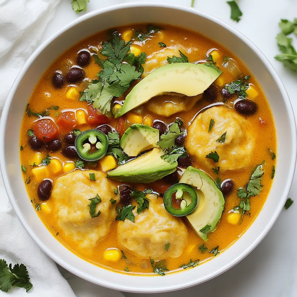 - 1 cup masa harina (corn flour) - 1/2 teaspoon baking powder - 1/4 teaspoon salt - 1/4 cup vegetable shortening - 3/4 cup vegetable broth - 1 can (15 oz) black beans, rinsed and drained - 1 cup corn kernels (fresh or frozen) - 1 medium onion, diced - 2 cloves garlic, minced - 4 cups vegetable broth (for soup) - 1 teaspoon ground cumin - 1 teaspoon chili powder - 1 bell pepper, diced - 1 lime, juiced - Fresh cilantro, chopped (for garnish) - Avocado slices (for topping) - Jalapeños (sliced, optional for heat) Gathering these ingredients is the first step to making this cozy soup. The masa harina gives a great base for the dumplings. Baking powder and salt ensure they rise and taste great. Vegetable shortening helps create a tender texture. You can use any vegetable broth you like; it adds flavor to the soup. Beans and corn are key players here. They give the soup a hearty feel. Diced onion, garlic, and bell pepper add aroma and depth. Ground cumin and chili powder bring warmth and spice. A splash of lime juice brightens the dish. Lastly, garnishes like cilantro, avocado, and jalapeños add freshness and flair. With these ingredients, you set the stage for a flavorful and comforting meal. {{ingredient_image_1}} To start, gather your dry ingredients. In a mixing bowl, mix 1 cup of masa harina, 1/2 teaspoon of baking powder, and 1/4 teaspoon of salt. These ingredients give the dumplings their base flavor. Next, add 1/4 cup of vegetable shortening. Use a fork to cut it in until it looks like coarse crumbs. This step helps to create a nice, flaky texture. Now, slowly pour in 3/4 cup of vegetable broth. Stir until the mixture forms a soft dough. If it feels too dry, add a bit more broth. Set the dough aside while you prepare the soup. In a large pot, drizzle some oil and turn the heat to medium. Once hot, add 1 diced onion, 1 diced bell pepper, and 2 minced cloves of garlic. Cook these for about 5 minutes. You want them soft but not mushy. The smell will fill your kitchen with warmth and flavor. Now, it’s time to stir in your spices. Add 1 teaspoon of ground cumin and 1 teaspoon of chili powder. These spices will enhance the soup's flavor profile. Next, pour in 4 cups of vegetable broth, along with 1 can of black beans and 1 cup of corn kernels. Bring the mixture to a gentle simmer. Let it cook for about 10 minutes. This allows all the flavors to blend well. While the soup simmers, form the dumplings. Take small portions of the masa dough, about 1 tablespoon each, and roll them into balls. Carefully add the dumplings to the soup. Ensure they float on the surface. Cover the pot and let them cook for about 15 minutes. You’ll know they are ready when they puff up and look fluffy. Once the dumplings are cooked, squeeze in the juice of 1 lime. This adds brightness to the soup. Taste and adjust the seasoning with salt and pepper. Now, it’s time to serve! Ladle the soup into bowls. Top each bowl with fresh cilantro, avocado slices, and sliced jalapeños if you like some heat. Enjoy your cozy meal! To get the best dumplings, you need to focus on the dough. Make sure the masa harina and liquid mix well. The dough should feel soft but not sticky. If it feels too dry, add a bit more broth. If it's too wet, sprinkle a little masa harina. The cooking time also matters. When you add the dumplings to the soup, let them float on top. Cover the pot and cook for 15 minutes. This allows them to puff up and cook through. Check one dumpling to ensure it's fluffy inside. You can boost the flavor of your soup easily. Consider adding more spices. Try using smoked paprika for a deeper taste. You can also add cayenne pepper for some heat. Adding extra veggies or beans can make the soup heartier. Chopped zucchini or spinach work well. You can also mix in more beans, like pinto or kidney beans. This gives you more texture and nutrition. Garnishes can make your soup look amazing. Fresh cilantro adds color and flavor. You can also sprinkle some crumbled queso fresco on top. For heat, sliced jalapeños are a great choice. For a creamy touch, add avocado slices. A squeeze of lime juice right before serving brightens the dish. These small touches enhance both taste and presentation. Pro Tips Use Fresh Ingredients: Whenever possible, opt for fresh vegetables and herbs to enhance the flavor of your soup. Adjusting Spice Levels: Feel free to increase or decrease the amount of chili powder and jalapeños based on your heat preference. Perfect Dumplings: Make sure the dumplings are not too large; about 1 tablespoon each works perfectly for even cooking. Garnish Creatively: Experiment with different toppings like crumbled queso fresco or a dollop of sour cream for added richness. {{image_2}} For those who follow a vegetarian or vegan diet, tamale dumpling soup is easy to adapt. You can simply replace the vegetable shortening with plant-based butter or coconut oil. This keeps the dumplings light and fluffy without losing flavor. Use vegetable broth for the soup base, as this adds depth and richness. If you need a gluten-free option, masa harina is already gluten-free. Just ensure the baking powder you choose is also gluten-free. This way, you can enjoy the soup without the worry of gluten. You can change the flavor by using different spices or herbs. Consider adding smoked paprika for a hint of smokiness. Fresh oregano or thyme can also bring a lovely aroma to the soup. If you want to switch up the beans, try using pinto or kidney beans instead of black beans. Each type of bean has its own unique taste and texture. Adding seasonal vegetables, like zucchini or spinach, can also enhance the soup. This not only boosts nutrition but adds vibrant color and taste. To store your soup, first let it cool. It is key to avoid bacteria growth. Once cool, pour the soup into a container. Choose a container with a tight lid to keep it fresh. Glass or plastic containers work well. You can keep the soup in the fridge for up to three days. If you plan to eat it later, freezing is a good option. Just make sure to leave space in the container for expansion. When reheating the soup, do it gently. You can use the stove or the microwave. If using the stove, heat it on low. Stir often to avoid sticking. If using the microwave, heat in short bursts. This keeps the dumplings from getting soggy. To help with this, add a bit of broth when reheating. This keeps the dumplings fluffy and the soup tasty. Enjoy your cozy meal! Tamale Dumpling Soup is a warm and hearty dish. It combines dumplings made from masa harina with a flavorful broth. The soup has roots in Mexican cuisine. This dish brings together spices, vegetables, and beans for a filling meal. The dumplings are soft and soak up the soup's flavors. Traditionally, you find it served at family gatherings and special occasions. Yes, you can freeze Tamale Dumpling Soup. First, let the soup cool completely. Then, transfer it to an airtight container. Be sure to leave space at the top for expansion. You can freeze it for up to three months. When ready to eat, thaw it overnight in the fridge. Reheat it on the stove over low heat. Add a splash of broth if the soup is too thick. To spice up the soup, add extra chili powder or diced jalapeños. You can also try cayenne pepper for more heat. If you like smoky flavors, include chipotle powder. Just a little goes a long way, so add spices gradually. Taste as you go to find the right heat level for you. Tamale Dumpling Soup pairs well with a fresh salad. Try a simple green salad with lime vinaigrette. You can also serve tortilla chips on the side for crunch. For a heartier meal, consider grilled corn on the cob. Avocado slices and fresh cilantro also make great toppings. In this blog post, we explored how to make a tasty Tamale Dumpling Soup. We covered the key ingredients, step-by-step cooking instructions, and helpful tips to perfect your dish. Remember, you can adapt the soup for various diets and flavors. Store leftovers properly and reheat them without losing texture. With these skills, you can enjoy a warm, hearty meal anytime. Get ready to impress your family and friends with this delicious recipe!