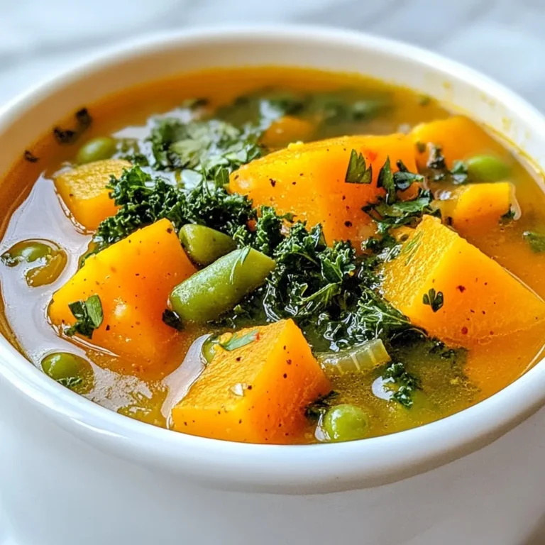 To make Cozy Harvest Veggie Soup, you need: - 1 tablespoon olive oil - 1 medium onion, chopped - 2 cloves garlic, minced - 3 carrots, diced - 2 stalks celery, diced - 1 small butternut squash, peeled and cubed - 1 medium sweet potato, peeled and diced - 1 cup green beans, trimmed and cut into 1-inch pieces - 1 can (14 oz) diced tomatoes, with juices - 4 cups vegetable broth - 1 teaspoon dried thyme - 1 teaspoon ground cumin - 1 teaspoon paprika - Salt and pepper to taste - 2 cups kale, chopped - Fresh parsley for garnish Each of these ingredients adds a unique taste and texture. The onion and garlic create a great base. The squash and sweet potato add sweetness and creaminess. Fall brings many seasonal veggies. You can find fresh carrots, squash, and kale in your local market. Using fresh, seasonal ingredients boosts the flavor and nutrition of your soup. Seasonal produce often tastes better and is more nutritious. Plus, it supports local farmers. Want to make your soup even healthier? Consider adding: - 1 cup cooked lentils - 1 cup chickpeas - 1 cup quinoa These options add protein and fiber. You can also toss in some spinach or extra herbs for added freshness. Mixing in these add-ins can make your soup a meal on its own. They are easy to find and add great taste. {{ingredient_image_1}} Start by heating the olive oil in a large pot over medium heat. Add the chopped onion and cook for about five minutes. You want it to turn soft and clear. Next, add the minced garlic and stir for one more minute. This step fills your kitchen with a lovely aroma. Now, it’s time to add the diced carrots, celery, butternut squash, and sweet potato. Cook these for about five to seven minutes. Stir often until they begin to soften. Then, toss in the green beans and the can of diced tomatoes, including their juices. This mix brings a lot of color and flavor to your soup. Pour in the vegetable broth and stir in dried thyme, ground cumin, and paprika. Don’t forget to add salt and pepper to taste. Bring your soup to a boil. Once it bubbles, lower the heat, cover, and let it simmer for 20 to 25 minutes. This step allows the vegetables to become tender. During the last five minutes, add the chopped kale. It should wilt and turn bright green. Taste your soup and adjust the seasonings if needed. Serve it hot, finished with fresh parsley on top. Enjoy every comforting spoonful! To get the best flavor, use fresh veggies. They add depth and brightness. Start with sautéing onion and garlic in olive oil. This builds a tasty base. Use good-quality vegetable broth for rich flavor. Don't rush the simmering time. Allow the veggies to soften and blend well. Add spices like thyme, cumin, and paprika. They bring warmth and aroma to your soup. One common mistake is not chopping veggies evenly. This can lead to uneven cooking. Avoid adding too much salt too early. Taste your soup before adding more. Remember, you can always add more later. Another mistake is not letting the soup simmer long enough. This step is key for melding the flavors. Lastly, don’t skip the kale! It adds nutrition and color. To make this soup well, you need a sturdy pot. A Dutch oven or large stockpot works great. Use a sharp knife for chopping veggies. A cutting board is also essential. A wooden spoon helps stir the soup. You might want a ladle for serving. A measuring cup will help with broth and spices. These tools will make your cooking easier and more fun. Pro Tips Prep Your Veggies in Advance: Chop and prep your vegetables a day ahead to save time on cooking day. Customize Your Greens: Feel free to substitute kale with spinach or Swiss chard based on availability or preference. Enhance Flavor with Fresh Herbs: Adding fresh herbs like thyme or parsley right before serving can elevate the soup's flavor. Storage Tips: This soup stores well in the fridge for up to 5 days and can be frozen for up to 3 months. Just reheat before serving! {{image_2}} You can change the flavor of your soup by using different herbs and spices. Instead of thyme, try rosemary or oregano. They add a nice twist. If you like heat, add a pinch of cayenne pepper. For a hint of sweetness, use a dash of cinnamon. Experiment with what you have at home. This way, you can make the soup your own. If you want a filling soup, add protein. You can include cooked chicken or turkey for a comforting meal. Beans are a great choice, too. Chickpeas or black beans work well. Just add one can when you add the tomatoes. This boosts the nutrition and makes your soup heartier. You can also stir in lentils for extra fiber. To keep the soup vegan, use vegetable broth like the recipe shows. For a gluten-free version, check the broth label. Most vegetable broths are gluten-free, but some might not be. You can add quinoa instead of any grains. This makes it gluten-free and adds protein. If you use more veggies, like zucchini or bell peppers, you keep it fresh and tasty. To keep your Cozy Harvest Veggie Soup fresh, store it in an airtight container. Let it cool to room temperature before sealing it. This helps avoid condensation, which can make the soup watery. Place the container in the fridge if you plan to eat it soon. It will stay good for about 3 to 4 days. Freezing is a great way to save your soup for later. Use freezer-safe containers or bags. Leave some space at the top, as the soup will expand when frozen. Label each container with the date. You can freeze the soup for up to 3 months. When you're ready to eat, just thaw it in the fridge overnight. When it’s time to enjoy your soup again, reheat it on the stove for the best taste. Pour the soup into a pot and heat over medium heat. Stir often and add a splash of water or broth if it seems too thick. You can also use the microwave, but keep an eye on it. Heat in short bursts and stir between each burst to ensure even heating. Yes, you can use fresh herbs! Fresh herbs add bright flavor. Use three times more fresh herbs than dried. For this soup, try fresh thyme or parsley. They enhance the taste and aroma. Some great side dishes include: - Crusty bread - Grilled cheese sandwiches - Simple salads - Roasted vegetables These sides complement the soup's flavors and add texture. Your cozy harvest veggie soup lasts about 4 to 5 days in the fridge. Store it in an airtight container. Make sure to let it cool before sealing. This helps keep it fresh and safe to eat. In this blog post, we explored how to make cozy harvest veggie soup. We examined vital ingredients, step-by-step instructions, and helpful tips. We also discussed fun variations to suit your taste. Remember, using fresh ingredients heightens flavor. Avoid common mistakes to make the best soup. Keep leftovers to enjoy later. This simple soup brings warmth and nutrition to your table. Enjoy the process and happy cooking!