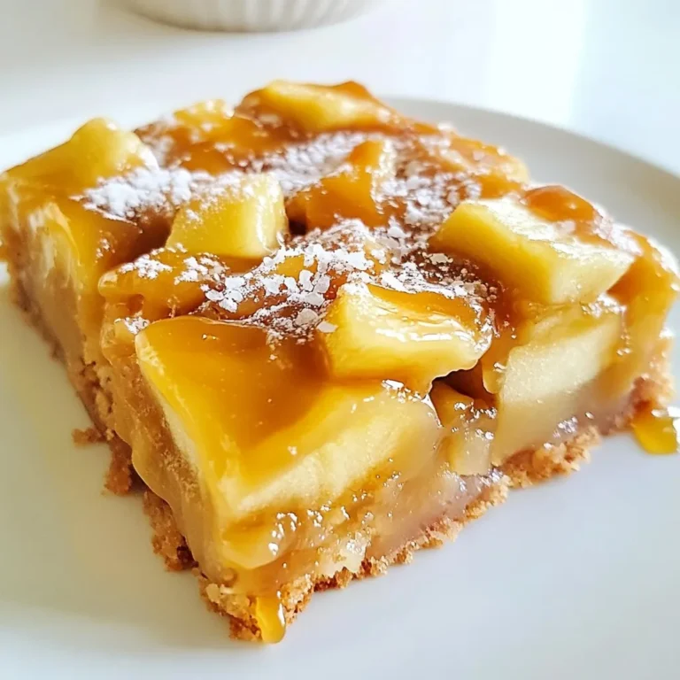 - 1 cup unsalted butter, softened - 3/4 cup granulated sugar - 3/4 cup brown sugar, packed - 2 large eggs - 2 teaspoons vanilla extract - 2 cups all-purpose flour - 1 teaspoon baking powder - 1/2 teaspoon baking soda - 1/4 teaspoon salt - 2 cups apples (peeled, cored, and diced) - 1/2 teaspoon cinnamon - 1 cup caramel sauce - Sea salt for sprinkling I love to start with quality ingredients. Each item plays a key role in the flavor. The unsalted butter gives a rich base. Sugar adds sweetness, while brown sugar adds depth. The eggs help bind everything together. Vanilla brings a warm aroma to the mix. We need two cups of all-purpose flour to create structure. Baking powder and baking soda give the bars a nice rise. A pinch of salt balances the sweetness. The apples add freshness and texture, while cinnamon gives that cozy fall taste. Caramel sauce is a star in this recipe. It adds richness and a gooey texture. Finally, a sprinkle of sea salt on top enhances the sweet and salty contrast. Trust me, this little touch makes a big difference. - Use a dairy-free butter for a dairy-free version. - For a healthier option, try coconut sugar instead of granulated sugar. These swaps can keep the bars delicious while meeting your dietary needs. Just remember, the flavors may vary a bit. But that’s part of the fun in baking! Experimenting leads to new favorites. {{ingredient_image_1}} Preheat the oven to 350°F. This makes for a perfect bake. Next, grab a 9x13 inch baking dish. Grease it well or line it with parchment paper. The overhang helps you lift the bars out later. In a large bowl, cream the softened butter with both sugars. Mix until light and fluffy, about three to four minutes. This step is key for a great texture. Beat in the eggs one at a time. Then add the vanilla extract. Make sure it’s all combined well. In another bowl, whisk together the flour, baking powder, baking soda, and salt. This helps to mix the leavening agents evenly. Slowly add the dry mix to the wet mixture. Stir just until combined; don’t overmix! Now, prepare the apples. Toss the diced apples with cinnamon in a small bowl. This adds great flavor and aroma. Gently fold the apple mixture into the batter. Be careful not to overmix, as you want chunks of apple. Next, pour the apple batter into the prepared baking dish. Spread it evenly across. Drizzle the caramel sauce over the top. Use a knife or skewer to swirl it gently. This gives a nice marbled look. Bake in the oven for 25 to 30 minutes. Check doneness with a toothpick; it should come out clean. To get a fluffy batter, cream the butter and sugars well. This step takes about 3-4 minutes. You want it to look light and airy. When mixing, add eggs one at a time. This helps blend well without overmixing. Mix just until combined when adding the dry ingredients. To create a marbled effect with caramel, drizzle it over your batter. Then, use a knife or skewer. Gently swirl the caramel into the batter. Be careful not to mix it all in. You want to see the caramel swirls. For the best taste, serve these bars warm. They pair well with vanilla ice cream. Add a sprinkle of sea salt on top for extra flavor. You can also serve them with a drizzle of extra caramel sauce. This adds a fun touch and makes them even more special. Pro Tips Use Fresh Apples: For the best flavor and texture, opt for fresh, firm apples like Granny Smith or Honeycrisp, as they hold up well during baking. Chill the Caramel: If using homemade caramel sauce, let it cool slightly to thicken before drizzling it over the batter for better marbling. Check for Doneness: Since oven temperatures can vary, start checking for doneness a few minutes early by inserting a toothpick into the center; it should come out clean. Store Properly: To keep your bars fresh, store them in an airtight container at room temperature for up to 4 days or refrigerate for longer shelf life. {{image_2}} You can change the taste of your salted caramel apple bars by adding nuts or dried fruits. Chopped walnuts or pecans add crunch and flavor. Dried cranberries or raisins bring a nice sweetness. Mix these in when you fold in the apples for a fun twist. You can also spice things up with different spices. Nutmeg and clove work great with apples. Just add a pinch of nutmeg or a dash of clove to the cinnamon. This small change can give your bars a warm, cozy flavor. If you want gluten-free bars, you can swap the all-purpose flour. Use a gluten-free flour blend instead. Make sure it has xanthan gum for the best texture. For a vegan-friendly recipe, replace the butter with coconut oil. Use flax eggs instead of regular eggs. Mix one tablespoon of ground flaxseed with two and a half tablespoons of water. Let it sit for a few minutes to thicken. This will help you keep the bars moist and tasty. To keep your salted caramel apple bars fresh, use an airtight container. Place parchment paper between layers to avoid sticking. This small step helps keep the bars soft and tasty. You can freeze these bars for later. First, let them cool completely. Then, wrap them tightly in plastic wrap. Place the wrapped bars in a freezer-safe bag or container. When ready to enjoy, thaw them in the fridge overnight. At room temperature, these bars stay fresh for about three days. If you keep them in the fridge, they last up to a week. The cold helps maintain their flavor and texture. Can I use a different type of apple? Yes, you can use other apples. Try Granny Smith for tartness or Honeycrisp for sweetness. Each type adds unique flavor to the bars. How do I know when the bars are done baking? The bars are done when a toothpick comes out clean. They should be firm but not dry. Bake for 25-30 minutes for best results. What can I do if I don’t have caramel sauce? If you lack caramel sauce, you can make a quick version. Just mix sugar and cream over low heat until smooth. You can also use melted chocolate for a different twist. Can I make these bars ahead of time? Absolutely! You can bake the bars a day in advance. Just store them covered at room temperature. They remain tasty and fresh. What can I serve with salted caramel apple bars? These bars pair well with vanilla ice cream or whipped cream. You can also serve them with a drizzle of extra caramel sauce for added flavor. You now have all the tools to bake delicious salted caramel apple bars. We covered the key ingredients, step-by-step instructions, and helpful tips for success. You learned about fun variations and how to store your bars properly. This recipe is simple, and it's easy to make it your own. Enjoy the sweet flavors and share them with friends and family. Happy baking!