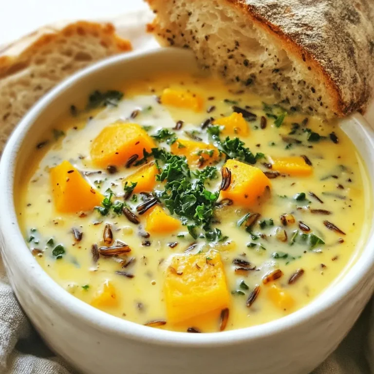 Wild rice is the star of this cozy soup. I use 1 cup of wild rice, rinsed and drained. This nutty grain adds texture and depth. It takes longer to cook than regular rice, so be patient. Fresh vegetables bring life to the soup. I like to use: - 1 medium onion, chopped - 2 carrots, diced - 2 celery stalks, diced - 4 cloves garlic, minced - 1 cup butternut squash, diced - 1 cup kale, chopped These veggies offer flavor and color. They also add nutrients that make this soup healthy. Herbs and seasonings enhance the taste. I use: - 1 teaspoon dried thyme - 1 teaspoon dried rosemary - 1 bay leaf - Salt and pepper to taste These herbs give warmth and earthiness. The bay leaf adds a subtle depth that you will love. For creaminess, I sometimes add a splash of: - 1 cup heavy cream or coconut cream (optional) Heavy cream makes the soup rich. Coconut cream offers a dairy-free choice with a hint of sweetness. Garnishes make the soup look pretty. I top it with: - Fresh parsley, chopped This green sprinkle brightens the dish and adds freshness. Pair it with warm crusty bread for a cozy meal. {{ingredient_image_1}} To start, you need a large pot. Heat one tablespoon of olive oil over medium heat. Next, add one chopped onion, two diced carrots, and two diced celery stalks. Sauté these veggies for about five to seven minutes. You want them soft and fragrant. Then, stir in four minced garlic cloves. Cook this mix for one more minute until it smells great. Now it’s time to add the wild rice. Pour in one cup of wild rice that you rinsed and drained. Add six cups of vegetable broth to the pot. Then, mix in one teaspoon of dried thyme, one teaspoon of dried rosemary, and one bay leaf. Finally, add one cup of diced butternut squash. Bring everything to a boil. After that, lower the heat and let it simmer. Cover the pot and cook for about 45 minutes. The wild rice should be tender and burst open. Once the rice is ready, it’s time for the kale. Stir in one cup of chopped kale. Let it cook for five to ten minutes until it wilts. If you like your soup creamy, now is the moment to add one cup of heavy cream or coconut cream. This adds richness to your soup. Before serving, taste your soup. Add salt and pepper as needed to enhance the flavors. Don’t forget to take out the bay leaf! This step is key for a smooth finish. Now, your cozy autumn wild rice soup is ready to enjoy. Wild rice gives this soup a nutty flavor and chewy texture. It is important to select high-quality wild rice. Look for grains that are dark, shiny, and whole. Avoid broken pieces, as they can cook unevenly. Rinsing the rice before cooking helps remove any grit and enhances its taste. To boost flavors, sauté your vegetables well. Cook them until soft before adding the broth. Fresh herbs like thyme and rosemary add depth. You can also try adding a splash of lemon juice for brightness. If you want a little heat, a pinch of red pepper flakes can work wonders. Serve this soup in rustic bowls for a cozy look. Garnish with fresh parsley to add color. Pairing it with warm, crusty bread makes it feel like a hug in a bowl. Consider serving a side salad for a fresh contrast. This soup is perfect for chilly days and family gatherings. Pro Tips Use a Variety of Wild Rice: Different blends of wild rice can add unique flavors and textures to your soup. Consider mixing in some brown rice for a heartier consistency. Enhance the Flavor: For a deeper flavor, try roasting the butternut squash before adding it to the soup. This brings out its natural sweetness and adds a lovely caramelized note. Make It Ahead: This soup tastes even better the next day! Make it ahead of time and store it in the fridge to let the flavors meld together. Adjust Thickness: If you prefer a thicker soup, blend a portion of the soup and return it to the pot. This will create a creamy texture without the need for heavy cream. {{image_2}} You can enhance your soup with protein to make it heartier. Try adding cooked chicken, turkey, or diced ham for a meaty touch. If you prefer plant-based options, beans like chickpeas or lentils work well. They add protein and fiber, making the soup more filling. To keep this soup vegan, skip the heavy cream. Instead, use coconut cream for a rich taste. This adds creaminess without dairy. You can also use almond milk or oat milk for a lighter option. These swaps maintain flavor while catering to dietary needs. Seasonal ingredients bring new flavors to your soup. In winter, add root vegetables like parsnips or turnips. In spring, swap kale for fresh spinach or pea shoots. Summer can bring zucchini or corn for a colorful twist. Experimenting with ingredients keeps the soup exciting and fresh. You can store your cozy autumn wild rice soup in the fridge. Place it in an airtight container. It stays fresh for about 3 to 4 days. Make sure it cools down before you seal it. This helps keep the flavors intact. If you want to save some for later, this soup freezes well. Use freezer-safe containers or bags. Leave some space at the top for expansion. It can last for up to 3 months in the freezer. To thaw, place it in the fridge overnight before reheating. When you're ready to enjoy your soup again, heat it gently. You can do this on the stove or in the microwave. If using the stove, add a splash of broth or water if it seems thick. Stir well and heat until hot. Enjoy your soup just like the first time! You can use regular rice, but wild rice adds a nutty flavor. Wild rice also has a unique texture that regular rice can't match. If you choose regular rice, use less liquid and cook for a shorter time. Adjust the cooking time to make sure it doesn't turn mushy. To make the soup heartier, add some protein. Cooked chicken or turkey works well. You can also add beans or lentils for a plant-based option. Another idea is to include more vegetables like potatoes or extra squash. Serve it with crusty bread for a complete meal. You can top the soup with croutons or toasted nuts for crunch. Fresh herbs like parsley or chives add a nice touch. A sprinkle of cheese or a dollop of sour cream makes it richer. You could even add a drizzle of olive oil for extra flavor. This soup lasts about 4 to 5 days in the fridge. Make sure to store it in an airtight container. If you want to keep it longer, freezing is a great option. Just thaw it in the fridge before reheating. We explored how to make a delicious wild rice soup. You learned key ingredients, cooking steps, and tips for the best flavor. You can switch up ingredients for your own tastes or dietary needs. Proper storage keeps your soup fresh for later. Remember, you can always make this recipe your own. Enjoy warm soup that nourishes and satisfies you, any time of year.