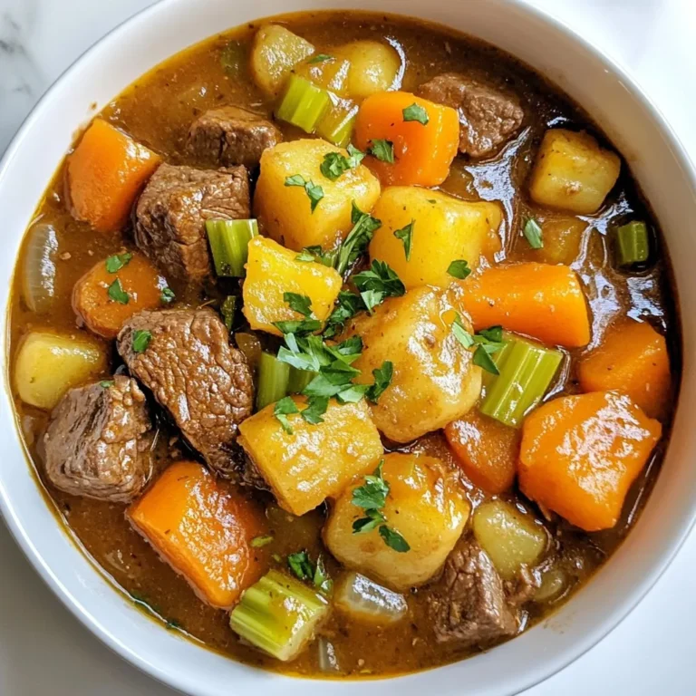 - 2 lbs beef chuck, cut into 1-inch cubes - 1 tablespoon olive oil - 1 large onion, chopped - 3 cloves garlic, minced - 4 medium carrots, peeled and sliced - 3 ribs celery, sliced - 2 large potatoes, peeled and diced - 4 cups beef broth - 2 tablespoons tomato paste - 1 teaspoon dried thyme - 1 teaspoon dried rosemary - 1 bay leaf - Salt and pepper to taste - 2 tablespoons cornstarch (mixed with 2 tablespoons water for thickening) - Fresh parsley for garnish If you run out of beef chuck, you can use brisket or round. For a lighter stew, swap beef for chicken. You can replace potatoes with sweet potatoes or parsnips. If you dislike celery, use green beans or zucchini. Dried herbs work, but fresh herbs give a great taste. You can also skip the tomato paste for a simpler stew. To make this dish, you need an Instant Pot. A good cutting board and chef's knife are essential for chopping. A mixing bowl is handy for the cornstarch mixture. Use measuring spoons and cups to get the right amounts. Lastly, a ladle helps serve the stew without making a mess. {{ingredient_image_1}} First, gather all your ingredients. You will need: - 2 lbs beef chuck, cut into 1-inch cubes - 1 tablespoon olive oil - 1 large onion, chopped - 3 cloves garlic, minced - 4 medium carrots, peeled and sliced - 3 ribs of celery, sliced - 2 large potatoes, peeled and diced - 4 cups beef broth - 2 tablespoons tomato paste - 1 teaspoon dried thyme - 1 teaspoon dried rosemary - 1 bay leaf - Salt and pepper to taste - 2 tablespoons cornstarch (mixed with 2 tablespoons water for thickening) - Fresh parsley for garnish Make sure to chop everything before you start cooking. This helps the process go smoothly. After chopping, set the ingredients aside in bowls or on a cutting board. Now, let’s cook! Turn on your Instant Pot and set it to the Sauté function. Add the olive oil. Once hot, add your beef cubes in batches. Brown them on all sides. This gives the stew a nice flavor. After browning, take the beef out and set it aside. Next, add the chopped onion to the pot. Sauté until it turns translucent, about 3-4 minutes. Then, add the minced garlic and cook for one more minute. This will fill your kitchen with a lovely aroma. Return the browned beef to the pot. Add the carrots, celery, and potatoes next. Pour in the beef broth, add the tomato paste, thyme, rosemary, bay leaf, salt, and pepper. Stir everything well, so the flavors mix. Close the Instant Pot lid and ensure the valve is set to Sealing. Select the Manual or Pressure Cook function. Set the timer for 35 minutes on high pressure. This will make the beef tender and full of flavor. When the cooking time is up, let the pressure release naturally for about 10 minutes. After that, do a quick release for any remaining pressure. Carefully open the lid. Remove the bay leaf from the stew. To thicken the stew, stir in the cornstarch slurry. Turn the Instant Pot back to Sauté for a few minutes. This helps the stew reach your desired thickness. Taste the stew and adjust seasoning if needed. Add more salt or pepper if you like. Serve the beef stew hot, and don’t forget to garnish it with fresh parsley. Enjoy your comforting bowl of beef stew! Browning beef adds great flavor to your stew. Here’s how to do it right: - Use a hot Instant Pot on the Sauté function. - Don’t crowd the pot; brown in batches. - Let the beef sear without moving it too much. - Brown all sides for a rich color. - Set aside the beef to keep it juicy. You want your stew thick, not watery. Here are some tips: - Add cornstarch mixed with water at the end. - Use the Sauté function to thicken after cooking. - If too thick, stir in some beef broth. - Let it simmer briefly for the best texture. - Taste and adjust seasoning as needed. Serve your beef stew with these ideas: - Pair it with crusty bread for dipping. - Serve over mashed potatoes for a twist. - Garnish with fresh parsley for a pop of color. - Add a side salad for extra crunch. - Enjoy with a glass of red wine for warmth. Pro Tips Perfectly Browned Beef: For the best flavor, make sure to brown the beef cubes in batches rather than overcrowding the pot. This ensures an even sear. Vegetable Variations: Feel free to swap out vegetables based on your preference or what you have on hand. Mushrooms, parsnips, or peas can add great flavor to the stew. Thickening the Stew: If you prefer a thicker stew, let it simmer on the sauté function for a few extra minutes after adding the cornstarch slurry until it reaches your desired consistency. Flavor Enhancements: For added depth of flavor, consider deglazing the pot with a splash of red wine after sautéing the onions and garlic before adding the other ingredients. {{image_2}} You can switch up the veggies in this stew. Add peas for sweetness. Green beans provide a nice crunch. Mushrooms bring a rich flavor. You can also try squash for a unique twist. Just keep the cooking times in mind. Harder veggies like carrots and potatoes need more time. Soft veggies, like spinach, can go in at the end. Beef is great, but don’t stop there. Chicken works well too. Use chicken thighs for a juicy bite. You can even try pork for a different taste. For a meatless version, chickpeas or lentils are perfect. They add protein and fiber to your dish. Just make sure to adjust the cooking time for these proteins. To boost flavor, think outside the box. Add a splash of red wine for depth. Worcestershire sauce can add a savory kick. Fresh herbs like basil or oregano can brighten the stew. If you love spice, toss in some red pepper flakes. Adjust the salt and pepper to suit your taste. Always taste as you go to find your perfect blend. To store your beef stew, let it cool first. Then, place it in an airtight container. Make sure to fill the container only to the top. Leaving some space helps with heat and moisture. Store it in the fridge for up to three days. This stew tastes even better the next day! When you're ready to enjoy your stew again, reheating is simple. You can use the microwave or the stovetop. If using the microwave, heat it in a bowl for two to three minutes. Stir every minute to help it heat evenly. On the stovetop, warm it in a pot over low heat. Stir often until it is hot throughout. If you want to save some stew for later, freezing is a great option. First, let the stew cool fully. Pour it into freezer-safe bags or containers. Leave some space at the top for expansion. Label the bags with the date. You can freeze it for up to three months. When you're ready to eat, thaw it in the fridge overnight. Then, reheat as described above. Enjoy this hearty dish anytime! You should cook beef stew in an Instant Pot for 35 minutes on high pressure. This time helps make the beef tender. After cooking, let the pot sit for 10 minutes. This is called natural release. Then, you can quick release the rest of the steam. Yes, you can use frozen beef for this recipe. Just keep in mind that it will take longer to come to pressure. It may add about 10 to 15 minutes to your cooking time. Make sure the beef is in smaller cubes for even cooking. To thicken your beef stew, use cornstarch. Mix two tablespoons of cornstarch with two tablespoons of water until smooth. Stir this mixture into the stew after cooking. Then, set the Instant Pot to Sauté. Cook for a few minutes until the stew thickens to your liking. You can also use flour or a roux if you prefer. This blog post covered everything you need for a great Instant Pot beef stew. We explored the right ingredients, tools, and steps for cooking. I shared helpful tips for browning beef and achieving the perfect stew consistency. Plus, I provided ideas for variations and storage. With these guidelines, you can create a delicious meal. Enjoy your cooking and the tasty results. You have the skills to make this stew your own.