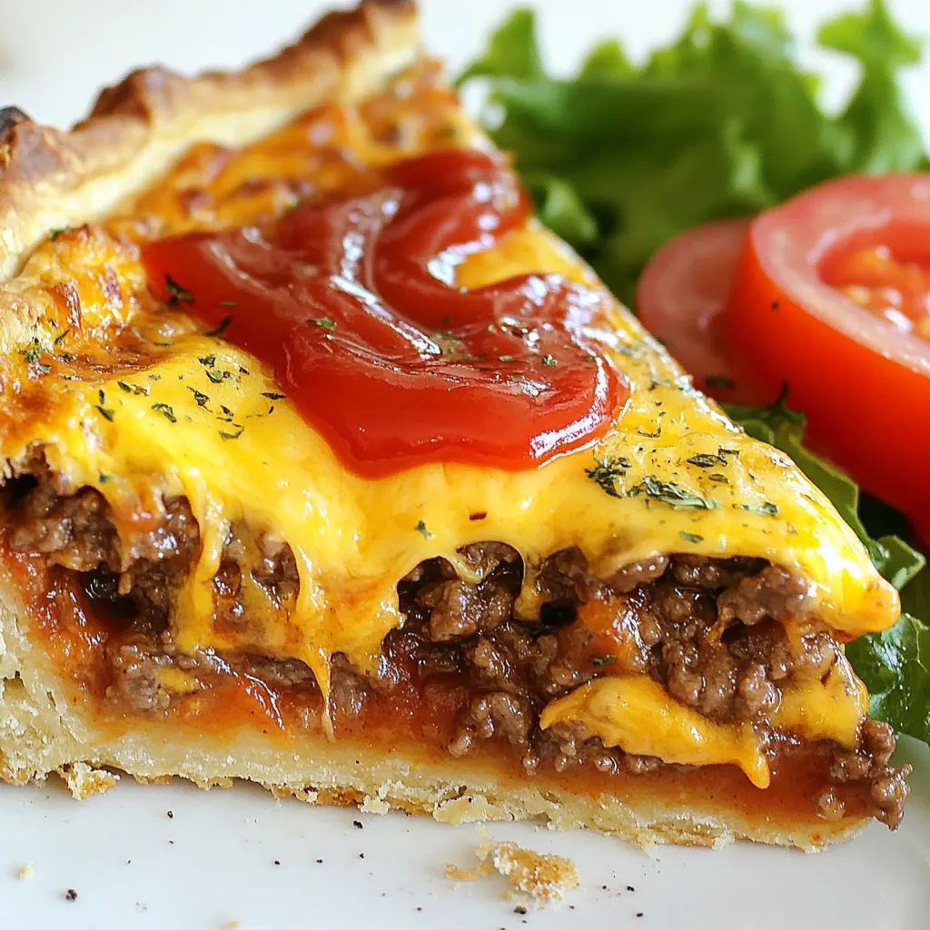 To make the Ultimate Cheeseburger Pie, you need the following ingredients: - 1 lb ground beef - 1 small onion, diced - 2 cloves garlic, minced - 1 cup cheddar cheese, shredded - 1 cup mozzarella cheese, shredded - 1 cup milk - 2 large eggs - 1 cup all-purpose flour - 1 tablespoon baking powder - 1 teaspoon salt - 1 teaspoon black pepper - 1 tablespoon Worcestershire sauce - 1/4 cup pickles, chopped (optional) - 1/4 cup ketchup (for drizzling on top) - Fresh lettuce leaves and tomato slices (for garnish) You can customize your cheeseburger pie by adding: - Cooked bacon, chopped - Sautéed mushrooms - Jalapeños for a spicy kick - Different cheese types like gouda or pepper jack If you need to swap any ingredients, here are some ideas: - Use ground turkey or chicken instead of beef. - Almond flour can replace all-purpose flour for a gluten-free option. - Unsweetened almond milk works well instead of regular milk. - You can skip pickles if you do not like them. These options help make the recipe fit your taste and needs. {{ingredient_image_1}} 1. Preheat the Oven: Start by setting your oven to 400°F (200°C). This step is key for a crispy crust. 2. Cook the Beef: In a large skillet, add 1 pound of ground beef. Cook it until brown, about 5-7 minutes. Drain off the fat to keep it light. 3. Add Aromatics: Toss in 1 small diced onion and 2 minced garlic cloves. Cook these until the onion softens, about 3-4 minutes. Stir in 1 tablespoon of Worcestershire sauce, 1 teaspoon of salt, and 1 teaspoon of black pepper. Remove from heat. 4. Prepare the Batter: In a bowl, mix 1 cup of all-purpose flour, 1 tablespoon of baking powder, and a pinch of salt. In another bowl, whisk together 2 large eggs and 1 cup of milk. Combine both mixtures and stir until just mixed. 5. Assemble the Pie: Grease a 9-inch pie plate. Pour half of the batter into the plate. Spread the beef mixture evenly on the batter. Add chopped pickles and sprinkle 1 cup of shredded cheddar and 1 cup of shredded mozzarella over the beef. Pour the rest of the batter over the top. 6. Bake: Place the pie in the hot oven. Bake for 25-30 minutes. The top should be golden brown, and a toothpick should come out clean when inserted. 7. Add Finishing Touches: After baking, let the pie cool for about 10 minutes. Drizzle ketchup on top. Garnish with fresh lettuce and tomato slices. Before you start cooking, have all your ingredients ready. This makes cooking easier and faster. Dice your onion and garlic. Shred the cheese and chop the pickles if you are using them. Measure out your milk and eggs. Having everything prepped helps you stay organized. - Cook ground beef thoroughly: Make sure the beef is well browned. This adds a nice flavor. - Don’t overmix the batter: Stir until just combined to keep the pie light and fluffy. - Check doneness: Use a toothpick to test if the pie is done. If it comes out clean, you’re good to go! - Let it cool: Allow the pie to rest after baking. This helps the layers set and makes it easier to cut. To make a great cheeseburger pie, follow these steps. Start with fresh ingredients. Use quality ground beef and fresh onions. This adds flavor. When cooking beef, drain any excess fat. This keeps the pie from being greasy. Mix in the Worcestershire sauce well. It gives a nice depth to the flavor. When preparing the batter, don’t overmix. Stir just until combined. This keeps the pie light and fluffy. Pour half of the batter in the pie plate first. This makes sure the filling stays inside. Layer the beef, pickles, and cheese evenly. Make it look nice for your guests. Avoid using too much liquid in the batter. If it’s too runny, the pie won’t hold together. Don’t skip the baking time. Check the pie with a toothpick. It should come out clean when done. If the top browns too fast, cover it with foil. This keeps it from burning. Also, don’t forget to let the pie cool. This helps it set. If you slice it too soon, it may fall apart. Lastly, remember that not all ovens cook the same. Keep an eye on your pie as it bakes. You will need some basic tools for this recipe. Here’s what I recommend: - Large skillet for cooking beef - Mixing bowls for batter and ingredients - Whisk for mixing eggs and milk - 9-inch pie plate for assembling the pie - Measuring cups and spoons for accurate amounts - Spatula for spreading the batter and filling Having these tools ready will make the process smooth. Enjoy cooking your ultimate cheeseburger pie! Pro Tips Choose the Right Ground Beef: For a juicier and more flavorful pie, opt for ground beef with a higher fat content, like 80/20. This will enhance the richness of your dish. Customize Your Cheese: Feel free to experiment with different cheese combinations. Adding pepper jack or gouda can give a unique twist to the flavor profile. Let it Rest: After baking, allow the pie to rest for at least 10 minutes before slicing. This helps the layers set and makes serving easier. Top with Fresh Ingredients: Enhance the flavor by topping your pie with fresh ingredients like diced tomatoes, avocado, or a sprinkle of fresh herbs right before serving. {{image_2}} You can easily make a vegetarian version of this pie. Start with plant-based ground meat. You can find many brands at the store. For the filling, use black beans or lentils. They add great texture and flavor. Add diced bell peppers for extra crunch. Use your favorite cheese blend or vegan cheese. This way, everyone can enjoy the dish. If you like heat, try adding spices. Mix in diced jalapeños or red pepper flakes. These will kick up the flavor. You can also use pepper jack cheese for a spicy touch. Add hot sauce to the beef mixture for more heat. This twist makes the pie exciting and bold. To make a low-carb cheeseburger pie, swap out regular flour. Use almond flour or coconut flour instead. These options keep the carbs down. You can also skip the crust. Just layer the filling in a greased pie plate. Add extra veggies like spinach or zucchini for more nutrition. This way, you still enjoy the great taste without the carbs. After enjoying your cheeseburger pie, let it cool. Place any leftovers in an airtight container. Store it in the fridge for up to three days. If you want to keep it longer, consider freezing it. To reheat your pie, preheat the oven to 350°F (175°C). Place the pie in an oven-safe dish. Cover it with foil to keep it moist. Heat for about 15-20 minutes, or until hot throughout. You can also use a microwave. Heat individual slices for about 1-2 minutes. If you want to freeze the cheeseburger pie, first let it cool completely. Wrap it tightly in plastic wrap, then cover with aluminum foil. This helps prevent freezer burn. It can last in the freezer for up to three months. To enjoy later, thaw it overnight in the fridge before reheating. It takes about 25 to 30 minutes to bake the Ultimate Cheeseburger Pie. You want the top to turn golden brown. A toothpick test helps too. If it comes out clean, your pie is ready. Yes, you can use ground turkey in place of beef. Ground turkey is a leaner option. It will still taste great with the spices and cheese. Just ensure you cook it until it’s browned. You can serve your Cheeseburger Pie with fresh salad or crispy fries. Some like to add pickles on the side for crunch. Slices of fresh tomatoes and lettuce make a nice addition, too. Enjoying it with ketchup is always a hit! You now have all the tools to make the Ultimate Cheeseburger Pie. We've covered the key ingredients, step-by-step cooking tips, and ways to customize this dish to suit your taste. Remember to avoid common mistakes to ensure the best results. You can even try different versions, like vegetarian or spicy options. Lastly, storing your leftovers properly can keep them fresh. Dive into this fun recipe, and enjoy the delicious outcomes you create!