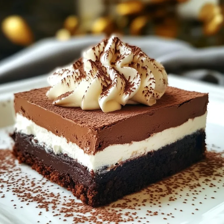 - 1/2 cup unsalted butter - 1 cup dark chocolate chips - 1 cup granulated sugar - 3 large eggs - 1 teaspoon vanilla extract - 1/2 cup all-purpose flour - 1/4 teaspoon salt - 1 cup heavy cream - 2 tablespoons powdered sugar - 1/2 cup cocoa powder (for garnish) When I create Chocolate Mousse Brownies, I always start with fresh ingredients. The unsalted butter gives it a rich taste. Dark chocolate chips add deep flavor and sweetness. Granulated sugar helps balance the chocolate. Eggs bind everything together, making the brownies fluffy. Vanilla extract adds a lovely aroma. All-purpose flour gives structure to the brownies. A pinch of salt enhances all the flavors. Heavy cream is key for a light mousse. Powdered sugar sweetens the cream just right. Finally, cocoa powder is perfect for that beautiful dusting. - Mixing bowls - Whisk - Saucepan - Baking pan - Parchment paper For the best results, gather your tools before you start. Mixing bowls let you combine ingredients easily. A whisk helps blend the sugar and eggs smoothly. A saucepan is needed to melt the butter and chocolate together. Use a baking pan for the brownies; lining it with parchment paper makes removal a breeze. These tools make the process simple and fun! {{ingredient_image_1}} - Set temperature to 350°F (175°C). - Prepare the baking pan by greasing it or lining it with parchment paper. This helps with easy removal. - In a medium saucepan, melt the unsalted butter and dark chocolate chips together over low heat. Stir until smooth. - In a large mixing bowl, whisk together the granulated sugar and large eggs until mixed well. - After the chocolate mixture cools, add it to the sugar and eggs. Also, mix in one teaspoon of vanilla extract. - Next, sift the all-purpose flour and salt into your bowl. Gently fold these dry ingredients into the chocolate mix. Be careful not to overmix. - Pour the brownie batter into your prepared baking pan. Spread it evenly. Bake for 20-25 minutes. A toothpick inserted in the center should come out with a few moist crumbs. - While the brownies cool, whip one cup of heavy cream with two tablespoons of powdered sugar until soft peaks form. - Take a small amount of whipped cream and fold it into the brownie batter. Then, gently fold in the rest. This lightens the mousse. - Once the brownies are cool, spread the chocolate mousse evenly over the top. - Chill the brownies in the refrigerator for at least 2 hours. This helps the mousse set properly. - When ready, dust with cocoa powder before slicing them into squares. - Avoid overmixing: When you mix the dry and wet ingredients, do it gently. This keeps the brownies soft and fudgy. - Testing with a toothpick: Stick a toothpick in the center. A few moist crumbs mean they are done. - Cooling time essentials: Let the brownies cool completely. This helps the mousse layer stay in place. - Achieving soft peaks: Whip the heavy cream until it forms soft peaks. This makes the mousse airy and light. - Folding techniques: Gently fold the whipped cream into the brownie mix. Use a spatula and scoop from the bottom up. This keeps the mousse fluffy. - Dusting with cocoa powder: Before serving, sprinkle cocoa powder on top. It adds a nice touch and enhances the chocolate flavor. - Garnishing options: Try adding chocolate shavings or fresh berries. These add color and make the brownies more appealing. Pro Tips Use Quality Chocolate: Opt for high-quality dark chocolate for a richer flavor in your brownies and mousse. Don’t Overmix: When adding the flour and salt, fold gently to avoid tough brownies. Overmixing can lead to a dense texture. Chill for Best Results: Allow the mousse to set in the fridge for at least 2 hours. This ensures a firm texture that holds its shape when cut. Presentation Matters: Dust with cocoa powder or garnish with chocolate shavings and berries for an elegant finish. {{image_2}} If you want to make these brownies gluten-free, you can easily substitute gluten-free flour for the all-purpose flour. This swap keeps the texture rich while making it safe for those with gluten sensitivities. Just ensure you select a good quality gluten-free flour blend for the best results. You can enhance the flavor of your brownies by adding a shot of espresso or coffee. This addition deepens the chocolate taste and adds a lovely warmth. You can also experiment with different types of chocolate, like milk chocolate or white chocolate, to create unique flavors. Each type gives its own twist to the final dessert. For those looking to reduce sugar, you can use lower sugar alternatives, like monk fruit sweetener or stevia. This change can help cut down on calories while still keeping the sweetness. If you need a dairy-free option, swap the heavy cream with coconut cream or almond milk. Both options work well and still provide a creamy mousse texture. To store leftovers, place them in an airtight container. This keeps them fresh and moist. You can also cover them tightly with plastic wrap. Make sure to chill them in the fridge right after they cool. The mousse needs to set properly to stay creamy. For best freshness, enjoy the brownies within three days. You can freeze the brownies and mousse if you want to save some for later. Just cut the brownies into squares before freezing. Wrap each piece in plastic wrap, then place them in a freezer bag. This helps prevent freezer burn. To thaw, take them out of the freezer and place them in the fridge overnight. You can also leave them at room temperature for a few hours. These brownies stay fresh for about three days in the fridge. If frozen, they can last up to three months. Just remember to wrap them well to keep their taste and texture. Enjoy your chocolate mousse brownies at their best! Fudgy brownies get their rich texture from a few key ingredients. The melted dark chocolate and butter create a dense base. Using less flour helps keep them moist. Eggs add structure and richness. When you mix these ingredients, aim for a smooth batter. The balance of chocolate, butter, and sugar is essential for that fudgy bite. Yes, you can prepare these brownies ahead of time. Bake the brownies and let them cool completely. After that, cover them tightly and store in the fridge. You can also make the mousse in advance. Just keep it refrigerated until you layer it on the brownies. This way, you save time on the day you plan to serve. To check if the brownies are done, use a toothpick. Insert it in the center of the brownies. If it comes out with a few moist crumbs, they are ready. If the toothpick is clean, they may be overbaked. Remember, the brownies will continue to set as they cool. Always err on the side of slightly underbaking for a fudgier texture. This recipe brings together rich brownies and fluffy mousse for a treat you'll love. We covered ingredients, tools, and clear steps to ensure success. Remember to avoid overmixing and test your brownies with a toothpick. Whether you are storing or serving, these tips help you create a dessert that impresses. Feel free to customize with flavors or dietary swaps. Enjoy your sweet creation, and share it with friends and family!