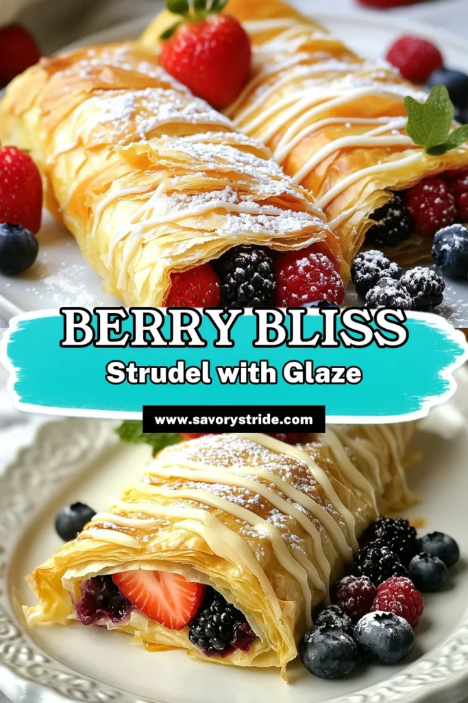 Indulge in this delectable Mixed Berry Strudel with Vanilla Glaze, a delightful phyllo dough dessert that’s easy to make and perfect for any occasion. This easy berry pastry combines fresh strawberries, blueberries, and blackberries, all wrapped in flaky layers. Drizzle with a homemade vanilla glaze for an extra treat. Satisfy your sweet tooth today! Try this recipe and share your creations! #MixedBerryStrudel #PhylloDoughDessert #VanillaGlazeRecipe #EasyBerryPastry
