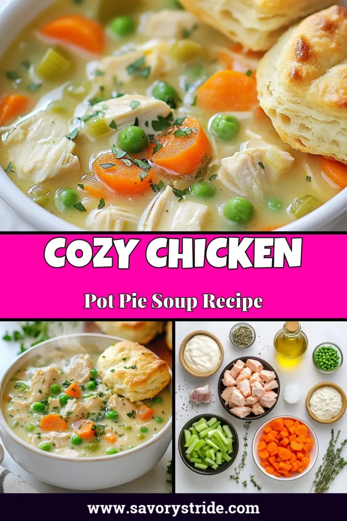 Warm up with this hearty chicken pot pie soup, a creamy chicken pot pie twist in a delicious chicken soup recipe. This easy pot pie soup is loaded with tender chicken, fresh veggies, and a rich flavor that will comfort you on any chilly day. Don't forget to top it off with biscuits for the ultimate chicken soup with biscuits experience! Save this recipe now and enjoy a cozy bowl tonight! #ChickenPotPieSoup #EasySoupRecipe #ComfortFood #SoupLovers