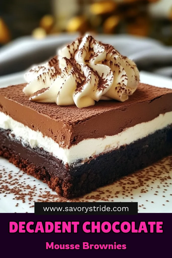 Indulge in these irresistible chocolate mousse brownies, a decadent brownie recipe that combines rich chocolate mousse with homemade brownies for the ultimate easy chocolate dessert. Perfect for gatherings or a sweet treat at home, this recipe is simple to follow and incredibly satisfying. Create a dessert that everyone will love! Try this chocolate mousse brownies recipe today! #chocolatemousse #brownies #dessertrecipes #easybaking