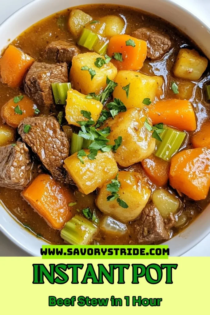 Discover the ultimate savory beef stew recipe with this easy Instant Pot beef stew! This quick beef stew combines tender beef, hearty vegetables, and rich flavors, all made effortlessly in a pressure cooker. Perfect for busy weeknights, this delicious Instant Pot beef stew packs a punch in just over an hour. Don't miss out on this comforting dish—save it for your next meal! #InstantPot #BeefStew #PressureCookerRecipes #EasyRecipes