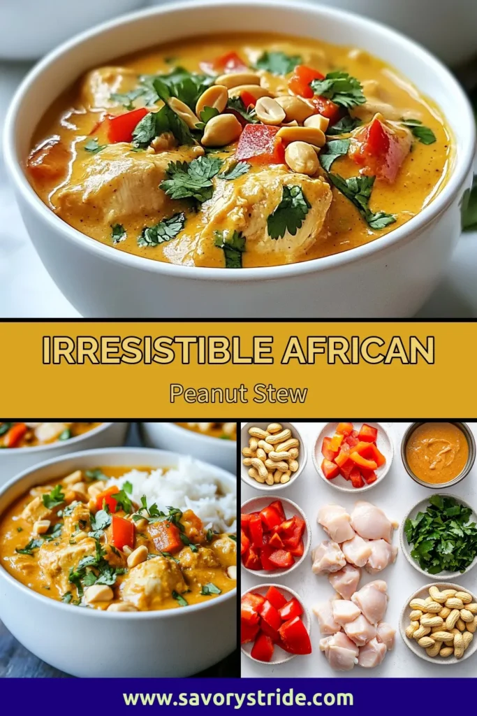 Discover the rich flavors of African Peanut Chicken Stew, a creamy peanut butter chicken recipe that will warm your heart. This one-pot chicken stew with peanuts combines tender chicken, spices, and healthy vegetables for a nourishing meal. Perfect for family dinners or meal prep, this dish fits into healthy African chicken recipes. Try it today and elevate your cooking! Save this spicy chicken stew with vegetables for your next meal! #AfricanPeanutChickenStew #HealthyRecipes #OnePotMeals #ChickenStew