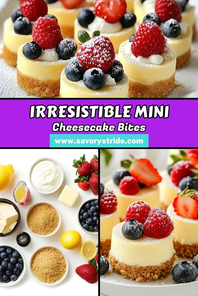 Indulge in these delicious mini New York cheesecake bites that are sure to impress! This easy cheesecake recipe features a buttery graham cracker crust dessert that requires no baking. Ready in just a few hours, these mini dessert recipes are perfect for any occasion. Top with fresh berries for an added delight! Save this recipe for a sweet treat you'll love to make and share. #MiniCheesecakeBites #NoBakeCheesecake #GrahamCrackerCrust #MiniDesserts