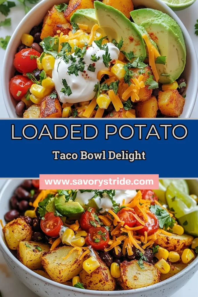 Discover the ultimate comfort food with this Loaded Potato Taco Bowl! This delicious vegetarian taco recipe features crispy baked potatoes topped with black beans, corn, fresh avocado, and cheese. Perfect for a healthy taco bowl that satisfies your cravings while keeping it nutritious. Try this easy recipe for a delightful meal any day of the week! Save it now and enjoy the goodness! #LoadedPotatoTacoBowl #VegetarianTacoRecipes #BakedPotatoRecipes #HealthyTacoBowl