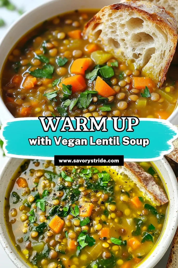 Warm up with this Cozy Vegan Lentil Soup that's perfect for chilly days! This healthy lentil soup is not only easy to make but also packed with flavor and nutrition. Featuring green lentils, fresh vegetables, and spices, it's a delightful plant-based soup recipe everyone will love. Ideal for meal prep or a comforting dinner, give this cozy vegan recipe a try today! Save this for later! #VeganLentilSoup #CozyVeganRecipes #EasyVeganSoup #HealthyLentilSoup
