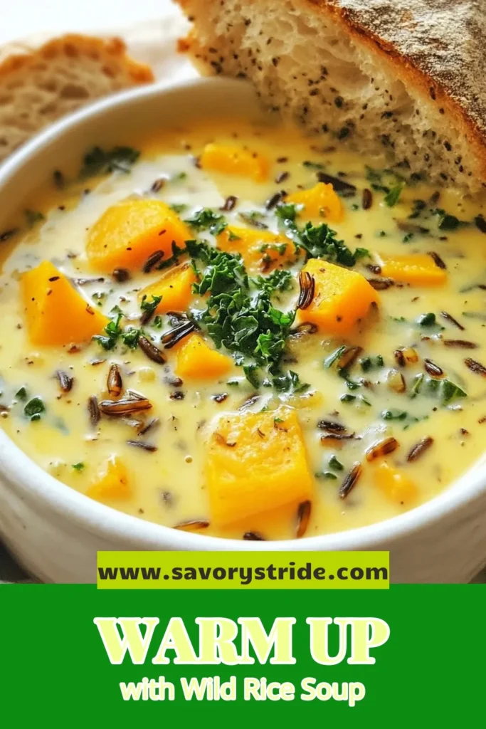 Warm up this season with our delicious wild rice soup recipe! This cozy autumn wild rice soup combines hearty butternut squash and vibrant kale, making it perfect for your collection of autumn soup recipes. Ideal as a vegetarian wild rice soup, it’s creamy and satisfying, perfect for cozy fall meals. Don't miss out on this comforting dish—save the recipe and make it your go-to this fall! #WildRiceSoup #AutumnRecipes #CozyMeals #VegetarianSoup