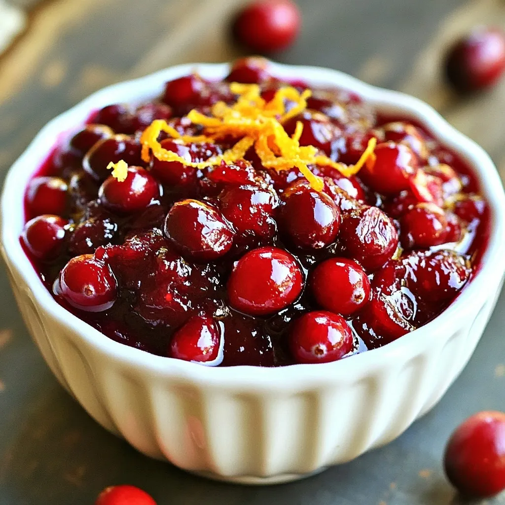 To make this Honey Bourbon Cranberry Sauce, you will need: - 12 oz fresh cranberries, rinsed - 3/4 cup honey - 1/2 cup orange juice - 1 tablespoon orange zest - 1/4 cup water - 1 teaspoon ground cinnamon - 1/4 teaspoon cayenne pepper (adjust for spice level) - 1/4 teaspoon salt - 1 teaspoon vanilla extract Each of these ingredients plays a key role. The cranberries bring tartness, while the honey adds sweetness. Orange juice brightens the flavor, and spices add depth. If you want to swap out honey, here are some great options: - Maple syrup: This gives a rich flavor. Use the same amount as honey. - Agave nectar: This is sweeter than honey. Use a little less. - Brown sugar: This adds a nice caramel taste. Use about 1/2 cup. These alternatives can make your sauce taste different but just as good. You might not have all the ingredients on hand. Here are some easy swaps: - If you don’t have orange juice, use apple juice. It still gives sweetness. - No orange zest? You can use lemon zest for a different twist. - If you want less spice, skip the cayenne pepper entirely. These substitutions will keep your sauce tasty while making it easy to prepare. Enjoy experimenting! {{ingredient_image_1}} Gather your ingredients before starting. You will need: - 12 oz fresh cranberries, rinsed - 3/4 cup honey - 1/2 cup orange juice - 1 tablespoon orange zest - 1/4 cup water - 1 teaspoon ground cinnamon - 1/4 teaspoon cayenne pepper (adjust for spice level) - 1/4 teaspoon salt - 1 teaspoon vanilla extract Make sure to rinse the cranberries well. This helps remove dirt and ensures a fresh taste. Zest the orange before juicing to capture the oils. This adds a nice flavor. Start by placing a medium saucepan on the stove over medium heat. Combine the rinsed cranberries, honey, orange juice, water, and salt. Stir gently to mix everything. Bring the mixture to a simmer. You should see the cranberries burst and release their juices. This takes about 5-7 minutes. After that, add the orange zest, ground cinnamon, cayenne pepper, and vanilla extract. Stir to blend the spices in well. Continue simmering for another 5-10 minutes. Stir occasionally as the sauce thickens. You want it to coat the back of a spoon. Remove it from the heat. Let it cool, as it will thicken more as it sits. For the best sauce, pay attention to the cooking time. If it’s too thin, cook it longer. If it’s too thick, add a bit more water or orange juice. Stirring helps keep it smooth. You can also mash some cranberries with a spoon for a chunkier texture. Taste the sauce to make sure it's sweet and tangy. Adjust the spice level if you want more heat or sweetness. This honey bourbon cranberry sauce will be a hit at your holiday table. Enjoy! To make your Honey Bourbon Cranberry Sauce pop, use spices. Ground cinnamon brings warmth. It pairs well with the sweet honey and tart cranberries. A touch of cayenne pepper adds a kick. Adjust the amount to suit your taste. If you want a bold flavor, add a dash more. You can also try nutmeg for extra depth. Sweetness in this sauce comes mainly from honey. If you prefer a sweeter sauce, add more honey. Start with a tablespoon at a time. Taste as you go. You can also balance sweetness with more orange juice. For spice, remember that cayenne can heat things up. Add a little at a time. You can always add more, but you can’t take it out. To save time, prep your ingredients before cooking. Rinse your cranberries and measure out the honey and juice. You can also zest the orange ahead of time. If you are short on time, use bottled orange juice. It works well, but fresh juice has a brighter taste. Cook the sauce while you prepare your turkey or other dishes. This way, everything is ready at once. Pro Tips Adjust the Spice Level: If you prefer a milder sauce, reduce the cayenne pepper or omit it altogether. You can always add more spice later! Storage Tips: This cranberry sauce can be made a few days in advance. Store it in an airtight container in the refrigerator for up to a week. Flavor Enhancements: For added depth, consider incorporating a splash of bourbon or whiskey along with the honey for a richer flavor profile. Serving Suggestions: This sauce is versatile! Use it as a topping for brie cheese or mix it into yogurt for a sweet and tangy breakfast treat. {{image_2}} You can create new flavors by adding fruits. Try mixing in diced apples or pears. These fruits add sweetness and texture. You could also include chopped figs or dried cherries for a unique twist. Each fruit brings its own taste. Just remember to adjust the sugar if needed. If you want a non-alcoholic version, skip the bourbon. You can replace it with extra orange juice or apple cider. This keeps the sauce fruity and bright. The flavor will still be great without the alcohol. Just ensure you balance the sweetness with a bit of extra acidity. Seasonal flavors can make your sauce special. During fall, consider adding spices like nutmeg or allspice. In winter, try a hint of peppermint extract. These small changes can make the sauce feel festive. You can also use seasonal fruits, like cranberries in winter and fresh berries in summer. Each season brings new tastes to enjoy. To keep Honey Bourbon Cranberry Sauce fresh, store it in an airtight container. Make sure to let the sauce cool completely before sealing it. This helps prevent moisture buildup that can alter the sauce's texture. Place the container in the fridge. The sauce will stay fresh for up to two weeks. If you want to save some for later, freezing is a great option. Pour the cooled sauce into a freezer-safe container or a zip-top bag. Leave some space at the top, as the sauce will expand when frozen. Seal it tightly and label it with the date. You can freeze it for up to three months. When ready to use, thaw it in the fridge overnight. Honey Bourbon Cranberry Sauce has a good shelf life, but it’s important to watch for spoilage. If you see any mold or a funny smell, throw it away. If the sauce changes color or texture, it’s best not to eat it. Always trust your senses; when in doubt, toss it out. Yes, you can make this sauce ahead of time. It tastes great after sitting for a day or two. The flavors blend well when you let it chill in the fridge. Just store it in an airtight container. When you're ready to serve, warm it gently on the stove or in the microwave. To adjust for larger servings, simply double or triple the ingredients. For example, use 24 oz of cranberries and 1 1/2 cups of honey for a double batch. Keep the same cooking time, but check the sauce until it thickens. You want a nice texture, but don’t rush it. Yes, you can use dried cranberries. However, they will change the texture and flavor. Dried cranberries are sweeter, so cut back on the honey. You will also need to add more liquid, like water or orange juice, to help them plump up. Soak them in warm water for a bit before cooking for best results. This post covered various aspects of making a delicious sauce. You learned about the essential ingredients, substitutions, and step-by-step cooking methods. We discussed ways to enhance flavors and save time. You also explored different variations, storage tips, and answered common questions. In conclusion, making this sauce can be easy and fun. With a few tweaks, you can make it your own. Feel free to experiment and enjoy the journey in your kitchen.