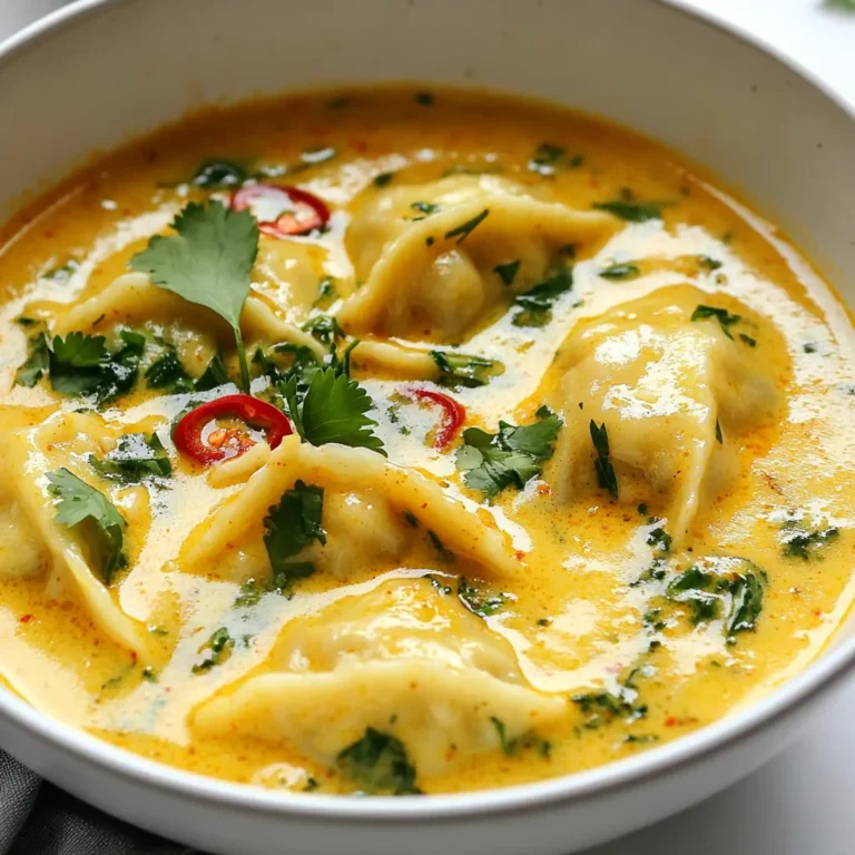To make this soup, gather these key items: - 1 cup all-purpose flour - 1/2 cup water - 1/4 teaspoon salt - 1 teaspoon olive oil - 2 cups vegetable broth - 1 can (400ml) coconut milk - 2 tablespoons red curry paste - 1 tablespoon fresh ginger, minced - 2 cloves garlic, minced - 1 cup mushrooms, sliced - 1 cup baby spinach - 1 tablespoon soy sauce - 1 tablespoon lime juice These ingredients come together to create a rich and creamy base. The coconut milk gives a nice sweetness, while the red curry paste adds warmth and depth. For the perfect finish, you will want these garnishes: - Fresh cilantro - Sliced red chili These simple toppings add bright flavors and a touch of heat. They will make your soup not only tasty but also beautiful. If you want to switch things up, consider these swaps: - Use whole wheat flour instead of all-purpose flour. - Swap in chicken or vegetable broth for a different taste. - Try different mushrooms, like shiitake or portobello, for a new texture. - Use lime zest if you don’t have lime juice. These alternatives can change the flavor and make the dish your own. Enjoy experimenting to find what you love best! {{ingredient_image_1}} To make the dumpling dough, start by mixing 1 cup of all-purpose flour and 1/4 teaspoon of salt in a bowl. Gradually add 1/2 cup of water while mixing. You want a soft dough that is not sticky. Knead this dough for 5 minutes until it is smooth. Cover it with a damp towel and let it rest for 20 minutes. This resting time helps the dough become easier to shape. Heat 1 teaspoon of olive oil in a skillet over medium heat. Add 2 cloves of minced garlic and 1 tablespoon of minced ginger. Sauté for about 1 minute until you smell the great aroma. Then, add 1 cup of sliced mushrooms and cook until they soften. Once cooked, remove the skillet from heat and let the filling cool slightly. Take the rested dough and divide it into small balls, about 1-inch wide. Roll each ball into a thin circle, about 3 inches wide. Place a small spoonful of the cooled mushroom filling in the center of each circle. Fold the dough over and pinch the edges tightly to seal. Repeat this for all the dough, making sure each dumpling is secure. In a large pot, combine 2 cups of vegetable broth, 1 can of coconut milk, and 2 tablespoons of red curry paste. Stir well to mix everything together. Bring the soup to a simmer over medium heat. This rich broth is the heart of your soup. Once the broth is simmering, gently drop the dumplings into the pot. Let them cook for about 5 to 7 minutes. You will know they are ready when they float to the surface. This means they are cooked through, so keep an eye on them! Next, stir in 1 cup of baby spinach and 1 tablespoon of lime juice. Let the spinach wilt for about a minute. Taste the soup and add any extra seasoning if needed. Finally, ladle the soup into bowls. Garnish with fresh cilantro and sliced red chili for a pop of color and flavor. Enjoy your warming bowl of Thai coconut curry dumpling soup! To make dumplings that shine, start with a good dough. Use all-purpose flour and salt. Mix them well, then slowly add water. Knead the dough until it feels smooth. Let it rest for 20 minutes. This step makes it easier to shape. Keep the dough covered. This prevents it from drying out. When forming the dumplings, make sure to pinch the edges tightly. This keeps the filling inside. To boost flavor, use fresh ingredients like ginger and garlic. They add warmth and zest. Sauté them in olive oil until fragrant. Add mushrooms to the mix. They bring a nice earthiness to the dish. For an extra kick, try adding more red curry paste. Adjust the amount to your taste. Don’t forget lime juice! It brightens the soup and balances the richness of the coconut milk. A sprinkle of fresh cilantro at the end adds color and freshness. When making the soup base, stir the broth, coconut milk, and red curry paste well. Ensure they blend smoothly. Bring the mixture to a gentle simmer. This helps all the flavors meld together. Once you add the dumplings, avoid stirring too much. This keeps them intact. If the soup gets too thick, add a bit of vegetable broth. Taste as you go. Adjust seasoning by adding a touch of soy sauce or lime juice. Serve hot, garnished with sliced red chili for a colorful touch. Pro Tips Use Fresh Ingredients: Fresh vegetables and herbs will enhance the flavor of your dumpling soup, making it more vibrant and delicious. Experiment with Fillings: Feel free to mix up the filling with other vegetables or proteins like tofu, shrimp, or chicken for variety. Adjust Spice Level: Control the heat by adding less red curry paste or incorporating more vegetables to balance the flavors. Store Dumplings Properly: If you make extra dumplings, freeze them uncooked on a baking sheet, then transfer to a bag for future use. {{image_2}} You can change the protein in this soup to fit your taste. For a vegetarian choice, use tofu. Firm tofu works best. Just cube it and add it to the soup. If you like chicken, use diced chicken breast. Cook it in the soup until it is tender. For seafood lovers, shrimp adds a lovely flavor. Add raw shrimp just before the dumplings finish cooking. They cook fast and stay juicy. If you want a vegan version, it's simple! Just skip any animal products. Use tofu for protein and make sure your broth is vegan. You can also try chickpeas for extra protein. They add texture and flavor too. For the soup base, choose coconut milk and vegetable broth. Both are naturally vegan and rich in flavor. You can switch some ingredients for new tastes. If you want a spicier kick, use green curry paste instead of red. It brings a different heat and flavor. For a sweeter note, add a splash of maple syrup or coconut sugar. If you like a tangy taste, try adding more lime juice. You can also change the mushrooms. Use shiitake or oyster mushrooms for unique flavors. Each ingredient swap makes the soup your own! To keep your leftover soup fresh, let it cool first. Pour the soup into an airtight container. Make sure to seal it tightly. You can store it in the fridge for up to three days. If you want to save it longer, consider freezing it. When you're ready to enjoy the soup again, pour it into a pot. Heat over medium heat, stirring often. This helps it warm evenly. Make sure it reaches a good simmer before serving. You can also use a microwave if you're in a hurry. Just heat in short bursts and stir in between. To freeze your dumplings, place them on a baking sheet. Make sure they don't touch each other. Freeze them for about an hour. Once frozen, transfer them to a freezer bag. They will last for up to three months. When you want to eat them, cook them straight from the freezer in your soup. No need to thaw! You can use yellow curry paste or green curry paste. Each has a different flavor. You can also make a quick mix with spices like cumin, coriander, and turmeric. This gives a nice taste. Adjust the amount to your liking. Yes, you can make dumplings ahead. Shape them and place them on a tray. Freeze them until solid. Then, transfer them to a bag. This way, you can cook them later without thawing. The soup has a mild to medium spice level. This depends on how much red curry paste you use. If you like it spicier, add more paste or sliced red chili. You can also serve chili flakes on the side. Serve the soup with jasmine rice or crusty bread. A fresh salad with lime dressing pairs well too. You can also enjoy it with a light Thai beer or coconut water for a refreshing drink. In this article, we explored how to make delicious Thai Coconut Curry Dumpling Soup. We covered essential ingredients, step-by-step instructions, and tips for the best results. You learned about variations and storage methods to keep your soup fresh. Remember, you can customize the flavor with different proteins and spices. Don't fear trying new ingredients or methods. This soup is versatile and fun to make. Enjoy your cooking adventure and share this recipe with others!