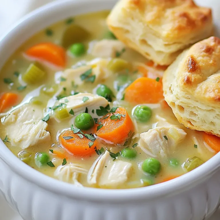 - 1 lb boneless, skinless chicken breasts, diced - 4 cups low-sodium chicken broth - 1 cup carrots, diced - 1 cup celery, diced - 1 cup frozen peas - 1 large onion, chopped - 3 cloves garlic, minced - 1/2 cup all-purpose flour - 1 cup heavy cream or coconut cream - 2 tablespoons olive oil - 1 teaspoon dried thyme - 1 teaspoon dried rosemary - Salt and pepper to taste - Fresh parsley, chopped - Biscuit dough or puff pastry (optional) I love how simple and wholesome these ingredients are. Each one plays a key role in making the soup rich and tasty. The chicken gives it protein, while the broth adds depth. Carrots and celery bring texture and flavor. Peas add a nice pop of color. Using fresh herbs like thyme and rosemary gives the soup a delightful aroma. I often choose olive oil for cooking, as it adds a nice touch. The flour is crucial for thickening the soup, making it creamy. Heavy cream or coconut cream makes it rich and velvety. If you want, you can add biscuit dough or puff pastry on top for a special finish. It’s a fun way to make it feel like a pot pie. Remember, you can mix and match these ingredients based on what you have at home. This soup is all about comfort and warmth! {{ingredient_image_1}} Sautéing the onion and garlic Start by heating two tablespoons of olive oil in a large pot over medium heat. Add one chopped onion and cook it for about five minutes. You want it to turn soft and clear. Next, stir in three minced garlic cloves. Cook this for one more minute. The smell will make your kitchen feel warm and inviting. Cooking the chicken Now, it’s time to add one pound of diced chicken breasts to the pot. Cook the chicken for five to seven minutes. Stir it often until it turns brown. Season the chicken with salt, pepper, one teaspoon of dried thyme, and one teaspoon of dried rosemary. This step adds great flavor to your soup. Adding flour and broth Once your chicken is cooked, sprinkle half a cup of all-purpose flour over the mixture. Stir it well to coat the chicken and veggies. This helps the soup thicken later. Gradually pour in four cups of low-sodium chicken broth while stirring. Make sure there are no lumps in the mix. Bring everything to a gentle simmer. Incorporating veggies and cream Now, add one cup of diced carrots and one cup of diced celery. Let it simmer for about 10 to 15 minutes until the veggies get tender. After that, stir in one cup of frozen peas and one cup of heavy cream. Cook for another five minutes. Don’t forget to taste and adjust the salt and pepper as needed. Prepping biscuit dough or puff pastry If you want a tasty topping, get your biscuit dough or puff pastry ready. Preheat your oven based on the package instructions. Cut out rounds or fun shapes from your dough. Baking instructions Place the shapes on a baking sheet and bake them until they turn golden brown. This usually takes about 10 to 15 minutes. Once done, serve your soup hot in bowls, topped with the baked biscuits or pastry. Garnish with fresh parsley for a bright touch! To make the best chicken pot pie soup, focus on cooking times for the veggies. Cook carrots and celery for about 10-15 minutes. This makes them tender but not mushy. For thickness, sprinkle flour onto the chicken and stir it in well. This helps the soup become rich and creamy. If you want a thicker soup, add more flour. If it’s too thick, add a bit more chicken broth. Herbs make this soup pop. I suggest using dried thyme and rosemary. These add warmth and depth. You can also try a splash of lemon juice. It brightens the flavor and balances the creaminess. Keep tasting as you cook. Adjust the herbs and spices to your liking. A good-looking soup makes it more fun to eat. Garnish your soup with fresh parsley. It adds color and a fresh taste. When serving, consider adding biscuit dough or puff pastry on top. This gives a crunchy, flaky finish. Serve the soup hot in bowls, and let the crust soak up some of the soup. Enjoy the hearty and comforting dish! Pro Tips Use Rotisserie Chicken: For a quicker option, you can substitute the diced chicken with pre-cooked rotisserie chicken. Just add it in during the last few minutes of cooking to heat through. Thicken with Cornstarch: If you prefer a gluten-free option, substitute the flour with cornstarch. Mix 1 tablespoon of cornstarch with a little cold water to create a slurry before adding it to the soup. Season to Taste: Always taste your soup before serving. Adjust the seasoning as needed, especially if you used low-sodium broth. A little extra salt or herbs can elevate the flavor significantly. Add Fresh Vegetables: Feel free to add other vegetables like corn or green beans for extra flavor and nutrition. Just ensure they are chopped into small pieces for even cooking. {{image_2}} You can make this soup lighter by using coconut cream instead of heavy cream. Coconut cream gives a nice, rich taste without extra fat. If you want to cut calories, try low-fat cream. Another way to make it healthier is to swap chicken for turkey or tofu. Turkey has less fat, and tofu is great for plant-based eaters. Want to change up the taste? Add curry powder to the soup for a new twist. It brings a warm, spicy flavor that’s fun and different. You can also mix in cheese for a creamy finish. Cheese adds a rich, satisfying layer to your soup. Try sharp cheddar or creamy gouda for great results. If you need a gluten-free option, use cornstarch to thicken the soup. Just mix it with a little cold water before adding it to the pot. This keeps the soup smooth and thick without flour. For the topping, you can skip biscuits or pastry. Instead, use gluten-free bread or crackers to enjoy with your soup. To keep your Chicken Pot Pie Soup fresh, use airtight containers. Glass or plastic containers work well. Make sure the soup cools to room temperature before sealing. Refrigerating is best if you plan to eat it within a few days. For longer storage, freeze the soup. It keeps well in freezer-safe bags or containers. When reheating the soup, use a pot over medium heat. Stir often to keep it from sticking. You can also use a microwave, but heat it in short bursts. Stir in between to avoid hot spots. Be careful not to overcook it; this could change the texture. Remove it from heat as soon as it's warm. In the fridge, Chicken Pot Pie Soup lasts about 3 to 4 days. You can freeze it for up to 3 months. Always check for signs of spoilage before eating. If the soup smells bad or has an off color, it’s best to throw it away. You can serve this soup with several tasty sides. Here are some great ideas: - Crusty bread: A warm loaf is perfect for dipping. - Salad: A light green salad adds freshness. - Biscuit or pastry: Top your soup with baked biscuits for a fun twist. - Roasted veggies: Serve some veggies on the side for extra crunch. Each of these options enhances the comfort of the soup. They add flavor and texture to your meal. Yes, you can prepare this soup ahead of time. Follow these steps: 1. Make the soup as directed, but stop before adding the cream. 2. Let the soup cool, then store it in an airtight container. 3. Place it in the fridge for up to three days. When you’re ready to serve, reheat the soup over low heat. Stir in the heavy cream before serving. This keeps the cream from separating. You can thicken this soup in a few easy ways: - Flour: Sprinkle flour over the chicken and stir before adding broth. - Cornstarch: Mix cornstarch with cold water, then add it to the soup. - Mashed potatoes: Stir in some mashed potatoes for a hearty texture. Each option works well and adds a nice touch to your dish. Absolutely! Using leftover chicken is a smart way to save time. Here’s how to do it: 1. Shred or chop the cooked chicken into small pieces. 2. Add the chicken to the pot after cooking the onion and garlic. 3. Skip the browning step since the chicken is already cooked. This method cuts down on cooking time and makes the soup even easier to prepare. This blog shows you how to make a tasty Chicken Pot Pie Soup. We covered its ingredients and what tools you'll need. I provided step-by-step instructions to ensure your soup is perfect. You learned tips for enhancing flavors and even how to make healthier versions. Lastly, I shared storage tips and answered common questions about serving and reheating. With these insights, you can create a comforting dish that's sure to please. Dive into your kitchen and enjoy your cooking adventure!