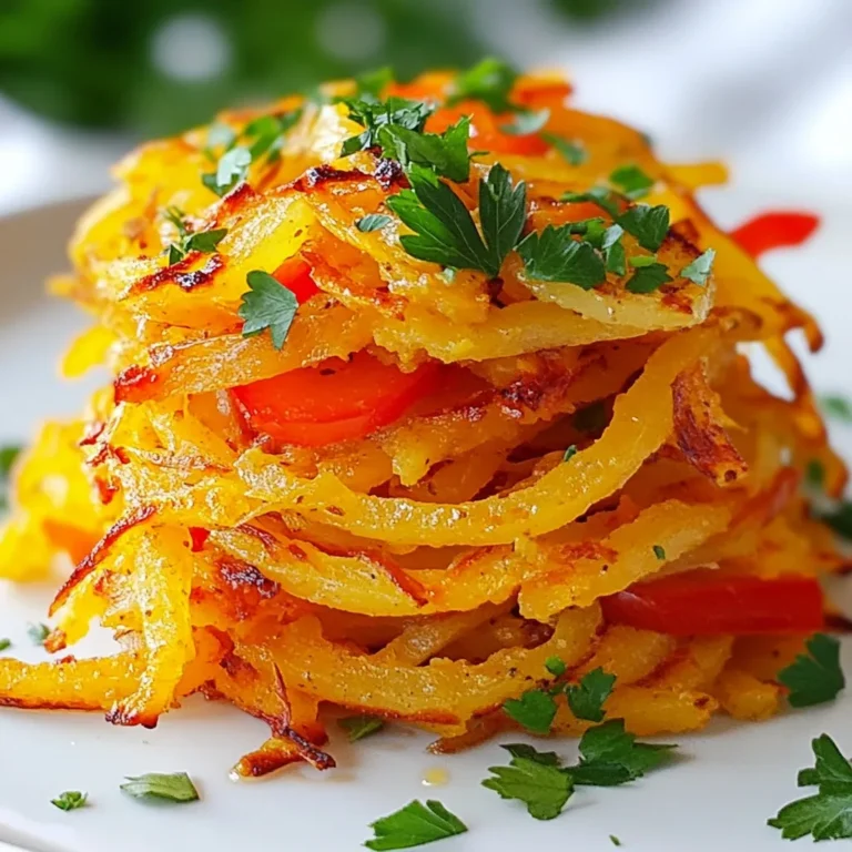 - 2 large sweet potatoes, grated - 1 small onion, finely chopped - 1 red bell pepper, diced - 2 cloves garlic, minced - 1 teaspoon smoked paprika - 1/2 teaspoon cumin - Salt and pepper to taste - 2 tablespoons olive oil - Fresh parsley, chopped (for garnish) Sweet potatoes are packed with vitamins. They provide vitamin A, which helps your eyes. They also have fiber, aiding digestion. Onions add flavor and have antioxidants, boosting health. Red bell peppers are rich in vitamin C, boosting your immune system. Garlic can help lower blood pressure and adds great taste. Smoked paprika adds a unique flavor and can help with inflammation. Cumin aids digestion and adds warmth to the dish. Olive oil is a healthy fat, great for heart health. Fresh parsley adds vitamins and freshness to the dish. If you need a low-carb option, try using zucchini instead of sweet potatoes. For a vegan version, ensure the oil is plant-based. You can replace garlic with garlic powder if you want a milder taste. If you're allergic to peppers, omit them or use diced tomatoes for moisture. For a spicier kick, add jalapeños or cayenne pepper. If you're avoiding oil, you can use a non-stick pan to cook without it. {{ingredient_image_1}} Start by peeling the sweet potatoes. Use a sharp peeler for ease. Next, grate the sweet potatoes with a box grater or a food processor. This step is key for a good texture. After grating, place the sweet potatoes in a clean kitchen towel. Squeeze the towel tightly to remove extra moisture. This helps the hash browns crisp up nicely. In a large mixing bowl, combine the grated sweet potatoes, chopped onion, diced red bell pepper, and minced garlic. Add the smoked paprika, cumin, salt, and pepper. Mix everything well, ensuring even flavor distribution. Heat one tablespoon of olive oil in a large skillet over medium heat. Once hot, add half of your sweet potato mix. Press it down gently to create a flat layer. Cook for about 5 to 7 minutes, until the bottom turns golden brown. Flip the hash browns carefully with a large spatula. Add the other tablespoon of olive oil around the edges of the pan. Cook for another 5 to 7 minutes until that side is crispy and golden. Once done, transfer the hash browns to a plate lined with paper towels. This absorbs any extra oil. Repeat with the remaining mixture to ensure all hash browns are crispy and delicious. Garnish with fresh chopped parsley, and serve warm for the best experience! Many people make easy mistakes when cooking hash browns. One big mistake is not squeezing out excess moisture from the sweet potatoes. Moisture makes them soggy instead of crispy. Always use a clean kitchen towel to remove water. Also, avoid overcrowding the skillet. If you add too much at once, the heat drops, and they won't cook right. Flip them carefully to keep them intact. Lastly, don’t skip the spices. They add so much flavor! Using the right tools can make cooking easier and more fun. Here’s what I recommend: - Box grater or food processor: This helps you grate sweet potatoes quickly. - Large skillet: A good non-stick skillet works best for even cooking. - Spatula: Use a large, flat spatula to flip the hash browns. - Paper towels: These absorb excess oil and keep your hash browns crispy. You can boost the flavor of your hash browns in many tasty ways. Try adding different spices like chili powder for heat or herbs like thyme for a fresh touch. Mixing in cheese before cooking adds a nice creaminess. You can also toss in extras, like cooked bacon or spinach, for more texture and taste. Finish with fresh parsley for color and brightness! Pro Tips Drain Excess Moisture: Ensure to squeeze out as much moisture as possible from the grated sweet potatoes. This step is crucial for achieving crispy hash browns. Use a Non-Stick Skillet: A non-stick skillet can help prevent the hash browns from sticking and make flipping easier, leading to a perfectly cooked dish. Customize Your Spices: Feel free to experiment with different spices such as chili powder or onion powder to enhance the flavor profile of your hash browns. Keep Warm in the Oven: If you're making a large batch, keep the cooked hash browns warm in a low-temperature oven (around 200°F) while you finish cooking the rest. {{image_2}} You can add many tasty ingredients to your sweet potato hash browns. Consider mixing in: - Chopped spinach or kale for a green boost - Feta cheese or cheddar for a creamy touch - Jalapeños for some heat - Cooked bacon or sausage for a savory bite These add-ins can change the flavor. They can make your dish more fun and exciting. Each option brings new tastes. Feel free to mix and match for your perfect recipe! If you want to try baking your hash browns, it’s easy! Preheat your oven to 425°F (220°C). - Spread the sweet potato mixture on a baking sheet. - Drizzle with olive oil and season with salt and pepper. - Bake for about 25-30 minutes, flipping halfway through. This method gives you crunchy edges while using less oil. It’s a great way to make a larger batch too! Creating a hash brown bowl is a fun idea! Start with your crispy sweet potato hash browns as the base. Top with: - Fried or poached eggs for protein - Avocado slices for creaminess - Salsa or hot sauce for a kick - Fresh herbs like cilantro for brightness These bowls are filling and delicious. They can be great for breakfast, lunch, or dinner. Enjoy getting creative with your toppings! After making delicious sweet potato hash browns, let them cool down first. Place any leftovers in an airtight container. Store them in the fridge for up to three days. Make sure to keep them away from moisture. This helps prevent sogginess and keeps them fresh. When you want to enjoy your leftovers, reheating is key. The best way is to use a skillet. Heat the skillet on medium-high heat. Add a small splash of oil. Once hot, place the hash browns in the skillet. Cook for about three to four minutes on each side. This method will help them regain their crispiness. You can also use an oven. Preheat it to 375°F (190°C). Bake them for about 10-15 minutes, flipping halfway. If you want to save sweet potato hash browns for later, freezing is a great option. First, let them cool completely. Then, place them in a single layer on a baking sheet. Freeze for about an hour. This prevents them from sticking together. After that, transfer them to a freezer-safe bag or container. They can be frozen for up to three months. When you're ready to eat, just reheat them from frozen. Follow the skillet or oven method for best results. Enjoy your tasty meal anytime! Yes, you can use other potatoes. Regular white potatoes or Yukon gold work well. They will taste different but still be tasty. Grate them just like the sweet potatoes. Make sure to squeeze out the moisture. This step is key for crispiness. To spice up your hash browns, add more smoked paprika or some cayenne pepper. You can also use diced jalapeños for a fresh kick. Mixing in red pepper flakes adds heat without changing the flavor. Adjust the spice to match your taste. Sweet potato hash browns pair well with eggs, avocado, or salsa. You can serve them as a side or for breakfast. They also go great with a salad or grilled veggies. Add a protein like chicken or turkey for a complete meal. You learned about sweet potato hash browns, from ingredients to storage tips. Each ingredient offers great nutrition, and I shared easy swaps for different diets. I walked you through cooking them to crispy perfection and gave tips on avoiding common mistakes. You can also try fun variations and smart storage techniques. Remember, cooking is all about experimenting. Enjoy your hash browns in many ways!