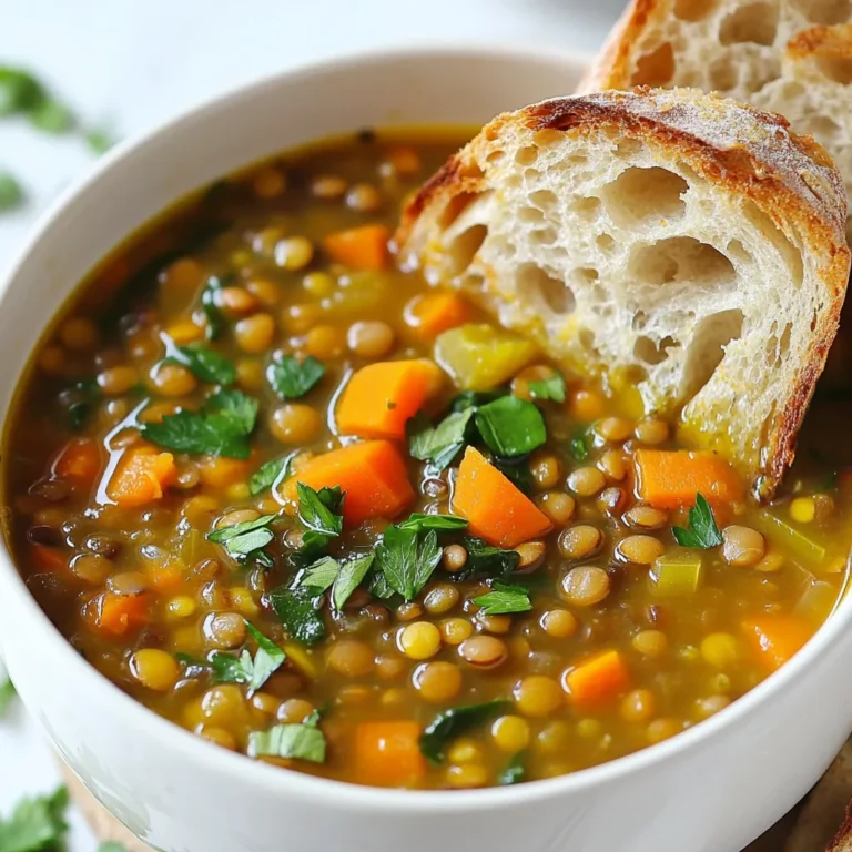 - Lentils: You can use green or brown lentils. Both work well in this soup. - Vegetables: I love using onion, carrots, celery, garlic, and fresh spinach. They add great flavor and nutrition. - Spices and Seasonings: I add ground cumin, smoked paprika, salt, and pepper. They give the soup a warm, rich taste. - Liquids: Use olive oil for sautéing. I also add vegetable broth and diced tomatoes. This creates a flavorful base. - Garnish: Fresh parsley adds a bright touch. It makes the soup look and taste better. Each ingredient plays a key role in making this cozy vegan lentil soup delicious and hearty. The lentils provide protein, while the veggies add color and nutrients. The spices bring warmth, and the broth ties everything together. You can feel good about every spoonful! {{ingredient_image_1}} Start by rinsing your lentils under cold water. Place them in a fine-mesh strainer. This step helps remove any dirt or debris. Next, chop the onion, carrots, and celery. Cut the onion into small pieces. Dice the carrots and celery into even chunks. This prep work makes cooking easier later. In a large pot, heat one tablespoon of olive oil over medium heat. Add the chopped onion first. Cook it until it turns translucent, about five minutes. Then, stir in the diced carrots and celery. Cook these for about four to five minutes until they soften. This mix creates a nice base for your soup. Now it’s time to add some flavor! Add three minced cloves of garlic to the pot. Stir in one teaspoon of ground cumin and one teaspoon of smoked paprika. Cook this mixture for about one minute. This step fills your kitchen with amazing scents. Pour in six cups of vegetable broth. Add the rinsed lentils and a 14-ounce can of diced tomatoes (with juices). Bring the mixture to a boil. Once it bubbles, reduce the heat to low and cover the pot. Let it simmer for 25 to 30 minutes. The lentils should be tender when done. Stir in two cups of chopped fresh spinach. Allow it to wilt for about two to three minutes. Then, season the soup with salt and pepper to taste. Adjust the seasoning until it’s just right for you. Serve the soup in warm bowls for a cozy feel. Garnish with fresh parsley for color. This soup pairs well with crusty bread. Enjoy your heartwarming meal! To make your cozy vegan lentil soup shine, use fresh ingredients. Start with ripe tomatoes. They add a lovely sweetness. Fresh herbs like parsley brighten the dish. Use good quality vegetable broth. This simple swap makes a big difference. You can also adjust spices. If you like heat, add red pepper flakes. For a deeper flavor, try bay leaves while it simmers. Remember to taste as you go. This helps you find the right balance. One common mistake is not rinsing lentils. Always rinse them to remove dust. Overcooking the lentils can make them mushy. Keep an eye on the time while they simmer. Another mistake is skipping the sauté step. Sautéing the veggies builds a richer flavor. Lastly, don’t forget to season at the end. Taste before serving and adjust salt and pepper. This ensures your soup has the perfect flavor. This soup is great for meal prep. You can make a big batch and store it. Let the soup cool before putting it in containers. It will stay fresh in the fridge for up to five days. For longer storage, freeze portions in airtight bags. When you want some, just thaw overnight in the fridge. Reheat on the stove for best results. You can also add fresh spinach when reheating, for a vibrant touch. Pro Tips Soak Your Lentils: Soaking lentils for 1-2 hours before cooking can reduce cooking time and enhance their digestibility. Add Depth with Herbs: Enhance the flavor by adding fresh herbs like thyme or bay leaves during simmering. Texture Variation: For a creamier texture, blend a portion of the soup before adding the spinach. Seasoning Balance: Taste the soup before serving; sometimes a squeeze of lemon juice can brighten the flavors significantly. {{image_2}} You can change up the soup by adding seasonal vegetables. In spring, try fresh peas or asparagus. In summer, add zucchini or bell peppers. Fall brings great options like butternut squash or sweet potatoes. In winter, root vegetables like parsnips work well. Just chop them small so they cook evenly. If you want more protein, mix in other legumes like chickpeas or black beans. They add flavor and texture. You can also add cubed tofu for a hearty touch. Just make sure to sauté the tofu first for extra flavor. This keeps the soup nutritious and filling. Want a kick? Add diced hot peppers like jalapeños or serranos. They bring a nice heat to the soup. You can also explore different spices. Try curry powder for warmth or oregano for a herbal twist. Adjust the spices to fit your taste. This makes the soup exciting and different each time. You can store your cozy vegan lentil soup in the fridge. First, let it cool down. Then, place it in an airtight container. It will stay fresh for about 4 to 5 days. Make sure to label your container with the date. This helps you know when to eat it. For longer-term storage, freezing works well. Use freezer-safe bags or containers. Fill them, but leave some space at the top. This lets the soup expand as it freezes. Your soup can last for 3 to 6 months in the freezer. When you're ready to eat it, just thaw it in the fridge overnight. When reheating, do it slowly. Place the soup in a pot over low heat. Stir it often to avoid sticking. You can also add a splash of vegetable broth. This helps keep the soup creamy and flavorful. If using the microwave, heat it in short bursts. Stir between each burst for even heating. Yes, you can use dried lentils. Just rinse them well before use. You will need to adjust the cooking time. Dried lentils typically take about 25-30 minutes to cook in the soup. Make sure to check for tenderness as they cook. The soup will last for about 5 days in the fridge. Store it in an airtight container to keep it fresh. If you want it to last longer, consider freezing portions for later. Yes, this soup is gluten-free. All the ingredients are naturally free from gluten. Be sure to check the labels on your vegetable broth and diced tomatoes to confirm. You can serve this soup with warm, crusty bread. A side salad also pairs well. Consider adding a dollop of vegan sour cream for extra creaminess. Yes, you can make this soup in both a slow cooker and an instant pot. For the slow cooker, add all ingredients and cook on low for 6-8 hours. For the instant pot, use the sauté function first, then add other ingredients and cook on high pressure for 15 minutes. This lentil soup is easy to make and full of flavor. We covered the main ingredients and how to prepare them step-by-step. You learned tips to boost flavor and avoid common mistakes. Variations let you customize the soup to your taste. Proper storage keeps leftovers fresh. Enjoy this hearty soup as a meal on its own or paired with bread. Remember, cooking is about trying new things. Embrace your creativity and savor each bite.