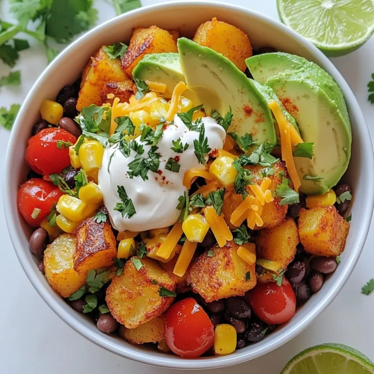 For the Loaded Potato Taco Bowl, you will need: - 4 medium russet potatoes, peeled and diced - 1 tablespoon olive oil - 1 cup black beans, rinsed and drained - 1 cup corn kernels, fresh or frozen - 1 cup cherry tomatoes, halved - 1 avocado, diced - 1 cup shredded cheddar cheese - ½ cup sour cream - Lime wedges, for serving These core items create a hearty base for your meal. The russet potatoes bring a creamy texture. The black beans add protein and fiber. The corn adds sweetness and crunch. You will also need these flavorful spices: - 1 teaspoon smoked paprika - 1 teaspoon garlic powder - 1 teaspoon onion powder - Salt and pepper to taste These spices give the potatoes a nice kick. Smoked paprika adds a subtle smokiness. Garlic and onion powder enhance the overall flavor. Salt and pepper bring everything together. Toppings make your bowl special. You can use: - ¼ cup fresh cilantro, chopped Fresh cilantro adds brightness to the dish. It gives a refreshing twist. You can also squeeze lime juice over the bowl. This adds a zesty flavor that balances the richness. With these ingredients, spices, and toppings, your Loaded Potato Taco Bowl will be bursting with flavor. {{ingredient_image_1}} Start by peeling and dicing the russet potatoes. Aim for small cubes, about half an inch. This size helps them cook evenly. In a large bowl, mix the diced potatoes with olive oil, smoked paprika, garlic powder, onion powder, salt, and pepper. Toss well to coat each piece. The spices add great flavor. Preheat your oven to 425°F (220°C). Spread the seasoned potatoes on a baking sheet lined with parchment paper. Make sure they are in a single layer. This helps them get crispy. Bake for 25-30 minutes, tossing them halfway through. Look for a golden brown color. You want them crunchy on the outside and soft inside. While the potatoes bake, prepare the toppings. In a medium bowl, combine the rinsed black beans, corn, and halved cherry tomatoes. Add a pinch of salt and pepper to taste. When the potatoes finish baking, let them cool for a few minutes. Now, grab individual bowls. Start with a layer of baked potatoes. Add the black bean mixture on top. Then, pile on the diced avocado and shredded cheddar cheese. Drizzle sour cream over everything. Finish by garnishing with fresh cilantro. Don’t forget the lime wedges on the side for squeezing! To get crispy potatoes, start by cutting them into even pieces. This helps them cook at the same rate. Toss the diced potatoes with olive oil and spices. The oil helps them crisp up in the oven. Spread them on a baking sheet in a single layer. Make sure they are not crowded. This allows hot air to circulate around them. Bake at 425°F (220°C) for 25-30 minutes. Toss them halfway to ensure they brown evenly. You can easily change the spice levels to fit your taste. If you like heat, add a pinch of cayenne pepper. For milder flavors, skip the heat. You can also mix in some chili powder for a deeper taste. Always taste as you go. This way, you can adjust as needed. Remember, you can add more spice later, but you can’t take it away. Layering your bowl adds flavor and makes it look good. Start with the crispy potatoes at the bottom. This base holds the other ingredients. Next, add the black bean mixture. Then, pile on the diced avocado and cheese. Finish with a drizzle of sour cream. Top with fresh cilantro for a pop of color and flavor. Serve with lime wedges on the side. Squeezing lime over the bowl brightens all the flavors. Enjoy your tasty creation! Pro Tips Perfectly Crispy Potatoes: To achieve the crispiest potatoes, ensure they are cut into similar-sized pieces and spread them out on the baking sheet without overcrowding. Flavor Your Beans: For an extra burst of flavor, sauté the black beans with a little cumin and lime juice before adding them to the bowl. Add Some Heat: If you like a bit of spice, consider adding jalapeños or a drizzle of hot sauce to your taco bowl. Make It Vegan: Substitute the cheese and sour cream with plant-based alternatives to create a delicious vegan version of this dish. {{image_2}} You can make this taco bowl fully vegetarian. Start by adding more veggies. Try bell peppers, zucchini, or spinach for added flavor and color. You can also swap the cheese for a plant-based option or simply use more avocado. These swaps keep the meal tasty and filling. If you want to add more protein, consider cooked chicken, beef, or turkey. Shredded rotisserie chicken works great. Just mix it in with the black beans and corn. For a spicy kick, try chorizo. It adds a nice flavor and goes well with the potatoes. For a dairy-free version, skip the cheese and sour cream. Use cashew cream or a dairy-free yogurt instead. You can also try nutritional yeast as a cheese substitute. It gives a cheesy taste without the dairy. This way, everyone can enjoy the loaded potato taco bowl! After you enjoy your loaded potato taco bowl, store any leftovers in an airtight container. Make sure to cool them down first. Place the bowl in the fridge. They will stay fresh for about 3 days. If you want to keep them longer, consider freezing the potatoes and toppings separately. To reheat, use the oven for the best results. Preheat it to 350°F (175°C). Spread the potatoes on a baking sheet. Heat for about 10-15 minutes until they are warm and crispy again. You can also use the microwave, but the potatoes may get soft. If you use the microwave, heat in short bursts, checking often to avoid overcooking. When you prepare this dish, make it easier by prepping some parts ahead of time. You can chop the veggies and store them in the fridge. Cook the potatoes and store them separately. This way, you can mix and match toppings each day. It keeps your meals fresh and exciting all week long! Yes, you can. Cook the potatoes and let them cool. Store in the fridge in an airtight container. When you are ready to eat, reheat the potatoes in the oven. This keeps them crispy. You can prepare the toppings in advance too. Just mix the beans, corn, and tomatoes. Keep them in a separate container. Assemble the bowls when you are ready to serve. If you want a substitute for sour cream, try plain yogurt. It has a similar texture and tangy taste. You can also use avocado or guacamole for a creamy option. For a dairy-free choice, use cashew cream or a plant-based yogurt. These options will still make your bowl delicious. To keep the potatoes crispy, start with dry diced potatoes. After washing, pat them down with a towel. Toss them in oil and seasonings right before baking. Spread them out on the baking sheet in a single layer. Bake them at a high temperature, around 425°F (220°C). Toss halfway to ensure even cooking. This will help you avoid soggy potatoes. This blog covered everything you need for tasty taco bowls. We talked about ingredients, like crispy potatoes, spices, and your favorite toppings. The step-by-step guide made the baking and assembly easy. I shared tips for perfect potatoes and more bowl variations. Remember, you can store leftovers and reheat them well. Taco bowls are fun, tasty, and customizable. Try this recipe and enjoy every bite!