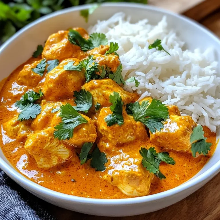 - 500g boneless chicken thighs, cut into bite-sized pieces - 1 cup plain yogurt - 2 tablespoons lemon juice - 4 garlic cloves, minced - 2 tablespoons ginger, grated - 2 teaspoons garam masala - 1 teaspoon ground cumin - 1 teaspoon ground coriander - 1 teaspoon turmeric powder - 1 teaspoon chili powder (adjust to taste) - Salt to taste - 3 tablespoons vegetable oil - 1 large onion, finely chopped - 1 can (400g) crushed tomatoes - 1 cup heavy cream - Fresh cilantro for garnish Chicken thighs are key for this dish. They stay juicy and rich. The marinade is what brings the flavor. You mix yogurt, lemon juice, garlic, and spices to create it. Letting the chicken soak in this mix is crucial. It makes the chicken tender and tasty. You also need basic cooking items. Vegetable oil helps sauté the onion. A large onion adds sweetness. Crushed tomatoes form the base of the sauce, and heavy cream gives it a rich texture. Don't forget fresh cilantro! It adds color and a fresh taste when you serve the dish. Each ingredient plays a role in making this Chicken Tikka Masala a delight. {{ingredient_image_1}} To create the marinade, start with a large bowl. Add 1 cup of plain yogurt. Then, pour in 2 tablespoons of lemon juice. Next, add 4 minced garlic cloves and 2 tablespoons of grated ginger. Now, it's time for the spices. Add 2 teaspoons of garam masala, 1 teaspoon of ground cumin, 1 teaspoon of ground coriander, 1 teaspoon of turmeric powder, and 1 teaspoon of chili powder. Mix all these ingredients well. Finally, sprinkle in some salt to taste. This mixture should be smooth and fragrant. Now, add the chicken pieces, about 500g, to the marinade. Make sure each piece gets coated. Cover the bowl with plastic wrap and place it in the fridge. Marinate for at least 1 hour, but overnight gives the best flavor. Heat 3 tablespoons of vegetable oil in a large skillet over medium-high heat. Once hot, add 1 finely chopped onion. Sauté it for about 5-7 minutes until it turns golden brown and soft. Next, take the marinated chicken from the fridge. Shake off any excess marinade before adding it to the skillet. Cook the chicken for about 8-10 minutes, browning it on all sides. Keep an eye on it, as you want that nice golden color. This step builds flavor for the dish. Once the chicken is browned, stir in 1 can of crushed tomatoes. Bring the mixture to a simmer. Cook for 10-15 minutes. This allows the chicken to cook through and the sauce to thicken. After that, reduce the heat to low. Stir in 1 cup of heavy cream. Let it cook for an additional 5 minutes. This will give your dish a rich and creamy texture. You can taste and add more salt if needed. Remove from heat and garnish with freshly chopped cilantro. Serve your Chicken Tikka Masala hot, and enjoy! Marinating chicken is key to great flavor. I suggest marinating for at least one hour. For the best taste, try overnight. This lets the spices soak in. Adjust spice levels to fit your taste. If you like heat, add more chili powder. Not a fan of spice? Cut back on it. You control the flavor! Use a large, heavy skillet. A cast-iron skillet works well. It heats evenly and helps brown the chicken. Manage your heat for best results. Start with medium-high heat to sear the chicken. This gives a nice color. Then lower the heat to simmer the sauce. This helps all flavors blend well. Serve Chicken Tikka Masala in a shallow bowl. This makes it look inviting. Pair it with fluffy basmati rice or warm naan bread. Garnish with freshly chopped cilantro. This adds color and freshness. A simple sprinkle can make your dish pop! Pro Tips Marination Time: The longer you marinate the chicken, the more flavorful it will be. Aim for at least 4 hours, or overnight for the best results. Balance the Heat: Adjust the chili powder to your spice preference. Start with less and add more if you like it spicier. Fresh Ingredients: Use fresh spices and herbs for a more vibrant flavor. Ground spices can lose potency over time. Serving Suggestions: This dish pairs wonderfully with basmati rice or naan. Consider adding a side of cucumber raita to cool the palate. {{image_2}} You can switch out chicken thighs for chicken breast for a leaner option. Chicken breast cooks faster, so watch it closely to avoid dryness. If you feel adventurous, try lamb instead. Lamb adds a rich flavor, making the dish unique. For those who need dairy-free meals, swap heavy cream for coconut milk. This keeps the dish creamy while adding a hint of sweetness. To make it gluten-free, ensure you use gluten-free spices and serve with rice instead of naan. Adding vegetables boosts nutrition and flavor. Try bell peppers, peas, or spinach for extra color and taste. You can also experiment with spices. For more heat, add extra chili powder or fresh chopped chilies. A pinch of cinnamon or a dash of smoked paprika can add depth. After cooking, let your Chicken Tikka Masala cool. Place it in an airtight container. You can keep it in the fridge for up to three days. This keeps the chicken juicy and the flavors intact. If you want to enjoy it later, make sure to store it quickly for best taste. To freeze your Chicken Tikka Masala, let it cool completely. Then, place it in a freezer-safe container. Label the container with the date. You can freeze it for up to three months. When you’re ready to eat, thaw it overnight in the fridge. Reheat it gently on the stove or in the microwave until hot. When reheating, do it slowly to keep the chicken tender. Use low heat on the stove or a medium setting in the microwave. Stir often to ensure even heating. If the sauce thickens, add a splash of water or cream. This keeps the dish creamy and delicious. Enjoy every bite! You can serve Chicken Tikka Masala with several tasty sides. Here are some great options: - Fluffy basmati rice - Warm naan bread - Raita (yogurt sauce) - Steamed vegetables - A fresh green salad These sides balance the rich flavors of the dish. They also add different textures to your meal. You can mix and match to find your favorite pairing. Yes, you can use store-bought tikka masala sauce. Here are the pros and cons: Pros: - Saves time and effort - Consistent taste and quality - Convenient for quick meals Cons: - May lack freshness - Can be too salty or sweet - Fewer custom flavor options If you choose to use a premade sauce, look for one with natural ingredients. This choice can help you avoid extra preservatives. The spice level in this Chicken Tikka Masala can be adjusted. The chili powder is key for heat. If you prefer a milder dish, use less chili powder. You can also add more spices for extra heat. Some ideas include: - Fresh chopped green chilies - A dash of cayenne pepper - More chili powder Taste as you cook, and adjust the spice to your liking. This way, you can create a dish that suits your palate perfectly. You learned the key ingredients for a tasty Chicken Tikka Masala. We covered how to marinate chicken, cook it, and finish your dish. I shared tips for perfecting the marinade and presented ideas to enhance both flavor and appearance. You can experiment with alternatives like lamb or make it dairy-free. Store leftovers properly for later enjoyment. Now, get cooking and enjoy your homemade Chicken Tikka Masala!
