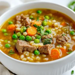 - 1 pound beef chuck, diced into 1-inch cubes - 1 tablespoon olive oil - 1 medium onion, chopped - 2 cloves garlic, minced - 2 carrots, diced - 2 celery stalks, diced - 1 cup pearl barley - 8 cups beef broth - 1 teaspoon dried thyme - 1 bay leaf - Salt and pepper to taste Beef chuck gives the soup a rich flavor. It holds up well when cooked. Pearl barley adds a chewy texture that feels good in every bite. The mix of onion, garlic, carrots, and celery brings a sweet base to the soup. Together, they create a warm and inviting aroma as they cook. The broth is key. Using beef broth enhances the flavor of the soup. Dried thyme adds a hint of earthiness, while the bay leaf brings depth. Seasoning with salt and pepper helps to balance the flavors. - 1 cup green peas (fresh or frozen) - 2 tablespoons chopped fresh parsley for garnish Green peas add a pop of color and sweetness. They are a nice touch in the last part of cooking. Fresh parsley is great for garnish. It adds a fresh flavor and makes the soup look appealing. - Large pot - Cutting board - Knife - Ladle You need a large pot to hold all the ingredients. A cutting board and knife help chop the veggies and meat. A ladle is perfect for serving the soup into bowls. Having the right tools makes cooking easier and more fun! {{ingredient_image_1}} First, we need to sear the beef. Heat 1 tablespoon of olive oil in a large pot over medium-high heat. Once the oil is hot, add 1 pound of diced beef chuck. Season it with salt and pepper. Sear the beef for about 5 to 7 minutes. You want it nice and brown on all sides. This step adds wonderful flavor to the soup. After browning, remove the beef from the pot and set it aside for later. Now, let's cook the vegetables. In the same pot, add your chopped onion, minced garlic, diced carrots, and diced celery. Sauté these for about 4 to 5 minutes. You want them to soften but not lose all their crunch. Next, stir in 1 cup of pearl barley. Toast it for about 1 to 2 minutes. This helps bring out the nutty flavor of the barley. It’s time to bring it all together. Return the browned beef to the pot. Then, add 8 cups of beef broth, 1 teaspoon of dried thyme, and 1 bay leaf. Bring this mixture to a boil. Once boiling, reduce the heat and let it simmer. Cover the pot and simmer for about 1 hour. Stir occasionally to keep it from sticking. The beef should be tender, and the barley should be fully cooked. In the last 10 minutes of cooking, add 1 cup of green peas to the pot. They can be fresh or frozen. This adds a nice pop of color and sweetness. Before serving, taste the soup and adjust the seasoning with more salt and pepper if needed. Ladle the soup into bowls and garnish with fresh parsley. Enjoy your hearty beef and barley soup! Choosing the right cut of beef I recommend using beef chuck. This cut has the right amount of fat and flavor. It becomes tender as it cooks. Avoid lean cuts; they won’t give you the same rich taste. Importance of searing for depth of flavor Always sear the beef before adding it to the soup. This step locks in juices and adds a nice brown color. The Maillard reaction occurs during searing, creating a deep flavor that enhances your soup. Best practices for simmering Simmering is key to a great soup. Keep the heat low and let it bubble gently. This method helps the flavors blend well. Stir occasionally to avoid sticking. A slow simmer cooks the beef and barley perfectly. Proper storage tips for leftovers Store leftover soup in airtight containers. Make sure to cool it first before refrigerating. It lasts up to three days in the fridge. For longer storage, freeze the soup in portions. This way, you can enjoy it later. Garnishing options Garnish your soup with fresh parsley. This adds a pop of color and freshness. You can also sprinkle a bit of black pepper or grated cheese. These touches make your soup look and taste even better. Complementary side dishes Pair the soup with crusty bread for dipping. A simple side salad also works well. Both sides balance the hearty soup. They add freshness and crunch, making your meal complete. Pro Tips Use Quality Beef: Choosing a good quality beef chuck will enhance the flavor and tenderness of your soup. Look for beef with good marbling for the best results. Don’t Rush the Browning: Allow the beef to sear properly before removing it from the pot. This step adds a rich depth of flavor to the soup. Adjust Consistency: If the soup is too thick for your liking, add more beef broth or water to achieve your desired consistency before serving. Fresh Herbs Add Flavor: Adding fresh parsley right before serving not only enhances the flavor but also adds a pop of color to your dish. {{image_2}} You can make this hearty soup in a slow cooker. First, sear the beef in a pan. This step adds deep flavor. After browning, place the beef in the slow cooker. Add the veggies, barley, broth, thyme, and bay leaf. Set the cooker on low for 8 hours. If you're in a hurry, use high for 4 hours. The beef will be tender, and the barley will cook perfectly. Using an Instant Pot speeds up cooking. Start by using the sauté function to brown the beef. After browning, add your veggies, barley, and broth. Seal the lid tightly. Cook on high pressure for 30 minutes. Once done, let it naturally release for 10 minutes. Then, you can release the rest of the pressure. Your soup will be ready to enjoy in no time! Want a meat-free soup? Swap the beef for mushrooms or lentils. Use vegetable broth instead of beef broth. You can still keep the barley for texture. Add more veggies like zucchini or bell peppers. This way, you get a rich, satisfying dish with loads of flavor. Enjoy the hearty taste without the meat! To keep your soup fresh, use airtight containers. I like glass jars or plastic containers. Make sure to let the soup cool before sealing it. This step helps prevent moisture buildup. If you want to freeze the soup, pour it into freezer-safe bags or containers. Leave some space at the top for expansion. When you're ready to eat, thaw in the fridge overnight. Reheat on the stove for best results. Stir well and check the temperature. In the fridge, the soup lasts about 3 to 4 days. If you freeze it, you can enjoy it for up to 3 months. Just remember to label your containers with the date. This way, you keep track of your meals. Beef & Barley Soup lasts for about 3 to 4 days in the fridge. To store it well, let the soup cool first. Then, place it in an airtight container. This keeps it fresh and stops it from absorbing other smells. When you're ready to eat, just reheat it on the stove or in the microwave. Yes, you can use different meats in this soup. Some great options are chicken, turkey, or pork. Each meat gives its own flavor. If you choose chicken, use chicken thighs for best results. For pork, a shoulder cut works well. Just remember, cooking times may change based on the meat you use. Traditional barley soup is not gluten-free because it contains barley. However, you can make it gluten-free. Try using quinoa or rice instead of barley. Both will add a nice texture and flavor. Be sure to check your broth for gluten too; some brands add gluten as a thickener. Beef and barley soup is simple to make with the right steps. We began by exploring key ingredients, like tender beef chuck and hearty pearl barley. I shared tips for cooking, from searing beef to adding fresh vegetables. You can try variations, like using an Instant Pot or a meat substitute. Proper storage keeps leftovers fresh for longer. This comforting meal offers warmth and nutrition, perfect for any day. Enjoy your cooking, and make this recipe your own!